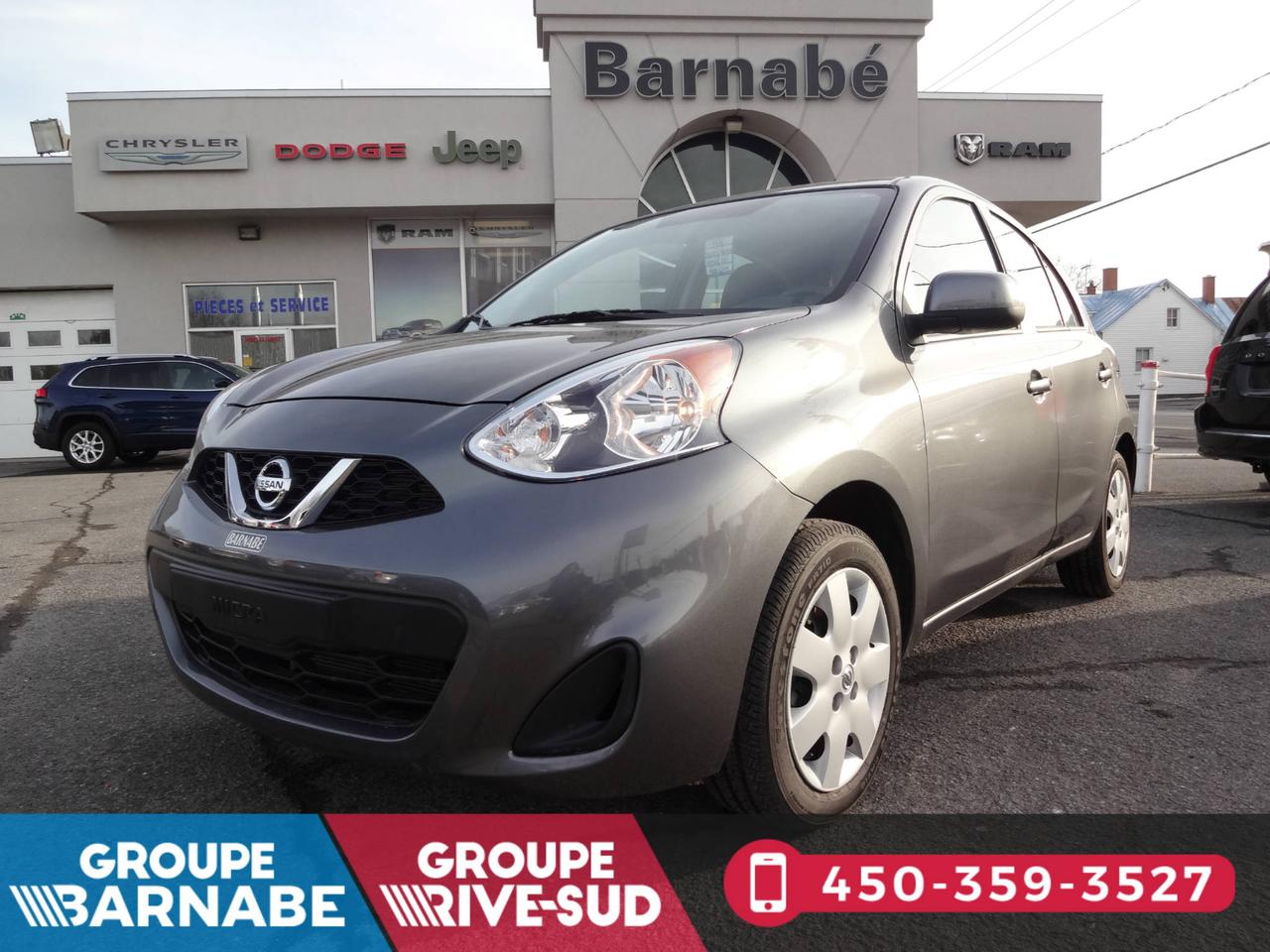 <a href=https://www.barnabe.ca/occasion/Nissan-Micra-2017.html>https://www.barnabe.ca/occasion/Nissan-Micra-2017.html</a>

NISSAN MICRA S
ÉCONOMIE DE CARBURANT

6,8 route 8,7 ville*

6,8 ROUTE 8,7 VILLE*

CARACTÉRISTIQUES	
BOÎTE AUTOMATIQUE À 4 RAPPORTS,
GROUPE ÉLECTRIQUE,
AIR CONDITIONNÉ,
SIÈGE ARRIÈRE RABATTABLE 60/40
CHAÎNE AUDIO AVEC RADIO AM/FM, LECTEUR CD ET PRISE AUXILIAIRE.
JANTES EN ACIER DE 15 X 5.5 PO AVEC ENJOLIVEURS.

4 CYLINDRE À DACT  1,6 L.

PRIX ALG DE LA MEILLEURE VALEUR RÉSIDUELLE 2016 DANS LE SEGMENT DES VOITURES CITADINES LALG A HONORÉ LA MICRA POUR SON EXCELLENTE CONCEPTION PRATIQUE, SON STYLE ET SA VALEUR POUR LA TROISIÈME ANNÉE CONSÉCUTIVE EN PRÉDISANT QUE VOUS EN AUREZ PLUS POUR VOTRE ARGENT MÊME DANS LES ANNÉES À VENIR.