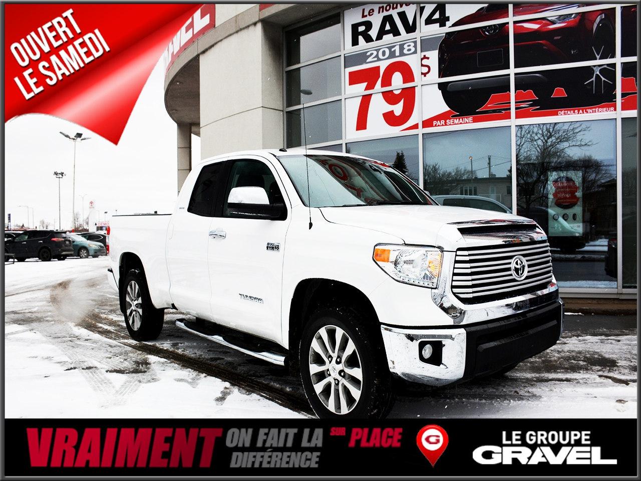 <a href=https://www.graveltoyota.com/occasion/Toyota-Tundra-2016.html>https://www.graveltoyota.com/occasion/Toyota-Tundra-2016.html</a>

Jamais Accidenté ! Un Seul Propriétaire! BLUETOOTH - CAMÉRA DE RECUL - 4X4 - CUIR - SIÈGES CHAUFFANT ÉLECTRIQUE - BAS KM Condition générale exceptionnelle et l`inspection certifiée de TOYOTA est complétée. 2e ET 3e CHANCE AU CRÉDIT SUR PLACE.   Ouvert le samedi de 10h / 16h. Véhicules doccasion certifiés en plus de 100 points mécanique et esthétique.   Un rapport CARPROOF sans frais supplémentaire!  GRAVEL TOYOTA ST-LÉONARD fait vraiment la différence sur place, venez nous mettre au défi.   www.gravelauto.com.  GRAVEL TOYOTA ST-LÉONARD na quun seul but, celui de donner le meilleur service après-vente et les meilleurs prix.   Tous nos véhicules sont inspectés, certifiés en 100 points et chez GRAVEL TOYOTA ST-LÉONARD, on ne lésine pas avec la sécurité. Venez constater par vous-même la qualité de tous nos véhicules d`occasion.  LE GROUPE GRAVEL, DEPUIS 1952 Pour un service sans limite! www.gravelauto.com.  Nous répondons aux demandes dinformations par courriel 7/7 jours. Livraison partout au Québec!  //////////////////////////////////////////////////////////////////////////////////////////////////////////////////////////////////////////////////////////  Never been accidented! Only one owner ! Great overall condition and certified Toyota inspection completed. 2nd and 3rd chance credit available. Open on Saturdays from 10am to 4pm. Certified used vehicles with 100 point mechanical inspections. Carproof at no extra cost! Free limo service!   GRAVEL TOYOTA ST-LÉONARD has one main goal : to give the best customer service with the best prices. Our dedicated sales team at GRAVEL TOYOTA ST-LÉONARD will make your car shopping experience a dream. Come see us at GRAVEL TOYOTA ST-LÉONARD.  Le Groupe Gravel, in business since 1952....For a service with no limits: www.gravelauto.com.  We will respond to your questions 7/7 days. Vehicles can be delivered anywhere in Quebec