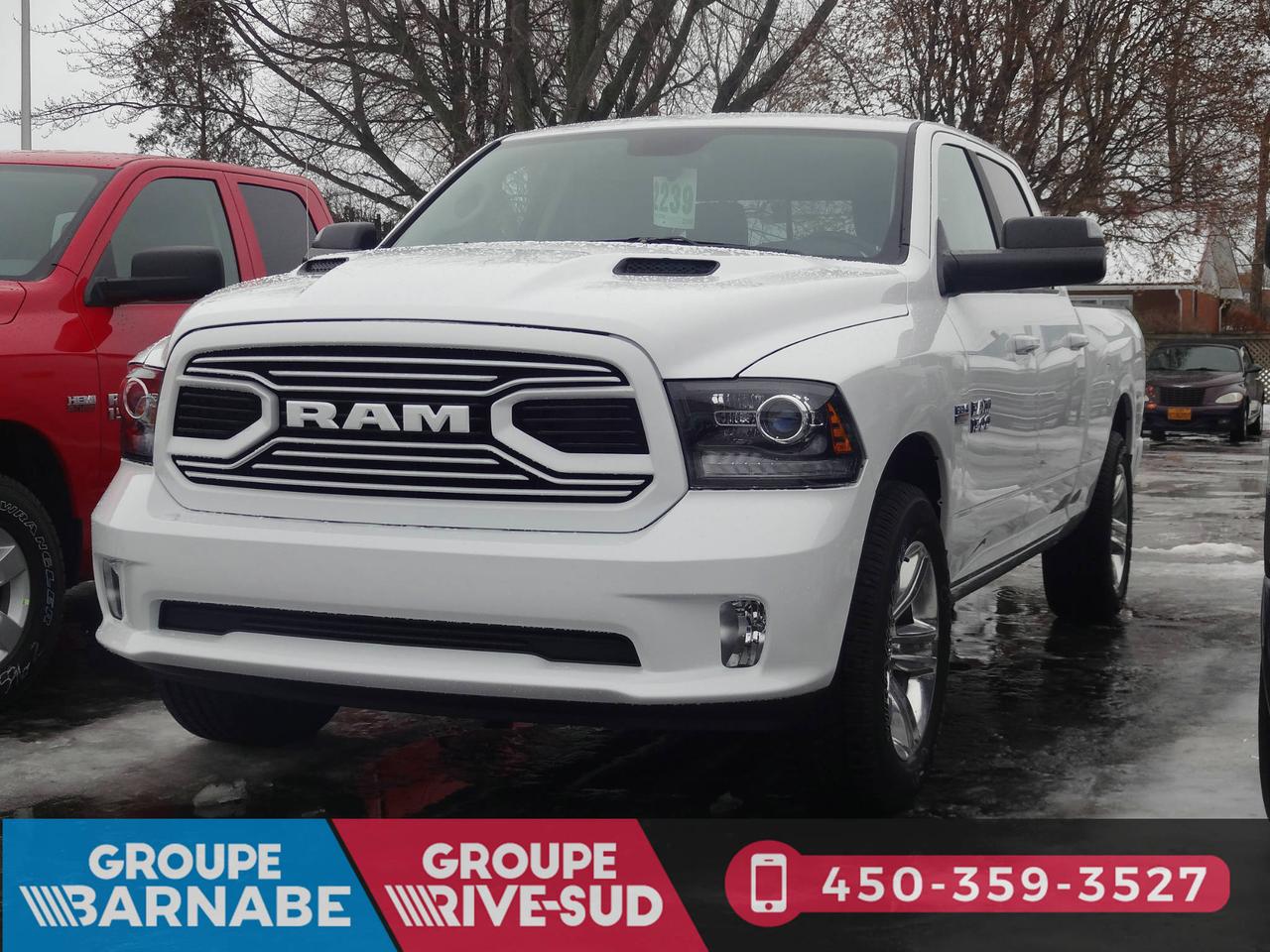 <a href=https://www.barnabe.ca/occasion/RAM-1500-2018.html>https://www.barnabe.ca/occasion/RAM-1500-2018.html</a>

RAM 1500 Sport cabine déquipe 4x4 caisse de 6 pi 4 po 2018

~ NEUF ~

V8 de 5,7 L ST HEMI 
395 ch
Transmission automatique 8 vitesses avec surmultiplication 
Système de freinage antiblocage aux 4 roues 
Assistance au freinage durgence 
Antipatinage 
Pneus P275/60SR20LCBR 
Chauffe-moteur 
Contrôle électronique de la stabilité 
Climatisation 
Radio AM/FM/satellite SiriusXM
Verrouillage sécurité-enfants aux portes arrière 
Rétroviseurs ext. jumelés chauffants à réglage électrique de lintérieur 
Essuie-glaces à balayage intermittent à cadence variable 
Roues en aluminium poli avec contrastes peints 
Antidémarreur Sentry Key 
Tachymètre 
Ordinateur de voyage 
Conduits sous les sièges 
Baquets avant inclinables 
Banquette arrière rabattable divisée 60/40
Doublure de caisse pulvérisée 
Caméra de recul ParkView 
Capot sport de performance 
Rapport de pont arrière de 3,92 
Ensemble rétroviseurs et freins de remorquage 
Blanc éclatant 
Sièges baquets avant en tissu avec supports en vinyle Noir

Garantie

pare-chocs à pare-chocs: 36 mois/60 000 km 
Groupe motopropulseur: 60 mois/100 000 km 
perforation par la corrosion: 60 mois/160 000 km 
assistance routière: 60 mois/100 000 km

~ POUR PRENDRE RENDEZ-VOUS POUR UN ESSAI ROUTIER OU POUR OBTENIR PLUS DE DÉTAILS, VOUS POUVEZ COMMUNIQUER AU : 450-245-3313. 

PRIX ÉTABLI AVEC UN FINANCEMENT À TAUX RÉGULIER! ~1ERE, 2E ET 3E CHANCE AU CRÉDIT!! AUCUN CAS REFUSÉ!! FINANCEMENT ET GARANTIE DISPONIBLE SUR PLACE!! 

NOUS REPRENONS TOUS VOS ÉCHANGES, MOTO - VTT - BATEAU - ROULOTTE - MOTORISÉ!!