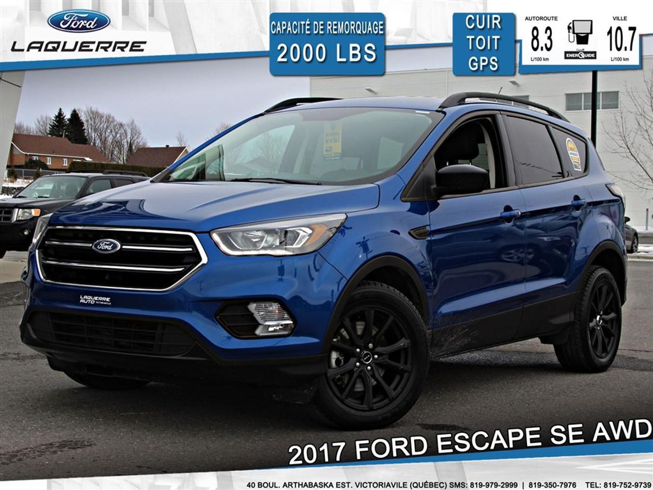 <a href=https://www.laquerreford.com/occasion/Ford-Escape-2017.html>https://www.laquerreford.com/occasion/Ford-Escape-2017.html</a>

VÉHICULE JAMAIS ACCIDENTÉ !!  - ENTIÈREMENT ÉQUIPÉ !!  - PNBV : 2195  - TAILLE DORIGINE DES PNEUS : 235/45 R19  - MOTEUR DE 2.0L  - CAPACITÉ DE REMORQUAGE : 2 000 LBS    - VERROUILLAGE DES PORTES PAR CODE  - VITRES ÉLECTRIQUES  - MIROIRS ÉLECTRIQUES / CHAUFFANTS  - PHARES AUTOMATIQUES  - COMMANDES AU VOLANT  - COMMANDES VOCALES  - CONNECTIVITÉ BLUETOOTH  - RÉGULATEUR DE VITESSE  - SYSTÈME ANTIPATINAGE  - NAVIGATION  - CAMERA DE RECUL  - SONAR DE RECUL  - CLIMATISATION 2 ZONES  - SIÈGES ÉLECTRIQUES / CHAUFFANTS  - TOIT PANORAMIQUE  - HAYON ÉLECTRIQUE  - RADIO CD / SATELLITE  - RÉGULATEUR DE TEMPÉRATURE AUTOMATIQUE  - SÉLECTEUR DE VITESSES AU VOLANT  - PRISE USB / AUXILIAIRE / 12 VOLTS    **** LAQUERRE AUTO, LE PLUS GROS INVENTAIRE DE VÉHICULES DOCCASION DES BOIS-FRANCS *** 1ÈRE, 2IÈME ET 3IÈME CHANCE AU CRÉDIT **** TAUX DINTÉRÊT À PARTIR DE 3.99% **** LIVRAISON LE JOUR MÊME **** NOUS LIVRONS PARTOUT AU QUEBEC **** CONTACTEZ NOUS PAR TÉLÉPHONE : 1-866-928-7165 OU PAR TEXTO : 1-819-979-2999 / 1-819-350-7976****