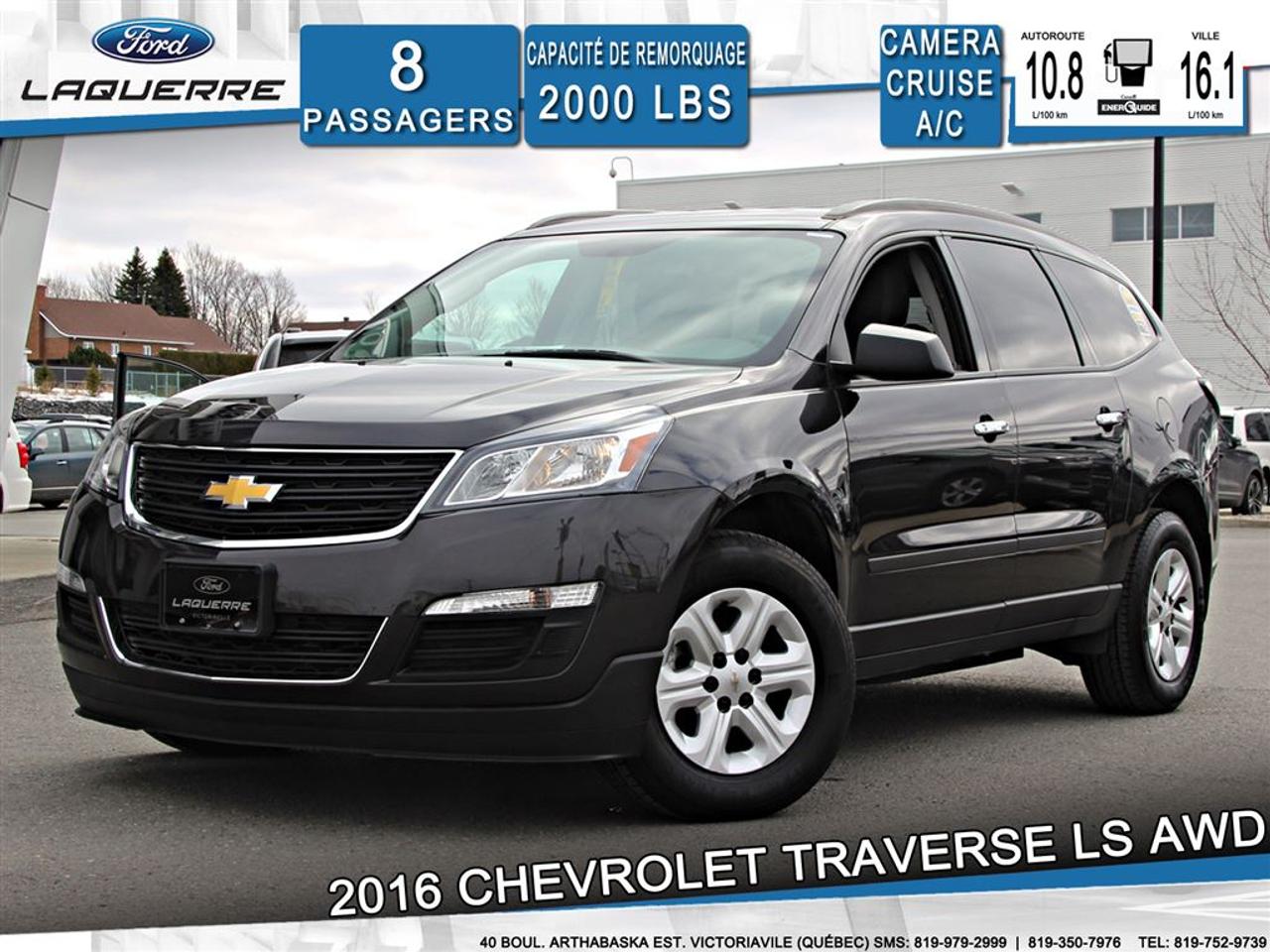 <a href=https://www.laquerreford.com/occasion/Chevrolet-Traverse-2016.html>https://www.laquerreford.com/occasion/Chevrolet-Traverse-2016.html</a>

VÉHICULE JAMAIS ACCIDENTÉ !!  - BIEN ÉQUIPÉ !!  - PNBV : 2930  - TAILLE DORIGINE DES PNEUS : 245/70 R17  - MOTEUR DE 3.6L  - CAPACITÉ DE REMORQUAGE : 2 000 LBS    - VITRES ÉLECTRIQUES  - MIROIRS ÉLECTRIQUES / CHAUFFANTS  - PHARES AUTOMATIQUES  - COMMANDES AU VOLANT  - COMMANDES VOCALES  - CONNECTIVITÉ BLUETOOTH  - RÉGULATEUR DE VITESSE  - SYSTÈME ANTIPATINAGE  - CAMERA DE RECUL  - CLIMATISATION  - RADIO CD / SATELLITE  - PRISE USB / AUXILIAIRE / 12 VOLTS    **** LAQUERRE AUTO, LE PLUS GROS INVENTAIRE DE VÉHICULES DOCCASION DES BOIS-FRANCS *** 1ÈRE, 2IÈME ET 3IÈME CHANCE AU CRÉDIT **** TAUX DINTÉRÊT À PARTIR DE 3.99% **** LIVRAISON LE JOUR MÊME **** NOUS LIVRONS PARTOUT AU QUEBEC **** CONTACTEZ NOUS PAR TÉLÉPHONE : 1-866-928-7165 OU PAR TEXTO : 1-819-979-2999 / 1-819-350-7976****