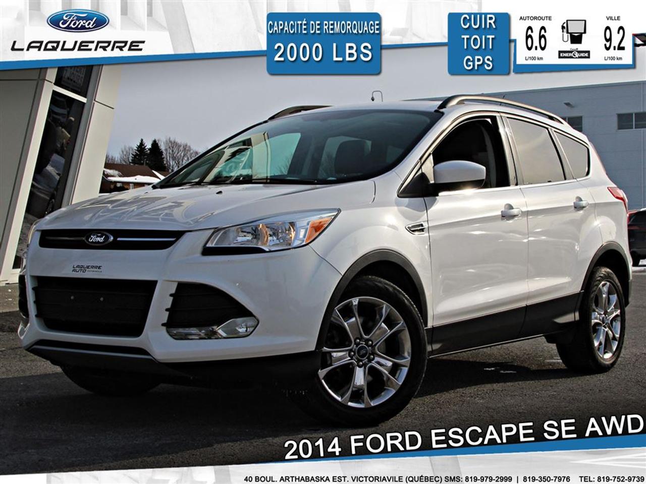 <a href=https://www.laquerreford.com/occasion/Ford-Escape-2014.html>https://www.laquerreford.com/occasion/Ford-Escape-2014.html</a>

VÉHICULE JAMAIS ACCIDENTÉ !!  - BIEN ÉQUIPÉ !!  - PNBV : 2159  - TAILLE DORIGINE DES PNEUS : 235/50 R18  - MOTEUR DE 1.6L  - CAPACITÉ DE REMORQUAGE : 2 000 LBS    - VERROUILLAGE DES PORTES PAR CODE  - VITRES ÉLECTRIQUES  - MIROIRS ÉLECTRIQUES / CHAUFFANTS  - PHARES AUTOMATIQUES  - COMMANDES AU VOLANT  - COMMANDES VOCALES  - CONNECTIVITÉ BLUETOOTH  - RÉGULATEUR DE VITESSE  - SYSTÈME ANTIPATINAGE  - NAVIGATION  - CAMERA DE RECUL  - SONAR DE RECUL  - CLIMATISATION 2 ZONES  - SIÈGES ÉLECTRIQUES / CHAUFFANTS  - TOIT PANORAMIQUE  - RADIO CD / SATELLITE  - RÉGULATEUR DE TEMPÉRATURE AUTOMATIQUE  - PRISE USB / AUXILIAIRE / 12 VOLTS    **** LAQUERRE AUTO, LE PLUS GROS INVENTAIRE DE VÉHICULES DOCCASION DES BOIS-FRANCS *** 1ÈRE, 2IÈME ET 3IÈME CHANCE AU CRÉDIT **** TAUX DINTÉRÊT À PARTIR DE 3.99% **** LIVRAISON LE JOUR MÊME **** NOUS LIVRONS PARTOUT AU QUEBEC **** CONTACTEZ NOUS PAR TÉLÉPHONE : 1-866-928-7165 OU PAR TEXTO : 1-819-979-2999 / 1-819-350-7976****