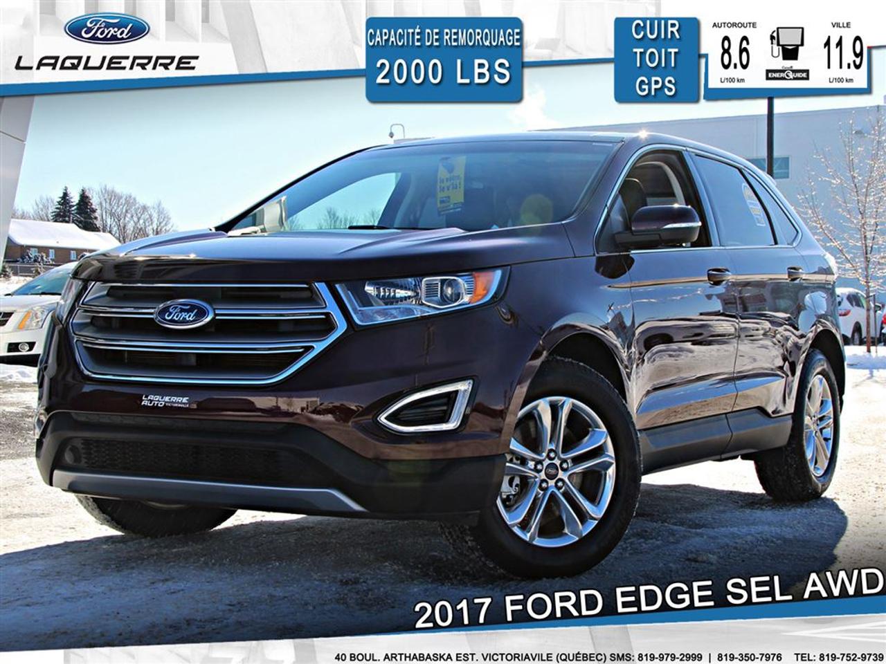 <a href=https://www.laquerreford.com/occasion/Ford-Edge-2017.html>https://www.laquerreford.com/occasion/Ford-Edge-2017.html</a>

VÉHICULE JAMAIS ACCIDENTÉ !!  - ENTIÈREMENT ÉQUIPÉ !!  - PNBV : 2549  - TAILLE DORIGINE DES PNEUS : 245/60 R18  - MOTEUR DE 3.5L  - CAPACITÉ DE REMORQUAGE : 2 000 LBS    - VERROUILLAGE DES PORTES PAR CODE  - VITRES ÉLECTRIQUES  - MIROIRS ÉLECTRIQUES / CHAUFFANTS  - PHARES AUTOMATIQUES  - COMMANDES AU VOLANT  - COMMANDES VOCALES  - CONNECTIVITÉ BLUETOOTH  - RÉGULATEUR DE VITESSE  - SYSTÈME ANTIPATINAGE  - NAVIGATION  - CAMERA DE RECUL  - SONAR DE RECUL  - CLIMATISATION 2 ZONES  - SIÈGES ÉLECTRIQUES / CHAUFFANTS  - TOIT PANORAMIQUE  - HAYON ÉLECTRIQUE  - RADIO CD / SATELLITE  - RÉGULATEUR DE TEMPÉRATURE AUTOMATIQUE  - PRISE USB / AUXILIAIRE / 12 VOLTS    **** LAQUERRE AUTO, LE PLUS GROS INVENTAIRE DE VÉHICULES DOCCASION DES BOIS-FRANCS *** 1ÈRE, 2IÈME ET 3IÈME CHANCE AU CRÉDIT **** TAUX DINTÉRÊT À PARTIR DE 3.99% **** LIVRAISON LE JOUR MÊME **** NOUS LIVRONS PARTOUT AU QUEBEC **** CONTACTEZ NOUS PAR TÉLÉPHONE : 1-866-928-7165 OU PAR TEXTO : 1-819-979-2999 / 1-819-350-7976****