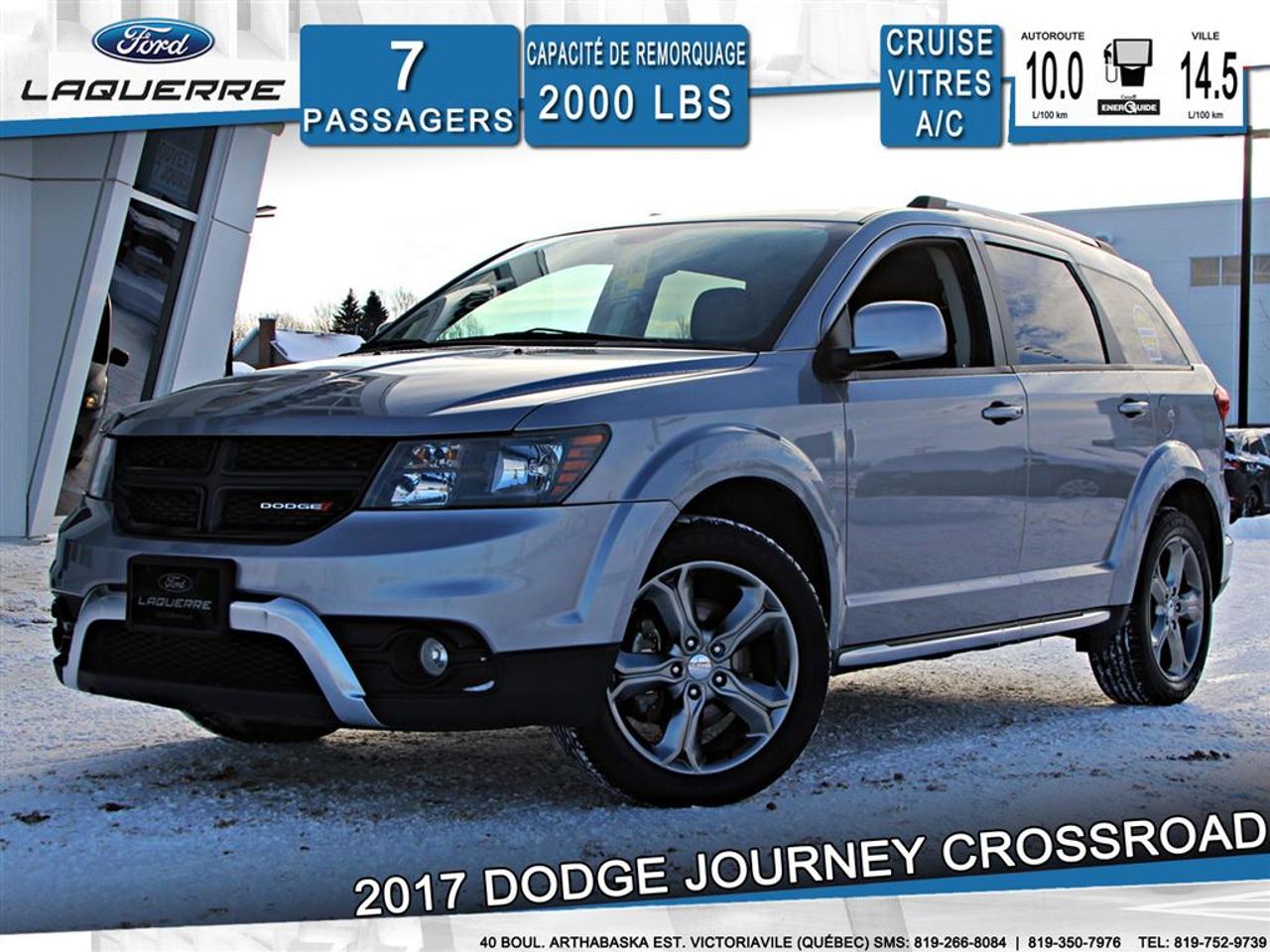 <a href=https://www.laquerreford.com/occasion/Dodge-Journey-2017.html>https://www.laquerreford.com/occasion/Dodge-Journey-2017.html</a>

VÉHICULE JAMAIS ACCIDENTÉ !!  - BIEN ÉQUIPÉ !!  - PNBV : 2541  - TAILLE DORIGINE DES PNEUS : 225/55 R19  - MOTEUR DE 3.6L  - CAPACITÉ DE REMORQUAGE : 2 000 LBS    - VITRES ÉLECTRIQUES  - MIROIRS ÉLECTRIQUES / CHAUFFANTS  - PHARES AUTOMATIQUES  - COMMANDES AU VOLANT  - COMMANDES VOCALES  - CONNECTIVITÉ BLUETOOTH  - RÉGULATEUR DE VITESSE  - SYSTÈME ANTIPATINAGE  - CLIMATISATION 2 ZONES  - SIÈGES CHAUFFANTS  - RADIO CD / SATELLITE  - PUSH START BUTTON  - PRISE USB / AUXILIAIRE / 12 VOLTS    **** LAQUERRE AUTO, LE PLUS GROS INVENTAIRE DE VÉHICULES DOCCASION DES BOIS-FRANCS *** 1ÈRE, 2IÈME ET 3IÈME CHANCE AU CRÉDIT **** TAUX DINTÉRÊT À PARTIR DE 3.99% **** LIVRAISON LE JOUR MÊME **** NOUS LIVRONS PARTOUT AU QUEBEC **** CONTACTEZ NOUS PAR TÉLÉPHONE : 1-866-928-7165 OU PAR TEXTO 1-819-350-7976 / 1-819-266-8084 ****