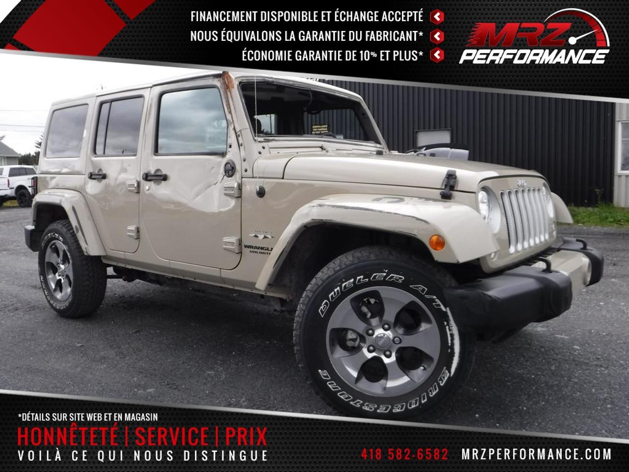 <a href=https://www.autoaubaine.com/Jeep-Wrangler-c6942016.html>https://www.autoaubaine.com/Jeep-Wrangler-c6942016.html</a>

** GARANTIE 3ans/60 000km sur lensemble du véhicule et 5ans/100 000km moto-propulseur à partir de la dms si remis à neuf chez MRZ ou 5ans/100 000km moto-propulseur seulement à partir de la dms si acheté endommagé ** ÉCONOMIE GARANTIE DE 10% et même plus dans la majorité des cas! ** Service inégalé - Financement avantageux - Échanges acceptés - On équivaut la garantie dorigine! ** Cest LENGAGEMENT MRZ - découvrez en tous les avantages au www.MRZPERFORMANCE.com et en magasin ** 

Jeep Wrangler Unlimited Sahara 2017 couleur Beige sable avec intérieur en cuir brun. La plus belle couleur disponible sur le marché!!  Un superbe Jeep tout équipé avec lintérieur en cuir, GPS, Système audio ALPINE et encore plus! Véhicule très populaire, ne manquer pas la chance de vous procurez ce beau petit jouet! Il est a létat neuf! EXTRA CLEAN!! Un autre beau Wrangler dans notre bel inventaire de Jeep légèrement accidenté!! - * Visitez le WWW.MRZPERFORMANCE.COM pour tous les détails et beaucoup plus de photos! * ÉTAT NEUF avec seulement 15 500 km - 4x4 Lo/Hi - Moteur V6 3.6l nouvelle génération avec transmission automatique - Très puissant, près de 300HP!! - Mags 18 avec pneus Bridgestone Dueler en très bonne état!! - Modèle Sahara FULL ÉQUIP : Vitres teintées - Commandes au volant - Prise 12V / 115V - Lecteur CD/MP3 - Wiper intermittents - Cruise control - Prise USB - Sélecteur 4WD/2WD - Fog lights - Moulures dailes peinturés - Toit dur peinturé - Miroirs électriques et chauffants - Vitres électriques - Bluetooth - Système navigation GPS avec grosse écran tactile - Sirius - A/C - Console centrale - Chauffe moteur - Jeep UConnect - Door lock - Sièges avant chauffants - 1X Clé avec Démarreur OEM - Automatique - Système audio ALPINE avec sub - Intérieur en cuir brun - Towing package - Lumières avant au LED - etc! Accidenté léger sur les 2X Cotés du véhicule. Pour la réparation, Besoin des 2X Portes droites, Miroir droit, Cadre de parebrise avec le Parebrise, 2X Moulures dailes avant, Marchepied cabine gauche, Aile avant gauche (ou a réparé), Couvert bumper avant, Porte arrière gauche (ou a réparé), 2X Moulures daile arrière et les Penture porte arrière droit. A réparé: Poteau centrale droit (léger), Quater droit et la Porte arrière droit (léger). Le toit dure est a réparé ou changé au gout du client. Les Mags sont égratignés. Le Bumper arrière est grafigné. Aucun impact dans le devant. Tous les Radiateurs sont pleins et intacts. Ce superbe Jeep est présenté tel que nous lavons acheté, pas étiré et pas camouflé comme chez la compétition. Aucun camouflage de dommages sur nos véhicules! Très peu de dommages et très facile a réparé sans se ruiner. Tous les Ballons et les Ceintures sont intacts. Différentiels intacts!! Pas de gros frame à faire sur ce véhicule (toujours mieux de vérifier tout de même). Nous pouvons vous fournir les pièces nécessaires à la réparation de ce véhicule à prix très compétitif. Disponible tel quel ou réparé par des professionnels et inspecté par la SAAQ - Vraiment un superbe Wrangler Sahara tout équipé. À NE PAS MANQUER!! VUS en demande!! Vraiment comme neuf!! Seul. 15 500km au compteur!! Condition impeccable!! CE JEEP NA JAMAIS FAIS DE HORS ROUTE!! ULTRA CLEAN ! On vous met au défi de trouver meilleur qualité prix chez la concurrence!! Valeur neuf de plus de 50 600$ sur la feuille vitre Jeep!! ** VGA CANADIEN / SALVAGE TITLE ** - Plusieurs autres VUS ET CAMIONNETTES en inventaire - AUCUN CAMOUFLAGE DE DOMMAGES SUR NOS VÉHICULES! *** Membres AMVOQ - Venez nous voir ou allez visiter notre site internet pour plus dinformations! Automobiles MRZ, la référence dans laccidenté léger au Québec WE SPEAK ENGLISH PLEASE CONTACT US - MRZ IS THE VEHICLE CAR EXPORT and IMPORT SPECIALIST - USA - AFRICA - MIDDLE EAST - EUROPE - MRZ EST LE SPÉCIALISTE EN EXPORTATION et IMPORTATION DE VÉHICULES - USA - AFRIQUE - EUROPE - PROCHE ORIENT ! Visitez-nous aussi sur Facebook! Merci!