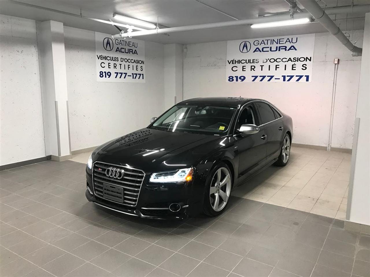 <a href=https://www.gatineauacura.com/occasion/Audi-S8-2015.html>https://www.gatineauacura.com/occasion/Audi-S8-2015.html</a>

4.0T TWIN TURBO 520HP         0-100 4.0s         21 5-arm Structure alloy wheels     LED daytime running lights     LED headlights     Highbeam assistant     Headlight washers     Integrated all-weather light function     LED tail lights     Glass sunroof     Power trunk open/close     Movement activated trunk open     Power assisted doors closing     Electrically foldable auto dimming heated exterior mirrors     Integrated LED mirror turn signals     4-zone automatic climate control     3-spoke mu-fu heated leather steering wheel w/paddles     Valcona leather seat surfaces     18-way power front seats     Electric tilt & telescopic steering wheel adjustment     4-way power lumbar support for fr seats     Front seats memory     Heated front and rear seats     Ventilated front seats     Massage function for front seats     Load-through provision     Auto-dimming interior mirror w/compass     Audi MMI® Navigation plus     Electric sunshade for rear and rear side windows     Bose® sound system with 14 speakers     SIRIUS® satellite radio     Audi MMI® Touch with hand-writing recognition     Bluetooth® interface     Audi music interface (AMI)     Colour driver information system display     Homelink     Rain & light sensor     Advanced key with start button     Front & rear parking system     Top view camera     Cruise control     Audi pre-sense rear     Audi side assist     Audi drive select         UPGRADES:         Audi head-up display     Audi active lane assist     Audi pre-sense plus     Adaptive cruise control with stop & go function            ACURA GATINEAU VOTRE REFERENCE EN MATIERE DE VEHICULE DOCCASION DE LUXE        GATINEAU ACURA YOUR REFERENCE IN LUXURY USED VEHICLES