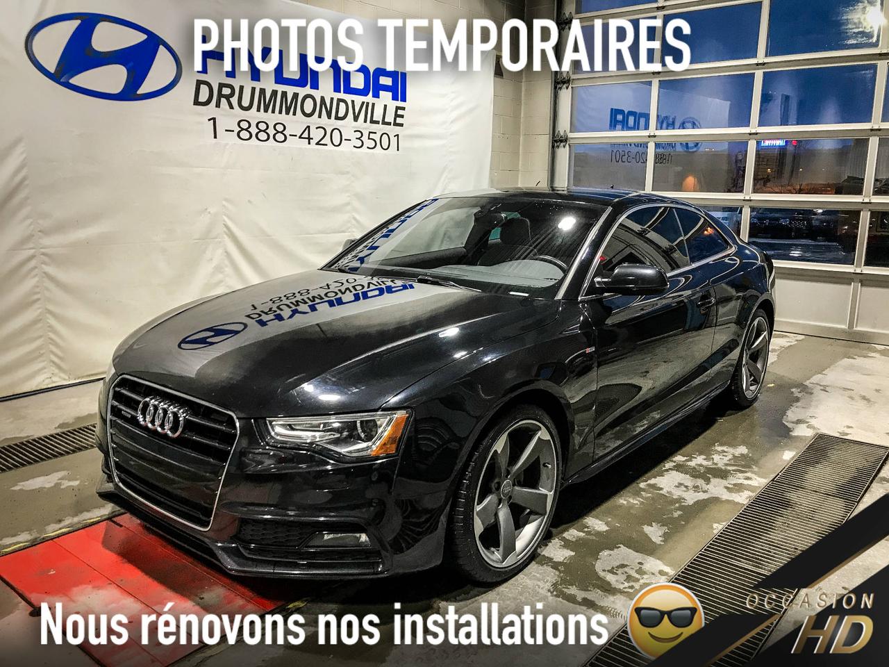 <a href=https://www.hyundaidrummondville.com/occasion/Audi-A5-2014.html>https://www.hyundaidrummondville.com/occasion/Audi-A5-2014.html</a>

RARE ~ AUDI A5 PROGRESSIV 2014 AUTOMATIQUE ** EXCLUSIVE LINE ** SEULEMENT 40 UNITÉS PRODUITES ** UN PROPRIÉATIRE ** PEINTURE PHANTOM BLACK PEARL, SIÈGES SPORT CHAUFFANTS EN CUIR 2 TON NOIR/ALABASTER WHITE, NAVIGATION, JANTES 19 POUCES TITANIUM, SYSTÈME DE SON BANG&OLUFSEN, AUDI DRIVE SELECT, TOIT PANO ET BIEN PLUS !! CETTE SPORTIVE DE LUXE POSSÈDE UN MOTEUR TURBO DE 2.0 LITRES DÉVELOPPANT 220 CHEVAUX ET 258 LBS DE COUPLE !! ELLE EST ÉQUIPÉ DE LA TRANSMISSION AUTOMATIQUE S-TRONIC AINSI QUE LA TRACTION INTÉGRAL QUATTRO !! ELLE EST RECONNUE POUR SON HABITACLE DE HAUTE QUALITÉ TOUT ÉQUIPÉ, SON DESIGN SPORTIF ET ÉLÉGANT ET CES PERFORMANCES DE CONDUITE SAISISSANTES !! A VOIR ABSOLUMENT !!

POUR PRENDRE RENDEZ-VOUS POUR UN ESSAI ROUTIER OU POUR OBTENIR PLUS DE DÉTAILS, VOUS POUVEZ COMMUNIQUER SANS FRAIS AU : 1-888-420-3501, VIA MESSAGERIE TEXTE OU APPEL AU 819 314-6555 OU PAR COURRIEL AU USAGE@HYUNDAIDRUMMONDVILLE.CA EN TOUT TEMPS MÊME LES SOIRS ET LES FINS DE SEMAINE !! PRIX ÉTABLI AVEC UN FINANCEMENT À TAUX RÉGULIER !!

NOUS SOMMES LA CONCESSION AU CENTRE DU QUÉBEC !! 1H DE MONTRÉAL   1H DE SHERBROOKE   1H DE TROIS-RIVIÈRES   1H45 DE QUÉBEC !! LE VÉHICULE QUE VOUS RECHERCHEZ À PORTÉ DE MAIN !!

1ERE, 2E ET 3E CHANCE AU CRÉDIT !! AUCUN CAS REFUSÉ !!
FINANCEMENT ET GARANTIE DISPONIBLE SUR PLACE !!
NOUS REPRENONS TOUS VOS ÉCHANGES, MOTO - VTT - BATEAU - ROULOTTE - MOTORISÉ - AVION   QUADRIPORTEUR !!
