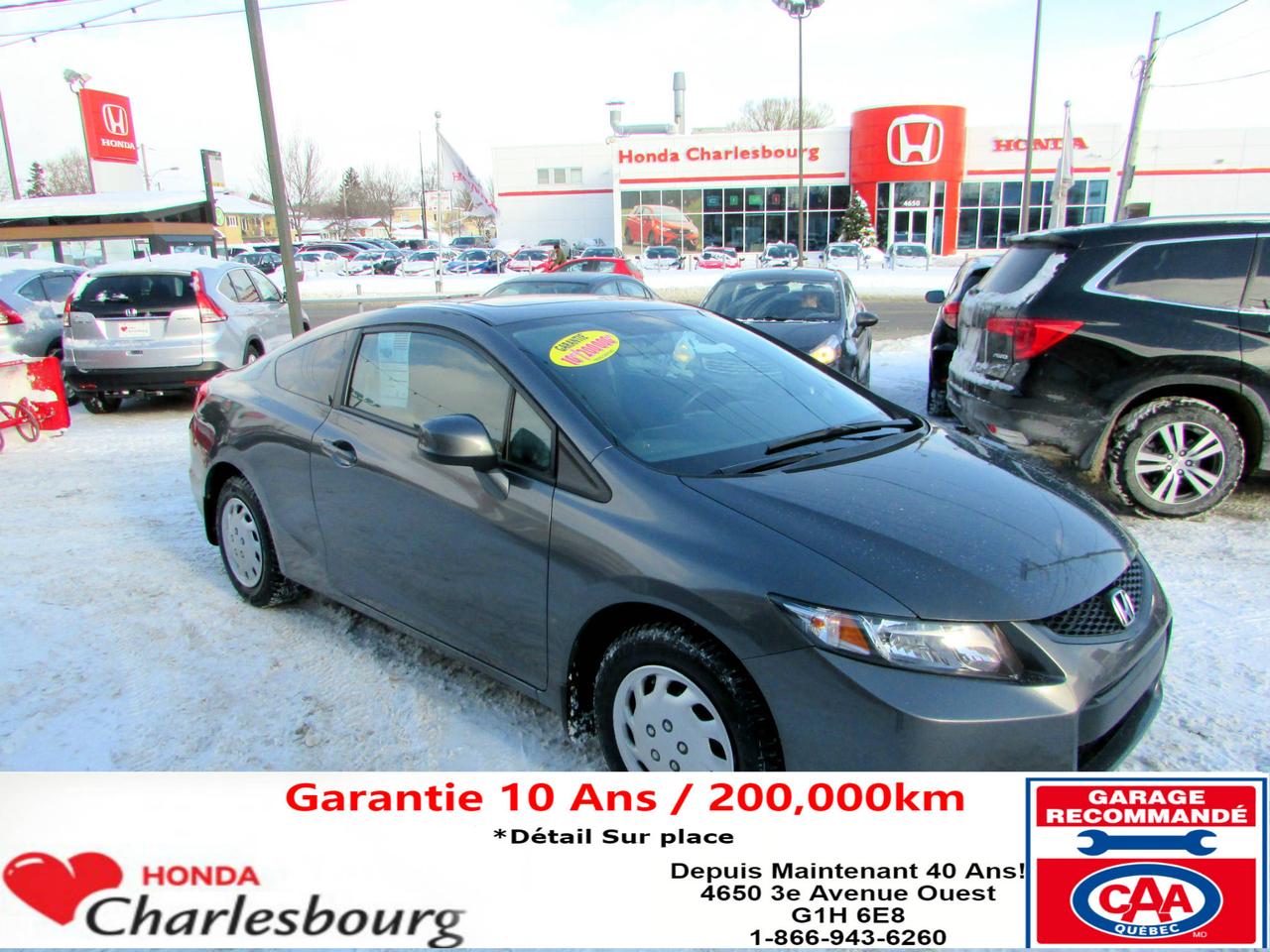 <a href=https://www.hondacharlesbourg.com/occasion/Honda-Civic-2013.html>https://www.hondacharlesbourg.com/occasion/Honda-Civic-2013.html</a>

Condition showroom
Venez rencontrer les meilleurs conseillers qui sauront vous mettre en confiance,
Complètement équipé avec toit ouvrant, intérieur noir, bluetooth, caméra de recul et plus! 
Ce véhicule n a jamais été accidenté, un rapport Carproof est disponible pour tout savoir ses antécédents,   Rapport d historique Carproof disponible sur tout linventaire                                                                           
propriétaire                                                                                                 
Peut convenir à tous les budgets
garantie 10 ans ou 200 000 km est aussi offerte sans frais sur plusieurs de nos véhicules