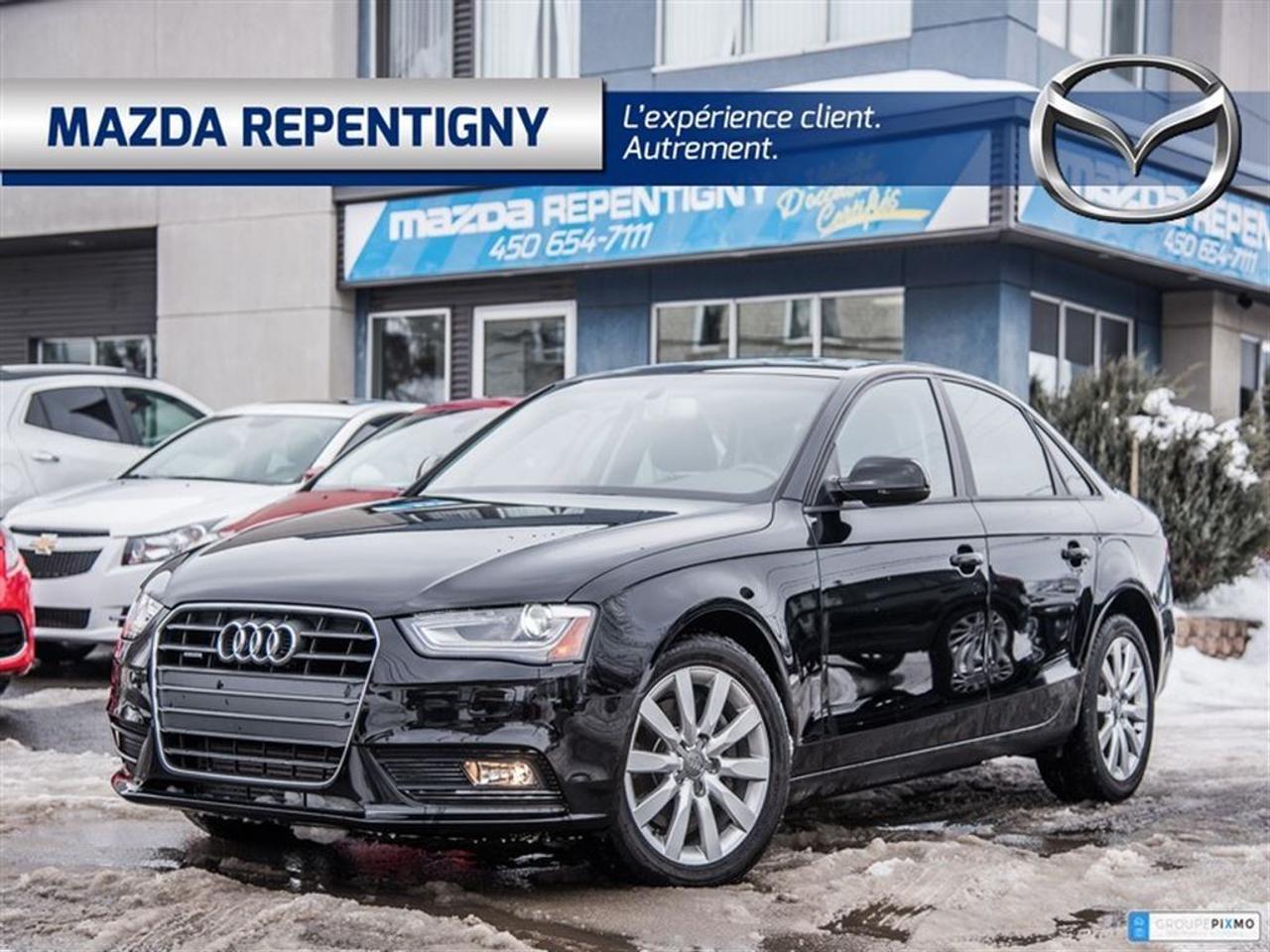 <a href=https://www.mazdarepentigny.com/occasion/Audi-A4-2013.html>https://www.mazdarepentigny.com/occasion/Audi-A4-2013.html</a>

bluetooth+toit ouvrant+cuir+sièges chauffants+régulateur de vitesse+air climatisé+phares automatique+mags et beaucoup plus a voir !!!    Mazda Repentigny: Votre concessionnaire de choix pour un véhicule neuf ou doccasion. Financement à partir de 0,9% pour un véhicule doccasion certifié. Financement 1-2-3e chance au crédit disponible. Meilleurs taux de lindustrie.     Venez voir pourquoi nous sommes votre référence automobile.     Faites un essai routier dès aujourdhui de votre prochain véhicule acheté chez Mazda Repentigny