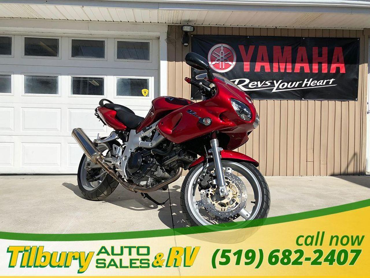 <p><span style=font-family: Verdana, sans-serif; font-weight: bold; font-size: medium;>Call us at 519-682-2407 or visit our lot at 20600 HWY #42, Tilbury, Ontario. Canada.&nbsp;</span></p>
<p><span style=font-size: medium;>2001 Suzuki SV 650S Sport Road Ready </span><br /><span style=font-size: medium;>Pre-Summer Priced </span><br /><span style=font-size: medium;>New Engine Just Redone </span><br /><span style=font-size: medium;>two -up seating with rear grab bar nice bike and priced right.</span><br /><br /><span style=font-size: medium;>The SV650S is equipped with the same 90o V-twin engine and lightweight aluminum frame as the SV650, but the with these additional features:</span></p>
<p><span style=font-size: medium;>&ndash; Half-fairing with dual headlamps and enclosed instrument panel </span><br /><span style=font-size: medium;>&ndash; Fairing-mounted mirrors and lower clip-on style handlebars </span><br /><span style=font-size: medium;>&ndash; Higher-mounted rearset footpegs </span><br /><span style=font-size: medium;>&ndash; Taller final drive ratio </span><br /><span style=font-size: medium;>&ndash; The SV650S is powered by a liquid-cooled, 90o V-twin engine with double-overhead-cams , 4-valves per cylinder, 39mm downdraft-style carburetors, 6-speed transmission and a 2-into-one exhaust system. The chassis consists of a lightweight truss-style aluminum frame and square-tube aluminum swingarm, plus 41mm forks, adjustable rear shock absorber, dual disc brakes and wide radial tires mounted on cast aluminum rims.&nbsp;</span><br /><br /><span style=font-size: medium;>The SV650S &ndash; all the fun, lightweight performance the SV650 is known for, but with a sportier, open-road style and seating position.&nbsp;With its V-twin power, lightweight chassis and comfortable seating position, it could turn even the most mundane commute into a great experience.</span></p>
<p><strong><span style=font-family: Verdana, sans-serif; background-image: initial; background-position: initial; background-size: initial; background-repeat: initial; background-attachment: initial; background-origin: initial; background-clip: initial;><br />Call us at 519-682-2407 or visit our lot at 20600 HWY #42, Tilbury, Ontario. Canada</span></strong><br /><br />Engine And Bike SpecsDisplacement645.00 ccm (39.36 cubic inchesEngine TypeV2 Cyl Four StrokePower70.00 HP (51.1 KW) @ 9000 RPMTorque62.00 NM (6.3 KGF-M or 45.7 ft.LBS )@ 7500 RPMTop Speed201.0 KM/H (124.9 MPH )Bore And Stroke81.0 x 62.6 mm (3.2x2.5 inches )Valves Per Cylinder4Fuel SystemCarburetorTransmission Gears6-Speed ManualDriveChainSuspension -Chassis-Brakes And WheelsFront Suspension130 mm 5.1 inchesRear Suspension Travel125 mm 4.9 InchesFront Dimensions120/60 ZR 17Rear Dimensions160/60 ZR 17Front BrakesDual DiscFront Brakes Diameter290 mm 11.4 inchesRear BrakesSingle DiscRear Brakes Diameter240 MM 9.4 InchesPhysical Measures And CapacitiesDry Weight165.0 Kg (363.8 LBS )Power Weight Ratio0.4242 HP/KgSeat Height805 mm (31.7 Inches) Wheelbase1,420 mm (55.9 Inches)Fuel Capacity16.00 Litres (4.23 Gallons )&nbsp;<br /><strong><span style=font-family: Verdana, sans-serif; background-image: initial; background-position: initial; background-size: initial; background-repeat: initial; background-attachment: initial; background-origin: initial; background-clip: initial;>&nbsp;</span></strong></p>
<p class=MsoNormal><strong><span style=font-size: 7.5pt; line-height: 115%; font-family: Arial, sans-serif; background-image: initial; background-position: initial; background-size: initial; background-repeat: initial; background-attachment: initial; background-origin: initial; background-clip: initial; font-weight: normal;>While every reasonable effort is made to ensure the accuracy of this data, we are not responsible for any errors or omissions contained on these pages. Please verify any information in question with a dealership sales representative. Serving, Windsor, Essex, Tilbury, Chatham, Blenheim, Rodney, St. Marys, St. Thomas, Leamington, Harrow, Amherstburg, Kingsville, Wheatley, Belle River, Lakeshore, Wallaceburg, Sarnia,London, Lambton, Lambton County, Lambeth, Essex County, Middlesex, Middlesex County, Rodney, Dresden, Thamesville, Lasalle, Watford, Ailsa Craig, Glencoe, Alvinston, Parkhill, Strathroy, Mt.Brydges, West Lorne, Dutton, Aylmer * Prices in Ontario, include OMVIC/AMVIC fee (where applicable), dealer administration and other retailer charges and exclude taxes, license, insurance, plus HST* * While every reasonable effort is made to ensure the accuracy of this information, we are not responsible for any errors or omissions contained on these pages. Please verify any information in question with Tilbury Auto Sales & RV. .</span></strong></p>