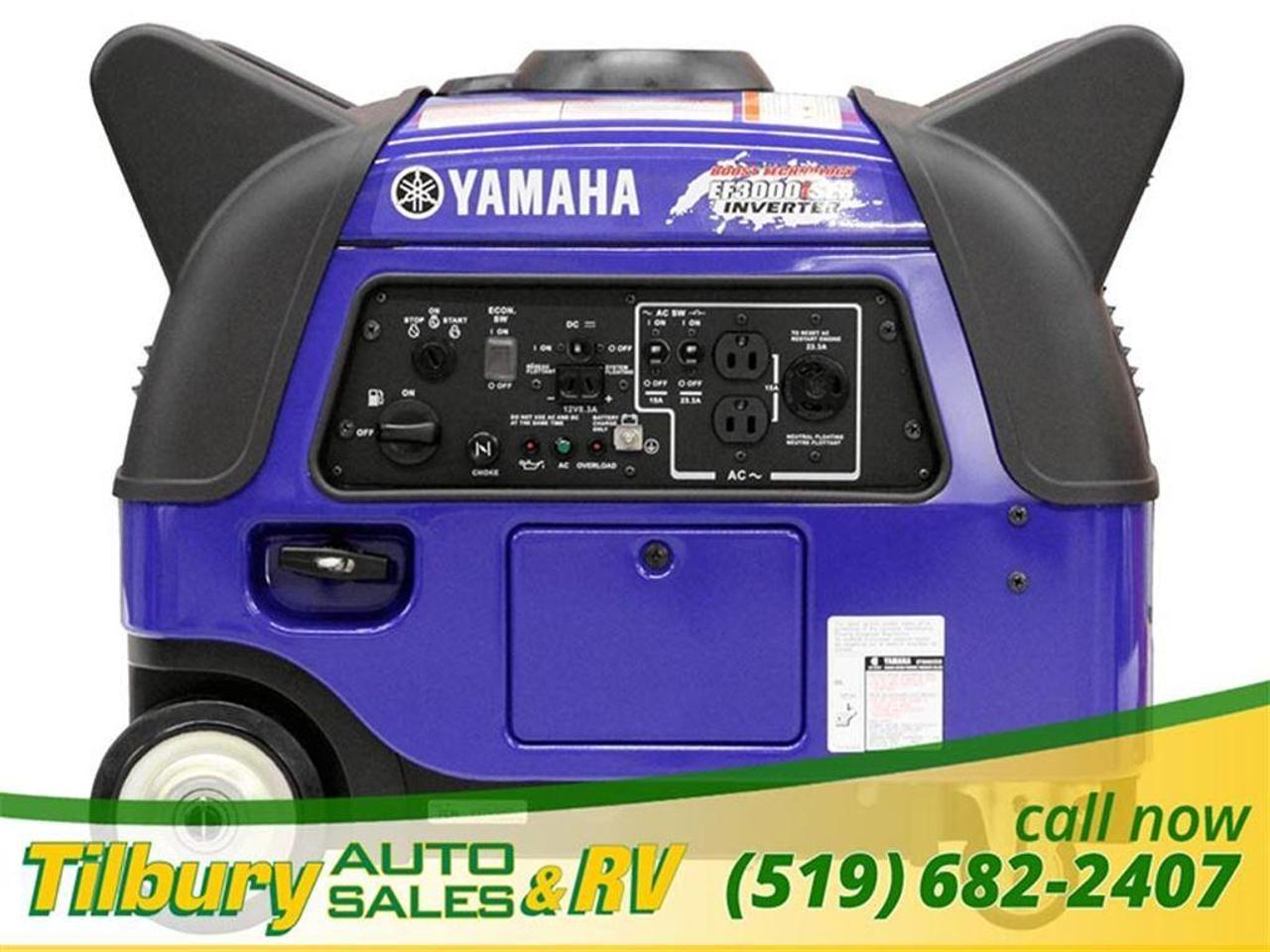 <p><span style=font-size: medium;>NEVER be without power! This machine is power on-the-go. Power outages happen at the least expected moments - and can last hours, days, weeks. They are a great back up solution to provide basic electricity in an emergency&nbsp; &mdash; or to provide power for recreation including things like camping and power tools where electricity isnt available. Perfect for farmers, hunters, campers and everybody inbetween! Every house hold needs back up power - dont go without! <strong>We currently have 1 in stock.&nbsp;</strong></span></p>
<p><span style=font-size: medium;><strong>CALL US AT 519-682-2407 OR VISIT OUR LOT AT 20600 HWY #42, TILBURY, ONTARIO. CANADA.</strong></span></p>
<p><span style=font-size: medium;>Despite its sizeable power, the EF3000iSE is whisper-quiet, producing noise levels ranging from 54.5 to a maximum of 61 dB - and because its mounted on four wheels, moving it around couldnt be easier. The Smart Throttle / Economy Control feature automatically adjusts engine speed to match the load, for greater fuel efficiency and reduced engine wear.</span></p>
<p><span style=font-size: medium;>The EF3000iSE leverages innovative inverter technology, producing quiet, high-quality power and exhaust that clears the worlds toughest emissions standards.</span></p>
<p><span style=font-size: medium;>FEATURES:&nbsp;</span></p>
<p><span style=font-size: medium;>* Powered by Yamahas MZ175; 171cc, air-cooled (fan assist), OHV, 2-valve, 4-stroke, single cylinder engine with electronic transistor controlled (TC) ignition.</span><br /><span style=font-size: medium;>* Super convenient key operated electric starting with manual recoil back-up.</span><br /><span style=font-size: medium;>* Cast iron cylinder liner provides excellent heat dissipation and extends service life.</span><br /><span style=font-size: medium;>* Pulse Width Modulation provides super clean power. As clean or cleaner than you get from a household receptacle.</span><br /><span style=font-size: medium;>* Rated AC output for continuous use is 2,800 watts / 23.3 amps.</span><br /><span style=font-size: medium;>* Floating neutral</span><br /><span style=font-size: medium;>* Non-fuse type circuit breaker (NFB) prevents internal circuit damage in the event of an over load.</span><br /><span style=font-size: medium;>* Smart Throttle / Economy Control automatically adjusts engine speed to match the load, saving fuel, reducing noise and engine wear.</span><br /><span style=font-size: medium;>* Yamahas Noise Block body design features a moulded casing and noise-absorbing glass wool to provide ultra quiet operation.</span><br /><span style=font-size: medium;>* Manual choke</span><br /><span style=font-size: medium;>* Auto Warm Up (4 to 6 minutes) ensures consistent power delivery during cold start-ups.</span><br /><span style=font-size: medium;>* Yamahas Oil Watch Warning System automatically shuts off the engine when oil level is low and will not re-start until oil is added, preventing costly engine damage and enhancing long-term durability.</span><br /><span style=font-size: medium;>* Indicator lights for AC power output, low oil and AC overload</span><br /><span style=font-size: medium;>* Cleanable spark arrestor stops the possibility of sparks from exiting the exhaust.</span><br /><span style=font-size: medium;>* Washable foam air filter reduces maintenance costs</span><br /><span style=font-size: medium;>* 12 Volt DC output and cables for charging RV, auto and marine 12-volt batteries.</span><br /><span style=font-size: medium;>* On-off fuel petcock lets you shut off the gas to run the carb dry for storage, helping to prevent stale fuel problems, which are becoming more common with ethanol based fuels.</span><br /><span style=font-size: medium;>* Large fuel filler hole. Fuel gauge is standard.</span><br /><span style=font-size: medium;>* Built in wheels (4), with parking brake, makes moving the EF3000iSE easy.</span><br /><span style=font-size: medium;>* Optional wireless remote start & stop</span><br /><span style=font-size: medium;>* CSA approved (Canadian Standards Association)</span><br /><span style=font-size: medium;>* EPA & CARB Emission Engine Durability Rating. Yamaha generators have the longest emission engine durability ratings issued by the Environmental Protection Agency and the California Air Resources Board.</span><br /><span style=font-size: medium;>* 3-year warranty for residential / home use or commercial use.</span></p>
<p class=MsoNormal><strong><span style=font-family: Verdana,sans-serif; mso-bidi-font-family: Arial; background: white;>Call us at 519-682-2407 or visit our lot at 20600 HWY #42, Tilbury, Ontario. Canada. </span></strong><strong><span style=font-family: Verdana,sans-serif; mso-bidi-font-family: Arial; background: white;><br /> <br /> </span></strong><strong><span style=font-size: 7.5pt; line-height: 115%; font-family: Arial,sans-serif; background: white; font-weight: normal;>While every reasonable effort is made to ensure the accuracy of this data, we are not responsible for any errors or omissions contained on these pages. Please verify any information in question with a dealership sales representative. Serving, Windsor, Essex, Tilbury, Chatham, Blenheim, Rodney, St. Marys, St. Thomas, Leamington, Harrow, Amherstburg, Kingsville, Wheatley, Belle River, Lakeshore, Wallaceburg, Sarnia,London, Lambton, Lambton County, Lambeth, Essex County, Middlesex, Middlesex County, Rodney, Dresden, Thamesville, Lasalle, Watford, Ailsa Craig, Glencoe, Alvinston, Parkhill, Strathroy, Mt.Brydges, West Lorne, Dutton, Aylmer * Prices in Ontario, include OMVIC/AMVIC fee (where applicable), dealer administration and other retailer charges and exclude taxes, license, insurance, plus HST* * While every reasonable effort is made to ensure the accuracy of this information, we are not responsible for any errors or omissions contained on these pages. Please verify any information in question with Tilbury Auto Sales & RV.&nbsp;</span></strong></p>