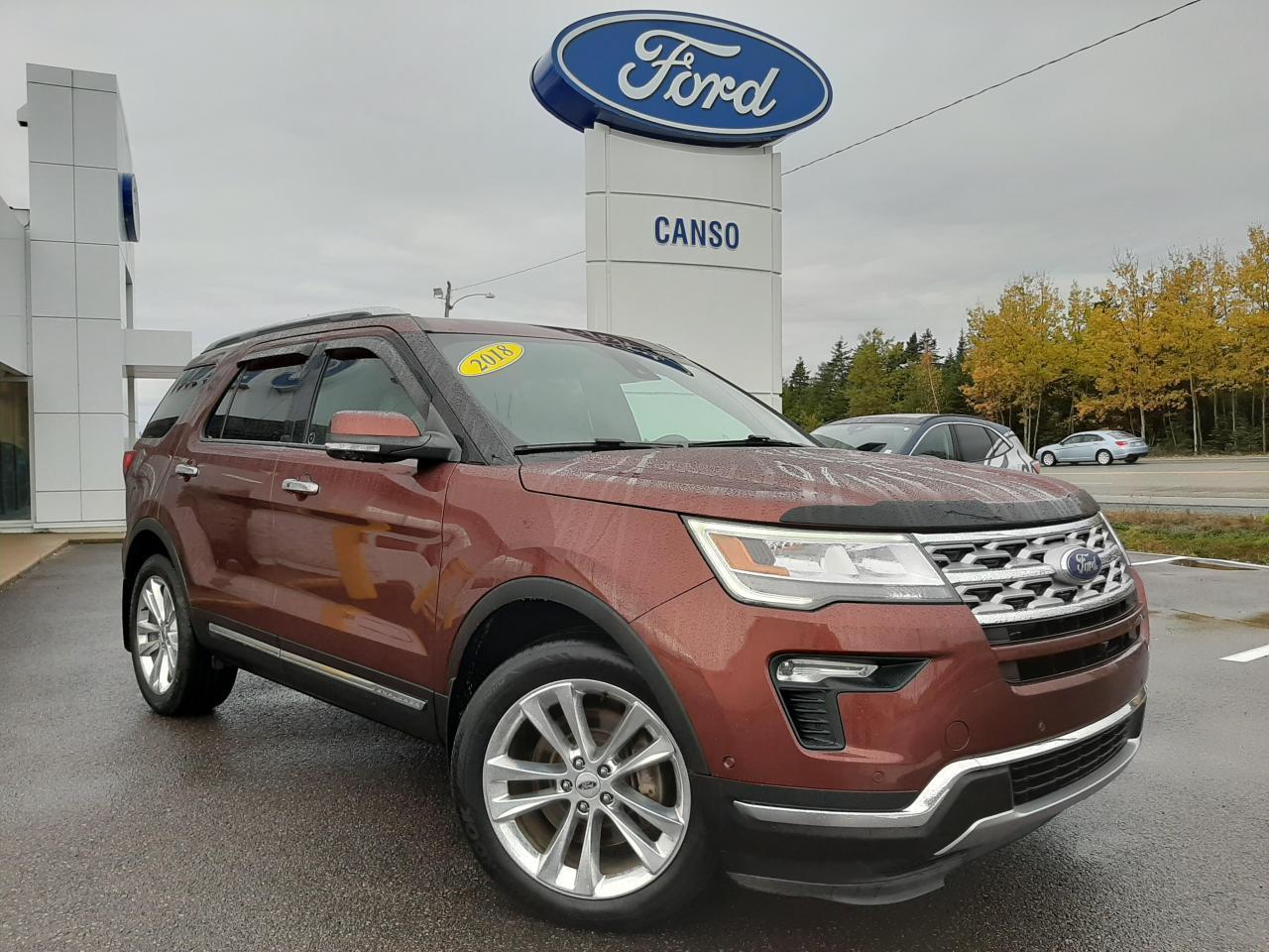 2018 Ford Explorer Limited 4D Sport Utility 4WD  3.5L V6 Ti-VCT  Cinnamon Glaze Metallic    Call (902) 625-1338 or (888) 625-1338 for more information, or come by Canso Ford and drive it for yourself!    Odometer is 16202 kilometers below market average! Priced Below Market for a quick sale, One Owner, Winter Tires & Rims, 12 Speakers, 20 Polished Aluminum Wheels, 3rd row seats: split-bench, Adaptive Cruise Control & Fwd Collision Warning, Air Conditioning, AppLink/Apple CarPlay and Android Auto, Auto High-Beam Headlights, Auto tilt-away steering wheel, Auto-dimming Rear-View mirror, Automatic temperature control, BLIS Blind Spot Information System, CD player, Delay-off headlights, Enhanced Active Park Assist w/Park Out Assist, Exterior Parking Camera Rear, Front dual zone A/C, Front fog lights, Front reading lights, Fully automatic headlights, Heated front seats, Heated rear seats, Heated steering wheel, Illuminated entry, Inflatable Rear Seatbelts, Lane-Keeping System, Leather steering wheel, Low tire pressure warning, Memory seat, Multi-Contour Front Seats, Outside temperature display, Power driver seat, Power Liftgate, Power passenger seat, Power windows, Radio: Premium Audio System by Sony, Rain-Sensing Wipers (Front Only), Rear air conditioning, Remote keyless entry, Safe & Smart Package, Security system, Spoiler, Steering wheel memory, Steering wheel mounted audio controls, SYNC 3 Communications & Entertainment System, Telescoping steering wheel, Tilt steering wheel, Trailer Tow Package (Class III), Twin-Panel Moonroof, Ventilated front seats.      Benefits of shopping at Canso Ford: - FREE Carfax report with every quality pre-owned vehicle - FREE full tank of fuel with every quality pre-owned vehicle - FREE 1-Year Tire and Rim Protection.