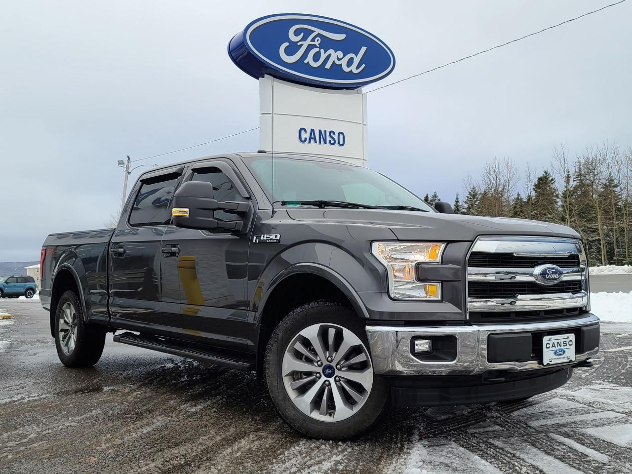 <p>2017 Ford F-150 Lariat 4D SuperCrew 4WD<br />5.0L V8 FFV<br />Magnetic Metallic<br /><br />Call (902) 625-1338 or (888) 625-1338 for more information, or come by Canso Ford and drive it for yourself!<br /><br />Odometer is 10314 kilometers below market average! Comes with remaining ext. warranty and maintenance package, 20 Machined-Aluminum Wheels, 4.2 LCD Productivity Screen in Instrument Cluster, 4x4 FX4 Off-Road Decal, 7 Speakers, Adjustable pedals, Automatic temperature control, Class IV Trailer Hitch Receiver, Exterior parking camera rear: With Dynamic Hitch Assist, Front dual zone A/C, Front fog lights, Fully automatic headlights, FX4 Off-Road Package, Heated door mirrors, Heated front seats, Hill Descent Control, Leather-Trimmed Bucket Seats, LED Side-Mirror Spotlights, Memory seat, Off-Road Tuned Front Shock Absorbers, Pedal memory, Power driver seat, Power passenger seat, Power Telescoping/Glass/Folding Trailer Tow Mirrors, Pro Trailer Backup Assist, Radio: Single-CD w/SiriusXM Satellite, Rear Parking Sensors, Rear View Camera w/Dynamic Hitch Assist, Rear Wheel Well Liners, Remote keyless entry, Security system, Spray-In Bedliner, SYNC 3, SYNC Connect, Telescoping steering wheel, Tilt steering wheel, Ventilated front seats.<br /><br />Benefits of shopping at Canso Ford: <br />- Carfax report with every quality pre-owned vehicle <br />- Full tank of fuel with every quality pre-owned vehicle <br />- 1-Year Tire and Rim Protection with every quality pre-owned vehicle.</p>