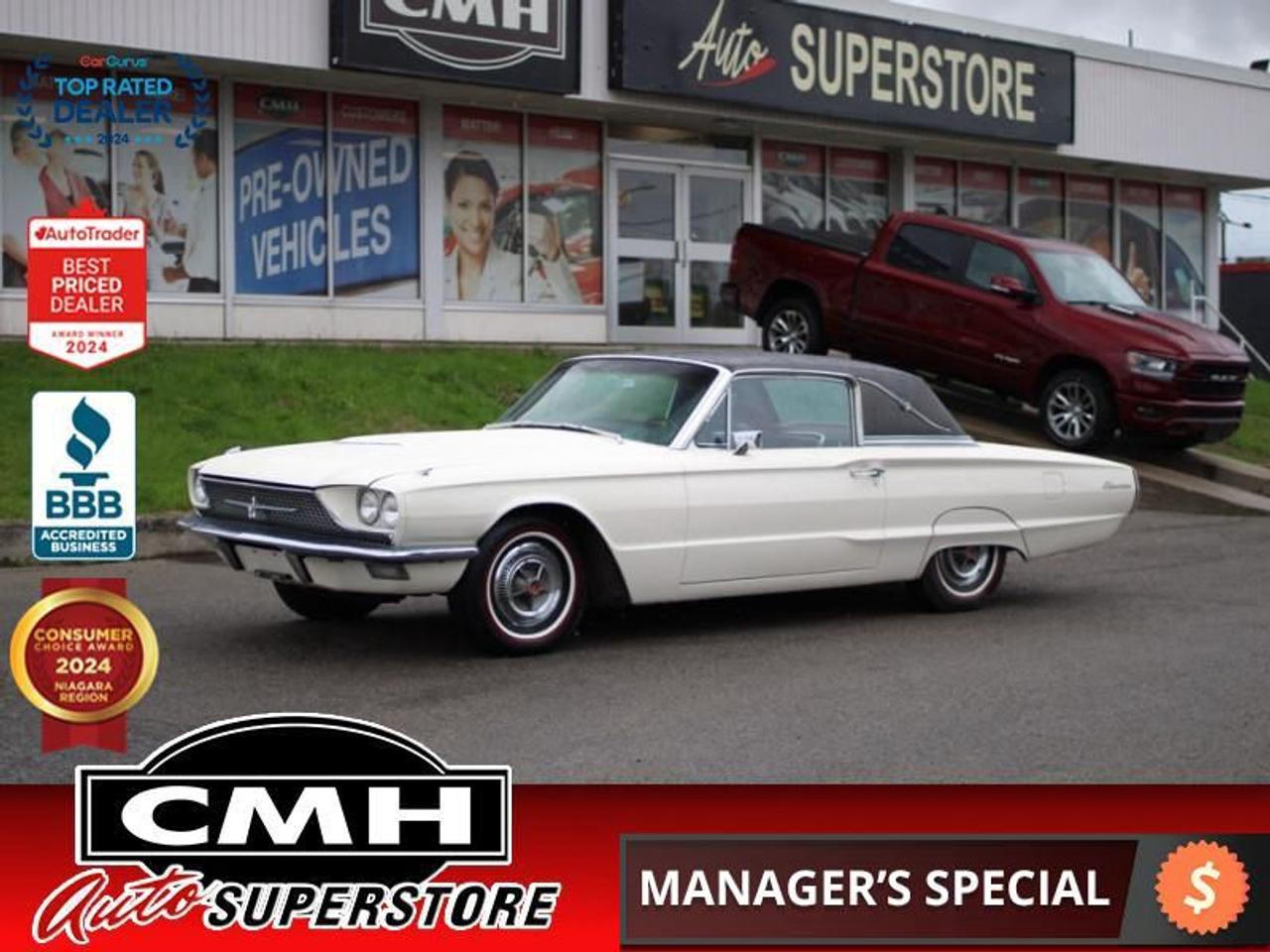 <b>ONLY 41,000 ORIGINAL MILES !! AMAZING CONDITION !! RED LEATHERETTE SEATS, POWER WINDOWS & LOCKS, POWER VENT WINDOWS, POWER ANTENNA, FLOW THRU VENTILATION, AM RADIO, SLIDE AWAY STEERING WHEEL, FENDER SKIRTS, RED-LINE RADIAL TIRES (ORIGINAL LOOKING STYLE), </b><br>  <br>CMH certifies that all vehicles meet DOUBLE the Ministry standards for Brakes and Tires<br><br> <br>    This  1966 Ford Thunderbird is for sale today. <br> <br>This low mileage  coupe has just 65,983 kms. Its  white in colour  . It has an automatic transmission and is powered by a  smooth engine. <br> <br>To apply right now for financing use this link : <a href=https://www.cmhniagara.com/financing/ target=_blank>https://www.cmhniagara.com/financing/</a><br><br> <br/><br>Trade-ins are welcome! Financing available OAC ! Price INCLUDES a valid safety certificate! Price INCLUDES a 60-day limited warranty on all vehicles except classic or vintage cars. CMH is a Full Disclosure dealer with no hidden fees. We are a family-owned and operated business for over 30 years! o~o