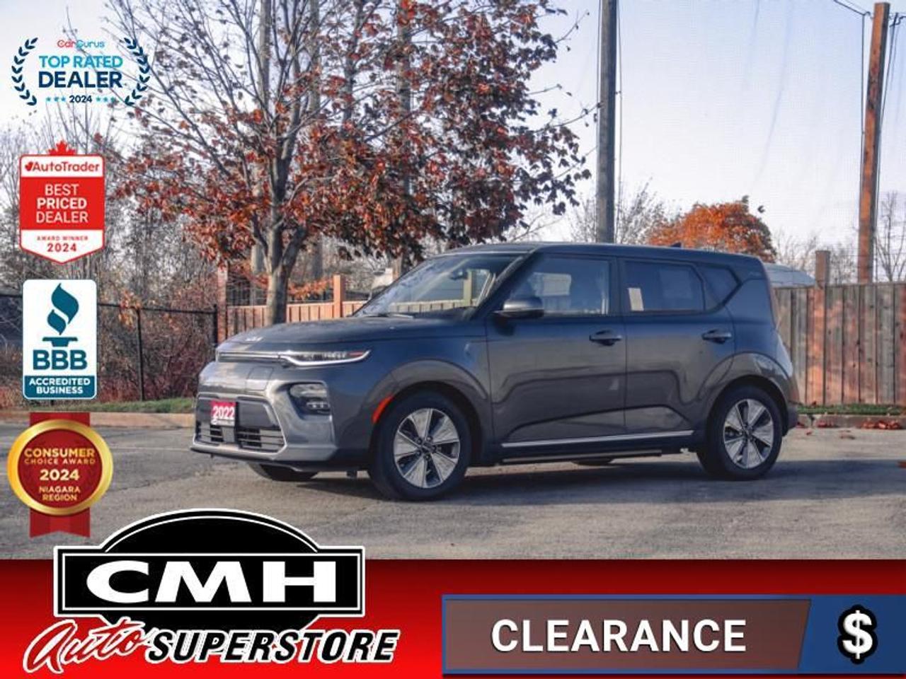 <b>LOW MILEAGE !! FULLY ELECTRIC !! NAVIGATION, REAR CAMERA, ADAPTIVE CRUISE, LANE ASSIST, BLIND SPOT MONITORING, COLLISION ASSIST, APPLE CARPLAY, ANDROID AUTO, WIRELESS PHONE CHARGER, POWER DRIVER SEAT, HEATED SEATS, HEATED STEERING WHEEL, 17-INCH ALLOYS</b><br>  <br>CMH certifies that all vehicles meet DOUBLE the Ministry standards for Brakes and Tires<br><br> <br>    This  2022 Kia Soul EV is for sale today. <br> <br>This 2022 Kia Soul EV is changing the game when it comes to EVs. Stylish, versatile, fun to drive, and even more fun to look at, this Soul EV demands attention. Fast charging capabilities and an impressive range virtually eliminate range anxiety while the style and capability ease your mind on how gimmicky other EVs can be. This low mileage  SUV has just 22,851 kms. Its  gray in colour  . It has an automatic transmission and is powered by a  smooth engine. <br> <br> Our Soul EVs trim level is Premium. Turning heads and changing minds, this unique Soul EV also touts a 10.25 inch multimedia interface with integrated navigation, Android Auto, and Apple CarPlay for connectivity. Modern luxury and tech features like UVO connected car, smart key with push button start, wireless charging, paddle shifting for regenerative braking, heated seats, and a heated steering wheel keep this Soul EV on the cutting edge. An active safety suite that includes lane keep assist, blind spot detection, driver attention alert, forward collision avoidance assist, advanced smart cruise control, and a rearview camera keeps you safe while aluminum wheels, LED lighting, and fog lamps enhance the iconic style of this fun crossover.  This vehicle has been upgraded with the following features: Fast Charging,  Navigation,  Android Auto,  Apple Carplay,  Wireless Charging,  Heated Seats,  Heated Steering Wheel. <br> <br>To apply right now for financing use this link : <a href=https://www.cmhniagara.com/financing/ target=_blank>https://www.cmhniagara.com/financing/</a><br><br> <br/><br>Trade-ins are welcome! Financing available OAC ! Price INCLUDES a valid safety certificate! Price INCLUDES a 60-day limited warranty on all vehicles except classic or vintage cars. CMH is a Full Disclosure dealer with no hidden fees. We are a family-owned and operated business for over 30 years! o~o