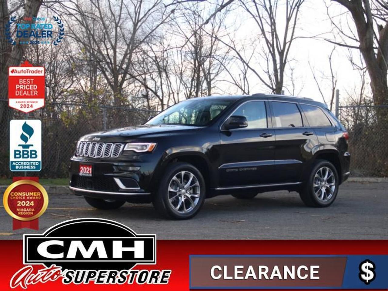 <b>5.7L HEMI !! REAR CAMERA, BLIND SPOT, ADAPTIVE CRUISE CONTROL, COLLISION SENSORS, LANE DEPARTURE/KEEPING, AUTO PARK ASSIST, REAR ENTERTAINMENT SYSTEM, PANORAMIC SUNROOF, LEATHER, COOLED/HEATED SEATS, HEATED STEERING WHEEL, 20-INCH ALLOY WHEELS</b><br>  <br>CMH certifies that all vehicles meet DOUBLE the Ministry standards for Brakes and Tires<br><br> <br>    This  2021 Jeep Grand Cherokee is for sale today. <br> <br>The Jeep Grand Cherokee is the most awarded SUV ever and for a very good reasons. With numerous best-in-class features and class-exclusive amenities, the 2021 Jeep Grand Cherokee offers drivers more than the competition. On the outside, it showcases the rugged capability to go off the beaten path while the interior offers technology and comfort beyond what youd expect in an SUV. This gorgeous Jeep Grand Cherokee is second to none when it comes to performance, safety, and style. This  SUV has 65,943 kms. Its  black in colour  and is major accident free based on the <a href=https://vhr.carfax.ca/?id=PoEZ4%2FdXW2vyOCgZUICGpw3Pf47acxT%2B target=_blank>CARFAX Report</a> . It has an automatic transmission and is powered by a  360HP 5.7L 8 Cylinder Engine. <br> <br> Our Grand Cherokees trim level is Summit. Luxury and safety are packed into this Grand Cherokee Summit with the added Harman Kardon premium audio system, collision mitigation, adaptive cruise control, parallel and rear park assist, and lane keep assist. This family SUV is packed with off road capability with Class IV towing equipment, dual exhaust, aluminum wheels, chrome exterior accents, auto headlamps, auto high beams, and fog lamps. Ride comfortable and connected with Uconnect 4 with navigation, wi-fi, voice activation, Apple CarPlay, Android Auto, driver memory settings, heated and cooled leather seats, a heated leather steering wheel, a sunroof, voice activated air conditioning, rain sensing wipers, a proximity key, remote start. Ensure your family rides safe with blind spot monitoring, rear cross path detection, and a ParkView rear backup camera. This vehicle has been upgraded with the following features: Cooled Seats,  Sunroof,  Leather Seats,  Premium Audio,  Navigation,  Android Auto,  Apple Carplay. <br> To view the original window sticker for this vehicle view this <a href=http://www.chrysler.com/hostd/windowsticker/getWindowStickerPdf.do?vin=1C4RJFJT5MC887812 target=_blank>http://www.chrysler.com/hostd/windowsticker/getWindowStickerPdf.do?vin=1C4RJFJT5MC887812</a>. <br/><br> <br>To apply right now for financing use this link : <a href=https://www.cmhniagara.com/financing/ target=_blank>https://www.cmhniagara.com/financing/</a><br><br> <br/><br>Trade-ins are welcome! Financing available OAC ! Price INCLUDES a valid safety certificate! Price INCLUDES a 60-day limited warranty on all vehicles except classic or vintage cars. CMH is a Full Disclosure dealer with no hidden fees. We are a family-owned and operated business for over 30 years! o~o