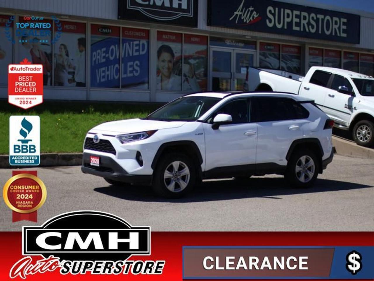 <b>HYBRID AWD !! REAR CAMERA, LANE KEEPING ASSIST, BLIND SPOT MONITORING, COLLISION SENSORS, ADAPTIVE RADAR CRUISE CONTROL, APPLE CARPLAY, ANDROID AUTO, SUNROOF, POWER DRIVER SEAT, HEATED SEATS, HEATED STEERING WHEEL, POWER LIFTGATE, 17-INCH ALLOY WHEELS</b><br>  <br>CMH certifies that all vehicles meet DOUBLE the Ministry standards for Brakes and Tires<br><br> <br>    This  2020 Toyota RAV4 is for sale today. <br> <br>Introducing the Toyota RAV4, a radical redesign of a storied legend. While the RAV4 is loaded with modern creature comforts, conveniences, and safety, this SUV is still true to its roots with incredible capability. Whether youre running errands in the city or exploring the countryside, the RAV4 empowers your ambitions and redefines what you can do. Make new and exciting memories in this ultra efficient Toyota RAV4 today! This low mileage  SUV has just 59,308 kms. Its  white in colour  . It has an automatic transmission and is powered by a  219HP 2.5L 4 Cylinder Engine. <br> <br> Our RAV4s trim level is XLE. Stepping up to this luxurious RAV4 XLE is a great choice as it comes with premium features such as a power sunroof, dual zone climate control, Toyotas Smart Key system with push button start, a 7 inch touchscreen with Entune Audio 3.0, Apple CarPlay, Android Auto, extra USB and aux inputs, heated seats with more premium seat material, a leather heated steering wheel and stylish aluminum wheels. Additional features includes a power drivers seat, LED headlights and fog lights, heated power mirrors, Toyota Safety Sense 2.0, dynamic radar cruise control, automatic highbeam assist, blind spot monitoring with rear cross traffic alert, and lane keep assist with lane departure warning plus so much more. This vehicle has been upgraded with the following features: Sunroof,  Heated Steering Wheel,  Power Liftgate,  Heated Seats,  Aluminum Wheels,  Apple Carplay,  Android Auto. <br> <br>To apply right now for financing use this link : <a href=https://www.cmhniagara.com/financing/ target=_blank>https://www.cmhniagara.com/financing/</a><br><br> <br/><br>Trade-ins are welcome! Financing available OAC ! Price INCLUDES a valid safety certificate! Price INCLUDES a 60-day limited warranty on all vehicles except classic or vintage cars. CMH is a Full Disclosure dealer with no hidden fees. We are a family-owned and operated business for over 30 years! o~o