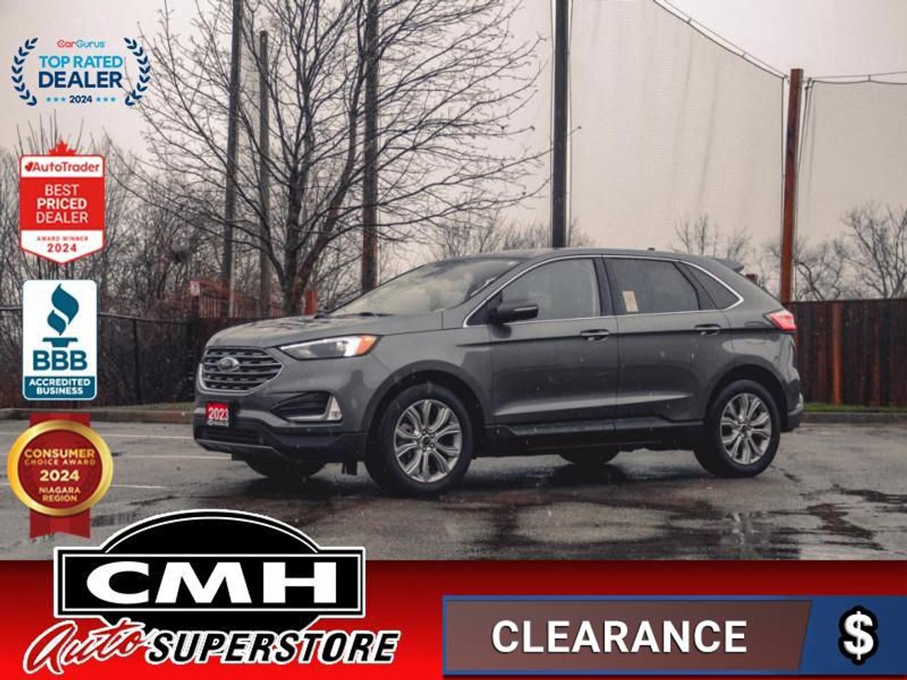 <b>GREAT FEATURES !! AWD !! REAR CAMERA, PARK SENSORS, BLIND SPOT, LANE KEEPING, COLLISION SENSORS, APPLE CARPLAY, ANDROID AUTO, LEATHER, POWER SEATS W/ DRIVER MEMORY, HEATED SEATS, DUAL CLIMATE CONTROL, POWER LIFTGATE, REMOTE START, WIRELESS PHONE CHARGER<b</b><br>  <br>CMH certifies that all vehicles meet DOUBLE the Ministry standards for Brakes and Tires<br><br> <br>    This  2023 Ford Edge is for sale today. <br> <br>With meticulous attention to detail and amazing style, the Ford Edge seamlessly integrates power, performance and handling with awesome technology to help you multitask your way through the challenges that life throws your way. Made for an active lifestyle and spontaneous getaways, the Ford Edge is as rough and tumble as you are. Push the boundaries and stay connected to the road with this sweet ride!This  SUV has 38,711 kms. Its  carbonized grey metallic in colour  . It has an automatic transmission and is powered by a  250HP 2.0L 4 Cylinder Engine. <br> <br> Our Edges trim level is Titanium. For a healthy dose of luxury and refinement, step up to this Titanium trim, lavishly appointed with premium heated leather seats with power adjustment and lumbar support, perimeter approach lights, a sonorous 12-speaker Bang & Olufsen audio system, and a numeric keypad for extra security. This trim also features a power liftgate for rear cargo access, a key fob with remote engine start and rear parking sensors, a 12-inch capacitive infotainment screen bundled with wireless Apple CarPlay and Android Auto, SiriusXM satellite radio, and 4G mobile hotspot internet connectivity. You and yours are assured of optimum road safety, with blind spot detection, rear cross traffic alert, pre-collision assist with automatic emergency braking, lane keeping assist, lane departure warning, forward collision alert, driver monitoring alert, and a rearview camera with an inbuilt washer. Also standard include proximity keyless entry, dual-zone climate control, 60-40 split front folding rear seats, LED headlights with automatic high beams, and even more. This vehicle has been upgraded with the following features: Leather Seats,  Premium Audio,  Heated Seats,  Power Liftgate,  Apple Carplay,  Android Auto,  Remote Start. <br> To view the original window sticker for this vehicle view this <a href=http://www.windowsticker.forddirect.com/windowsticker.pdf?vin=2FMPK4K92PBA37700 target=_blank>http://www.windowsticker.forddirect.com/windowsticker.pdf?vin=2FMPK4K92PBA37700</a>. <br/><br> <br>To apply right now for financing use this link : <a href=https://www.cmhniagara.com/financing/ target=_blank>https://www.cmhniagara.com/financing/</a><br><br> <br/><br>Trade-ins are welcome! Financing available OAC ! Price INCLUDES a valid safety certificate! Price INCLUDES a 60-day limited warranty on all vehicles except classic or vintage cars. CMH is a Full Disclosure dealer with no hidden fees. We are a family-owned and operated business for over 30 years! o~o