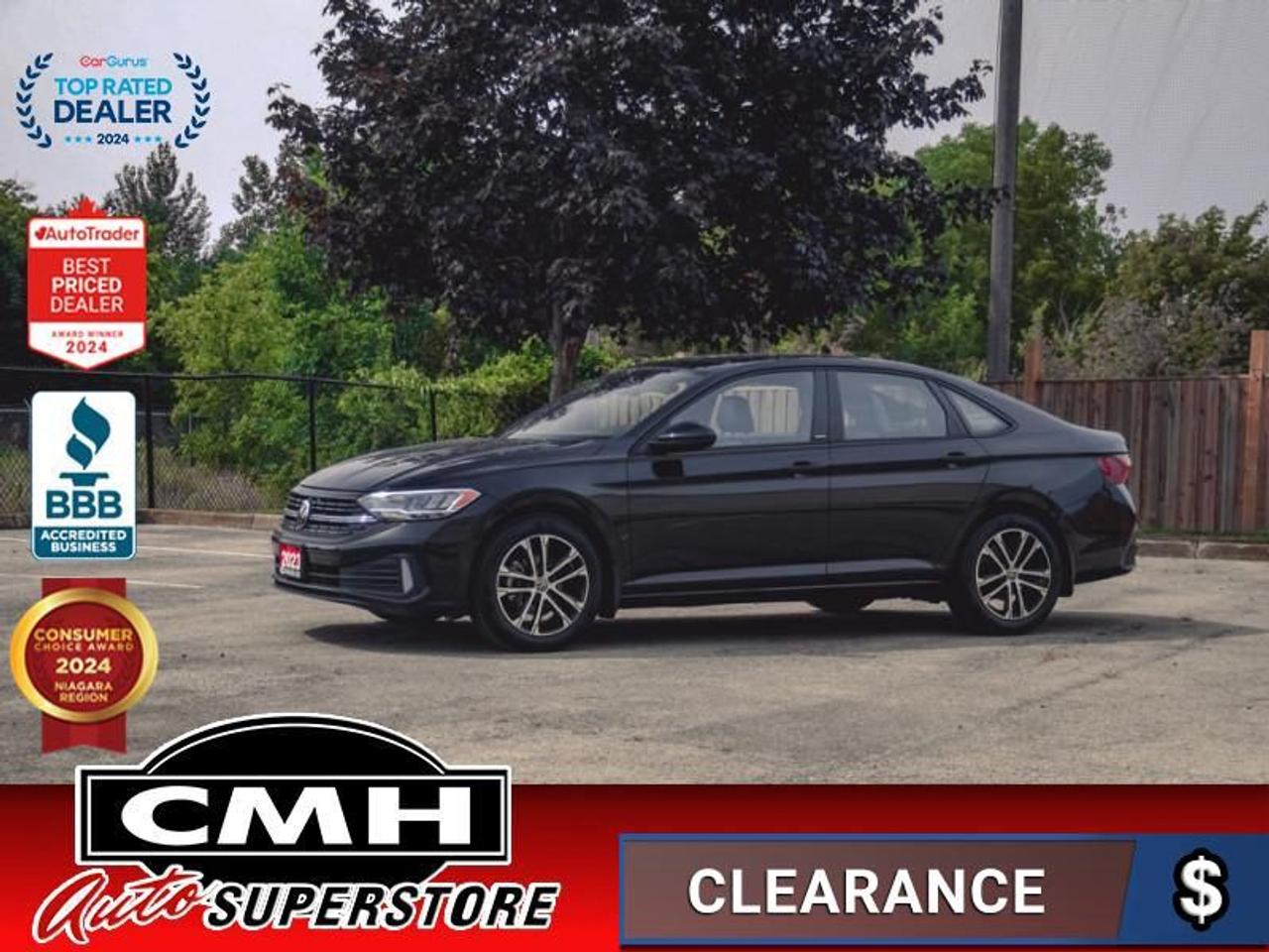 <b>LOW MILEAGE !! SPORT PACKAGE !! MANUAL !! REAR CAMERA, LANE ASSIST, ADAPTIVE CRUISE CONTROL, APPLE CARPLAY, ANDROID AUTO, BLUETOOTH, USB-C PORTS, SUNROOF, LEATHER, POWER DRIVER SEAT, HEATED SEATS, HEATED STEERING WHEEL, DUAL CLIMATE CONTROL, 17-IN ALLOYS</b><br>  <br>CMH certifies that all vehicles meet DOUBLE the Ministry standards for Brakes and Tires<br><br> <br>    This  2023 Volkswagen Jetta is for sale today. <br> <br>Built for unbeatable value, practicality, and absolute capability, this 2023 Jetta features a stylish front end with chiseled body lines that flow into a handsomely redesigned rear end. The interior is graced with an abundance of ergonomic cues with a host of safety, infotainment, and comfort-oriented technology. Engineered to deliver efficiency and unrivalled versatility in the urban environment, this 2023 Volkswagen Jetta is an outstanding compact sedan with impressive day-to-day potential.This low mileage  sedan has just 15,604 kms. Its  black in colour  and is major accident free based on the <a href=https://vhr.carfax.ca/?id=IHWF5sZg1dhI%2F8Yi8BhvNrmWUnSnRHWM target=_blank>CARFAX Report</a> . It has a manual transmission and is powered by a  158HP 1.5L 4 Cylinder Engine. <br> <br> Our Jettas trim level is Comfortline. Stepping up to this Jetta Comfortline rewards you with a wireless charging pad for mobile devices, dual-zone climate control, synthetic leather seating upholstery, 4G mobile hotspot internet access, proximity keyless entry with push button start and blind spot detection with rear cross traffic alert, along with heated front seats, a leather-wrapped heated steering wheel, LED lights with daytime running lights, a start/stop system with regenerative braking, and a 6.5-inch infotainment screen with SiriusXM satellite radio, Apple CarPlay and Android Auto for smartphone integration. Additional features include forward collision warning, autonomous emergency braking, a 12-volt DC power outlet, key-fob controls for rear cargo access, front and rear cupholders, and even more. This vehicle has been upgraded with the following features: Heated Seats,  Wireless Charging,  Climate Control,  4g Wifi,  Apple Carplay,  Android Auto,  Heated Steering Wheel. <br> <br>To apply right now for financing use this link : <a href=https://www.cmhniagara.com/financing/ target=_blank>https://www.cmhniagara.com/financing/</a><br><br> <br/><br>Trade-ins are welcome! Financing available OAC ! Price INCLUDES a valid safety certificate! Price INCLUDES a 60-day limited warranty on all vehicles except classic or vintage cars. CMH is a Full Disclosure dealer with no hidden fees. We are a family-owned and operated business for over 30 years! o~o