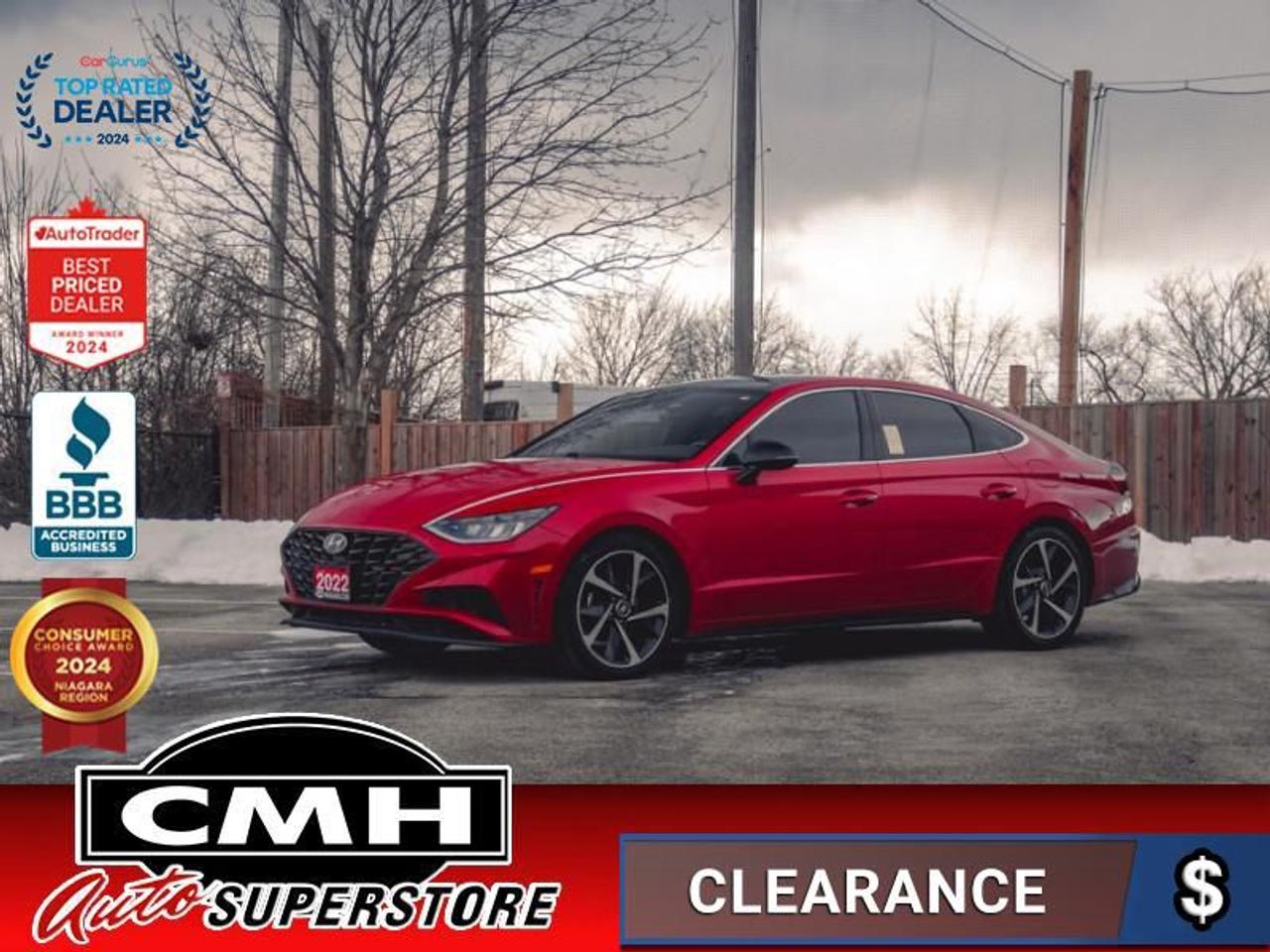 <b>LOADED !! REAR CAMERA, ADAPTIVE CRUISE CONTROL, COLLISION SENSORS, LANE DEPARTURE, BLIND SPOT, APPLE CARPLAY, ANDROID AUTO, PANORAMIC SUNROOF, LEATHER, POWER DRIVER SEAT, HEATED SEATS, HEATED STEERING WHEEL, DUAL CLIMATE, REMOTE START, 19-IN ALLOYS<br><br</b><br>  <br>CMH certifies that all vehicles meet DOUBLE the Ministry standards for Brakes and Tires<br><br> <br>    This  2022 Hyundai Sonata is for sale today. <br> <br>Sonata continues to raise the bar in the midsize sedan segment with the ubiquitous Sonata, and this 2022 iteration is no exception. Engineered to deliver a smooth and comfortable ride with premium interior build materials and a refined power train, occupants are cocooned in tranquility with every drive. Exceptional reliability and great value ensure that this 2022 Sonata stays on top in the ever-competitive sedan segment.This  sedan has 57,785 kms. Its  red in colour  . It has an automatic transmission and is powered by a  180HP 1.6L 4 Cylinder Engine. <br> <br> Our Sonatas trim level is Sport. On top of an aggressive drivetrain, this Sonata Sport adds sporty styling with red accent stitching and a sunroof along with incredible tech upgrades like wi-fi. This Sonata is a fantastic sedan, stuffed full of incredible features like heated seats and steering wheel, remote start, and proximity keyless entry with cargo access. Stay connected during your busy days using the voice activated touchscreen infotainment system complete with wireless Android Auto and Apple CarPlay, along with a hands free Bluetooth phone system. This family friendly sedan also helps you keep your precious cargo safe employing a comprehensive driver assistance suite including lane keep assist, forward and rear collision assist, blind spot assist, distance pacing cruise with stop and go, and driver attention monitoring. Chrome trim, automatic highbeams, and aluminum wheels make sure you do it all in style. This vehicle has been upgraded with the following features: Sunroof,  Wi-fi,  Heated Seats,  Apple Carplay,  Heated Steering Wheel,  Android Auto,  Lane Keep Assist. <br> <br>To apply right now for financing use this link : <a href=https://www.cmhniagara.com/financing/ target=_blank>https://www.cmhniagara.com/financing/</a><br><br> <br/><br>Trade-ins are welcome! Financing available OAC ! Price INCLUDES a valid safety certificate! Price INCLUDES a 60-day limited warranty on all vehicles except classic or vintage cars. CMH is a Full Disclosure dealer with no hidden fees. We are a family-owned and operated business for over 30 years! o~o