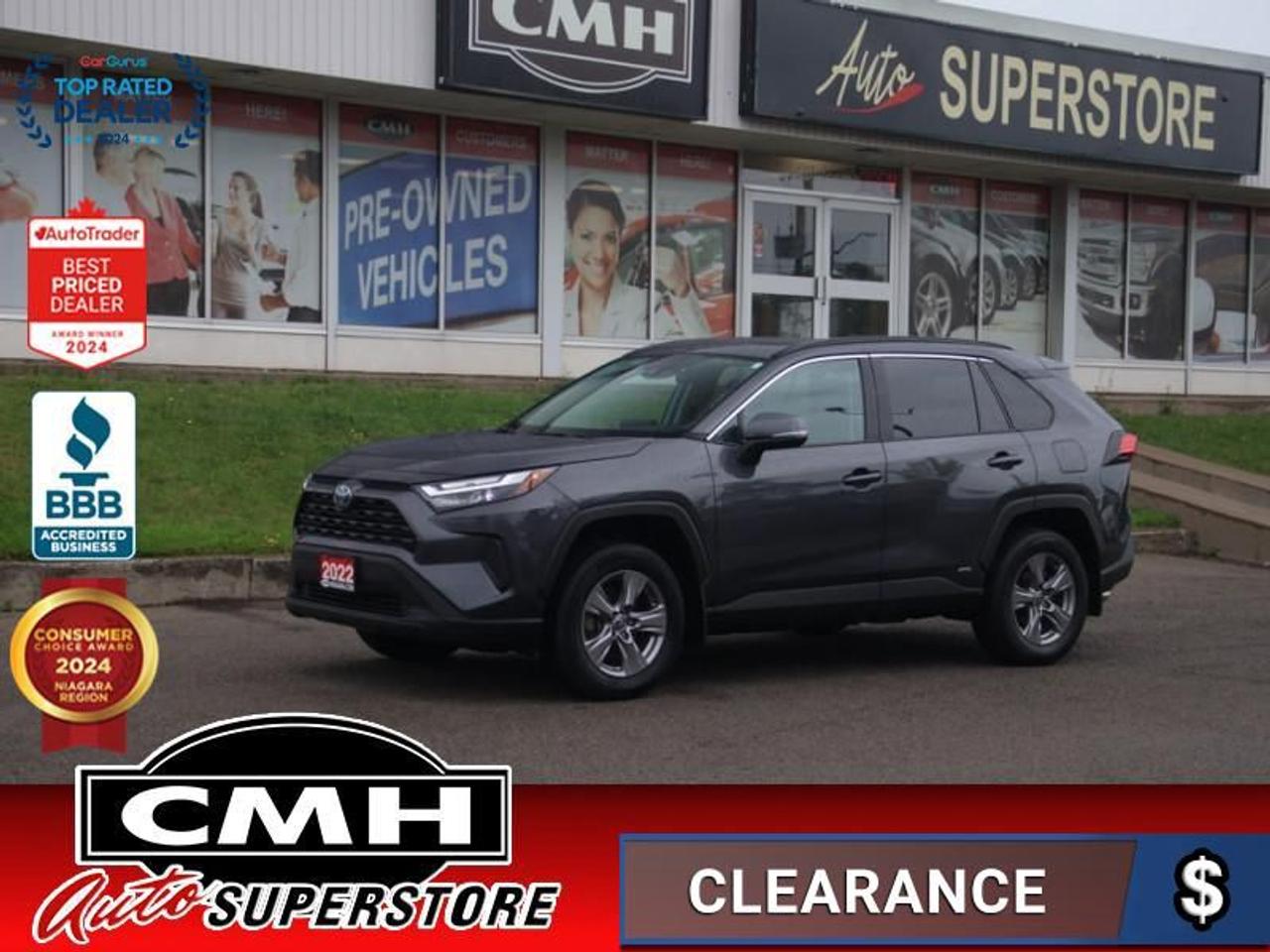 <b>HYBRID AWD !! REAR CAMERA, BLIND SPOT, LANE DEPARTURE, ADAPTIVE RADAR CRUISE CONTROL, CROSS TRAFFIC ALERT, APPLE CARPLAY, ANDROID AUTO, SUNROOF, POWER DRIVER SEAT, HEATED SEATS, HEATED STEERING WHEEL, DUAL CLIMATE CONTROL, 17-INCH ALLOY WHEELS<br></b><br>  <br>CMH certifies that all vehicles meet DOUBLE the Ministry standards for Brakes and Tires<br><br> <br>    This  2022 Toyota RAV4 is for sale today. <br> <br>Introducing the Toyota RAV4, a radical redesign of a storied legend. While the RAV4 is loaded with modern creature comforts, conveniences, and safety, this SUV is still true to its roots with incredible capability. Whether youre running errands in the city or exploring the countryside, the RAV4 empowers your ambitions and redefines what you can do. Make new and exciting memories in this ultra efficient Toyota RAV4 today! This  SUV has 54,280 kms. Its  grey in colour  and is major accident free based on the <a href=https://vhr.carfax.ca/?id=7GVDvGy%2BAVb1%2F7Sx9cXLx3%2FoHaPuU1z0 target=_blank>CARFAX Report</a> . It has an automatic transmission and is powered by a  219HP 2.5L 4 Cylinder Engine. <br> <br> Our RAV4s trim level is XLE. Stepping up to this all wheel drive RAV4 XLE will elevate your adventure as it comes with premium features such as a power sunroof, dual zone climate control, Toyotas Smart Key system with push button start, a 7 inch touchscreen with Entune Audio 3.0, Apple CarPlay, Android Auto, extra USB and aux inputs, heated seats with more premium seat material, a leather heated steering wheel and stylish aluminum wheels. Additional features includes a power drivers seat, LED headlights and fog lights, heated power mirrors, Toyota Safety Sense 2.0, dynamic radar cruise control, automatic highbeam assist, blind spot monitoring with rear cross traffic alert, and lane keep assist with lane departure warning plus so much more. This vehicle has been upgraded with the following features: Sunroof,  Heated Steering Wheel,  Power Liftgate,  Heated Seats,  Aluminum Wheels,  Apple Carplay,  Android Auto. <br> <br>To apply right now for financing use this link : <a href=https://www.cmhniagara.com/financing/ target=_blank>https://www.cmhniagara.com/financing/</a><br><br> <br/><br>Trade-ins are welcome! Financing available OAC ! Price INCLUDES a valid safety certificate! Price INCLUDES a 60-day limited warranty on all vehicles except classic or vintage cars. CMH is a Full Disclosure dealer with no hidden fees. We are a family-owned and operated business for over 30 years! o~o