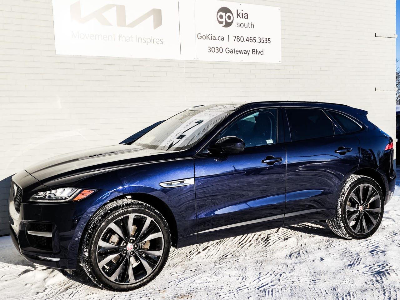 Recent Arrival! Blue 2019 Jaguar F-PACE 30t R-Sport AWD 8-Speed Automatic 2.0L I4 Turbocharged11 Speakers, 18-Way Electric Front Sport Seats w/Memory, 3.73 Axle Ratio, 4-Wheel Disc Brakes, ABS brakes, Air Conditioning, Alloy wheels, AM/FM radio: SiriusXM, Auto High-beam Headlights, Auto tilt-away steering wheel, Auto-dimming door mirrors, Auto-dimming Rear-View mirror, Automatic temperature control, Block heater, Brake assist, Bumpers: body-colour, CD player, Compass, Delay-off headlights, Driver door bin, Driver vanity mirror, Dual front impact airbags, Dual front side impact airbags, DVD-Audio, Electronic Stability Control, Exterior Parking Camera Rear, Four wheel independent suspension, Front anti-roll bar, Front Bucket Seats, Front dual zone A/C, Front fog lights, Front reading lights, Fully automatic headlights, Garage door transmitter: HomeLink, Headlight cleaning, Heated door mirrors, Heated Front Seats, Heated front seats, Heated steering wheel, Illuminated entry, InControl Apps, Leather steering wheel, Low tire pressure warning, Memory seat, Navigation system: InControl Touch Pro, Occupant sensing airbag, Outside temperature display, Overhead airbag, Overhead console, Panic alarm, Passenger door bin, Passenger vanity mirror, Perforated Grained Leather Seat Trim, Power door mirrors, Power driver seat, Power Liftgate, Power moonroof, Power passenger seat, Power steering, Power windows, Pro Services & Wi-Fi Hotspot, Radio data system, Radio: Meridian 380W Sound System, Rain sensing wipers, Rear anti-roll bar, Rear fog lights, Rear reading lights, Rear window defroster, Rear window wiper, Remote keyless entry, Security system, Speed control, Speed-sensing steering, Split folding rear seat, Spoiler, Sport steering wheel, Steering wheel memory, Steering wheel mounted audio controls, Tachometer, Telescoping steering wheel, Tilt steering wheel, Touch Pro Navigation System, Traction control, Trip computer, Turn signal indicator mirrors, Variably intermittent wipers, Wheels: 20 5 Split-Spoke (Style 5036).IN HOUSE FINANCING, IN HOUSE LEASING AVAILABLE O.A.C.If you are interested and need more information call or message our sales team, we will be glad to help you now!!Our knowledgeable sales staff will help assist you with every step. To book a test drive or receive further information give us a call at (780)-465-3535 or email us: kiahmed@gokia.caAt Go Kia, were happy to help! Proudly serving Edmonton and all of Alberta including St. Albert, Wetaskiwin, Fort McMurray, Grande Prairie, Drayton Valley, Nisku, Leduc, Rimby, Hinton, St. Paul, Lloydminster, Edson, and all of Western Canada!An AMVIC Licensed Business. Value Priced vehicles are aggressively priced and may require some additional mechanical or cosmetic repairs, all disclosed on a Vehicle Assessment Report!This vehicle may be leased or financed by anyone*, however, due to the recent increase in fraudulent vehicle purchase activity, Go Kia reserves the right to decline a transaction on suspicion of non-retail intentions including but not limited to wholesaling or exporting.*on approved credit, see dealer for details