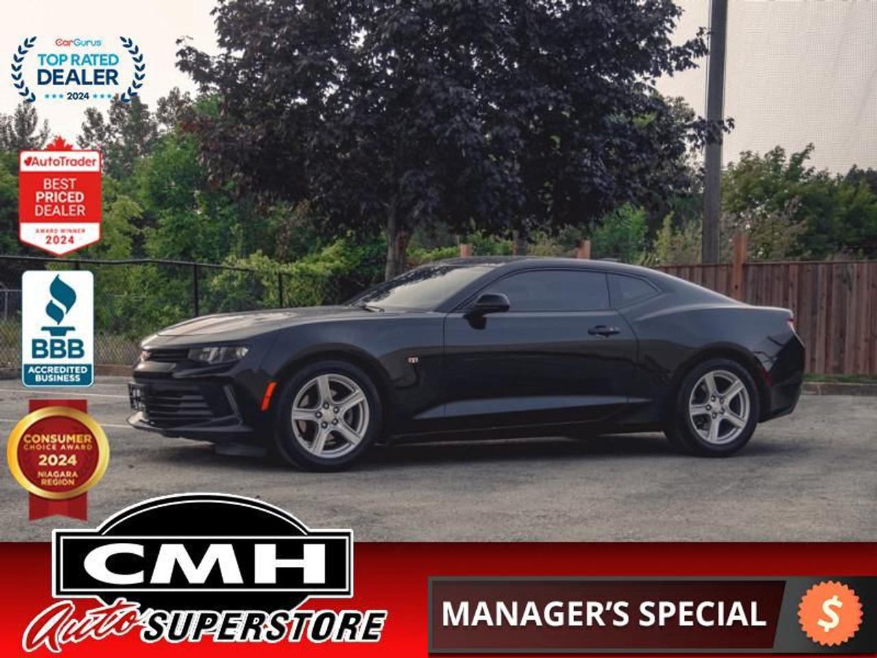 <b>ONLY 33,000 KMS !! REAR CAMERA, APPLE CARPLAY, ANDROID AUTO, BLUETOOTH, TOUCH DISPLAY SCREEN, USB PORT, STEERING WHEEL CONTROLS, CRUISE CONTROL, POWER SUNROOF, POWER DRIVER SEAT, CLIMATE CONTROL, PROXIMITY KEY, BUTTON START, 18-INCH ALLOY WHEELS</b><br>  <br>CMH certifies that all vehicles meet DOUBLE the Ministry standards for Brakes and Tires<br><br> <br>    This  2017 Chevrolet Camaro is for sale today. <br> <br>Built around a smaller, lighter architecture than the previous generation, the 2017 Chevrolet Camaro sports car takes full advantage of its tighter proportions with more responsive braking, better attack in and out of corners, and more nimble performance. The smaller, more athletic sixth-generation Camaro also features a fastback profile and more pronounced quarter panels, creating a road presence thats hard to ignore. This low mileage  coupe has just 33,491 kms. Its  black in colour  . It has an automatic transmission and is powered by a  275HP 2.0L 4 Cylinder Engine. <br> <br> Our Camaros trim level is 1LT. This Camaro LT comes with stylish aluminum wheels, a 7 inch colour touchscreen audio display with Chevrolet MyLink, bluetooth audio streaming, Apple Carplay and Android Auto. It also comes with a remote engine starter, SiriusXM radio, a rear vision camera to assist when backing out of a tight parking stall, power windows, door locks with keyless entry, air conditioning plus much more!  This vehicle has been upgraded with the following features: Android Auto,  Apple Carplay,  Wi-fi,  Aluminum Wheels,  Climate Control,  Proximity Key,  Bluetooth. <br> <br>To apply right now for financing use this link : <a href=https://www.cmhniagara.com/financing/ target=_blank>https://www.cmhniagara.com/financing/</a><br><br> <br/><br>Trade-ins are welcome! Financing available OAC ! Price INCLUDES a valid safety certificate! Price INCLUDES a 60-day limited warranty on all vehicles except classic or vintage cars. CMH is a Full Disclosure dealer with no hidden fees. We are a family-owned and operated business for over 30 years! o~o