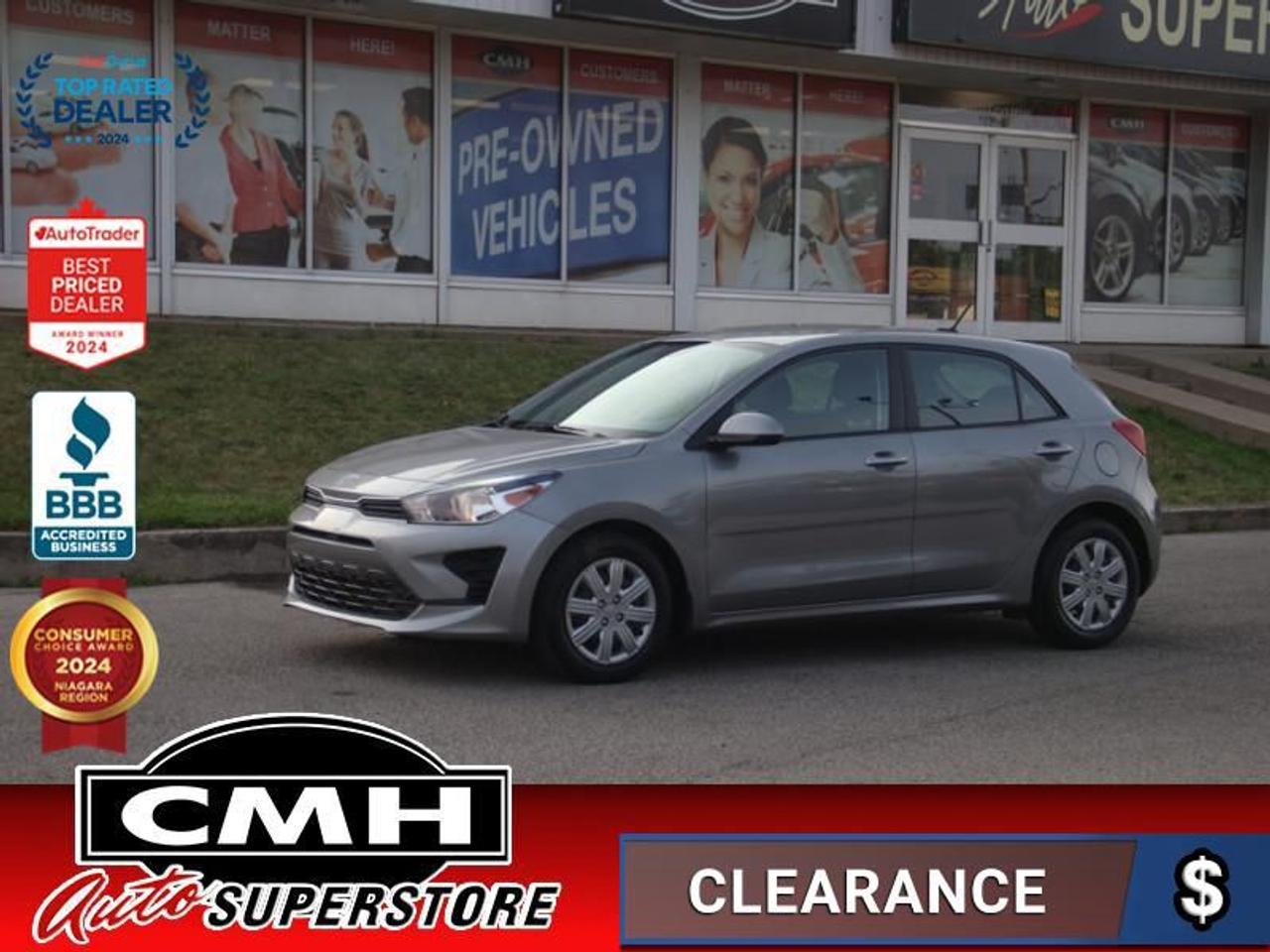 <b>FUEL EFFICIENT !! AUTOMATIC HATCHBACK !! REAR CAMERA, APPLE CARPLAY, ANDROID AUTO, BLUETOOTH, STEERING WHEEL CONTROLS, CRUISE CONTROL, HEATED SEATS, POWER WINDOWS, POWER LOCKS, POWER MIRRORS, AIR CONDITIONING, 15-INCH STEEL WHEELS W/ PLASTIC COVERS</b><br>  <br>CMH certifies that all vehicles meet DOUBLE the Ministry standards for Brakes and Tires<br><br> <br>    This  2021 Kia Rio 5-door is for sale today. <br> <br>This Rio was built to be efficient and affordable, while offering a surprising array of modern features like an infotainment system with a 5 inch display, Bluetooth, aux and USB inputs, and AM/FM/MP3 and satellite radio. Continuing the Kia tradition of high value is a loaded interior featuring heated front seats and steering wheel, leather steering wheel with audio controls, remote keyless entry, power locks and windows, rearview camera, automatic headlights, and heated power side mirrors.This  hatchback has 87,530 kms. Its  gray in colour  and is major accident free based on the <a href=https://vhr.carfax.ca/?id=vOkWFhOEb4TQ+4XAcjDV6W8OC+fA1gv8 target=_blank>CARFAX Report</a> . It has an automatic transmission and is powered by a  120HP 1.6L 4 Cylinder Engine. <br> <br> Our Rio 5-doors trim level is LX+. This LX+ adds some awesome features to modernize your Rio5 with cruise control, air conditioning and Bluetooth connectivity with streaming audio. Additional features include amazing tech like a large 8 inch touch screen display with wireless Android Auto and Apple CarPlay AUX and USB inputs and satellite radio. Continuing the Kia tradition of high value, this Rio5 is loaded with heated front seats, a leather steering wheel, remote keyless entry, power windows, a rearview camera, automatic headlights and heated power side mirrors. This vehicle has been upgraded with the following features: Back Up Camera, Apple Carplay, Android Auto, Bluetooth, Steering Wheel Controls, Cruise, Heated Front Seats. <br> <br>To apply right now for financing use this link : <a href=https://www.cmhniagara.com/financing/ target=_blank>https://www.cmhniagara.com/financing/</a><br><br> <br/><br>Trade-ins are welcome! Financing available OAC ! Price INCLUDES a valid safety certificate! Price INCLUDES a 60-day limited warranty on all vehicles except classic or vintage cars. CMH is a Full Disclosure dealer with no hidden fees. We are a family-owned and operated business for over 30 years! o~o