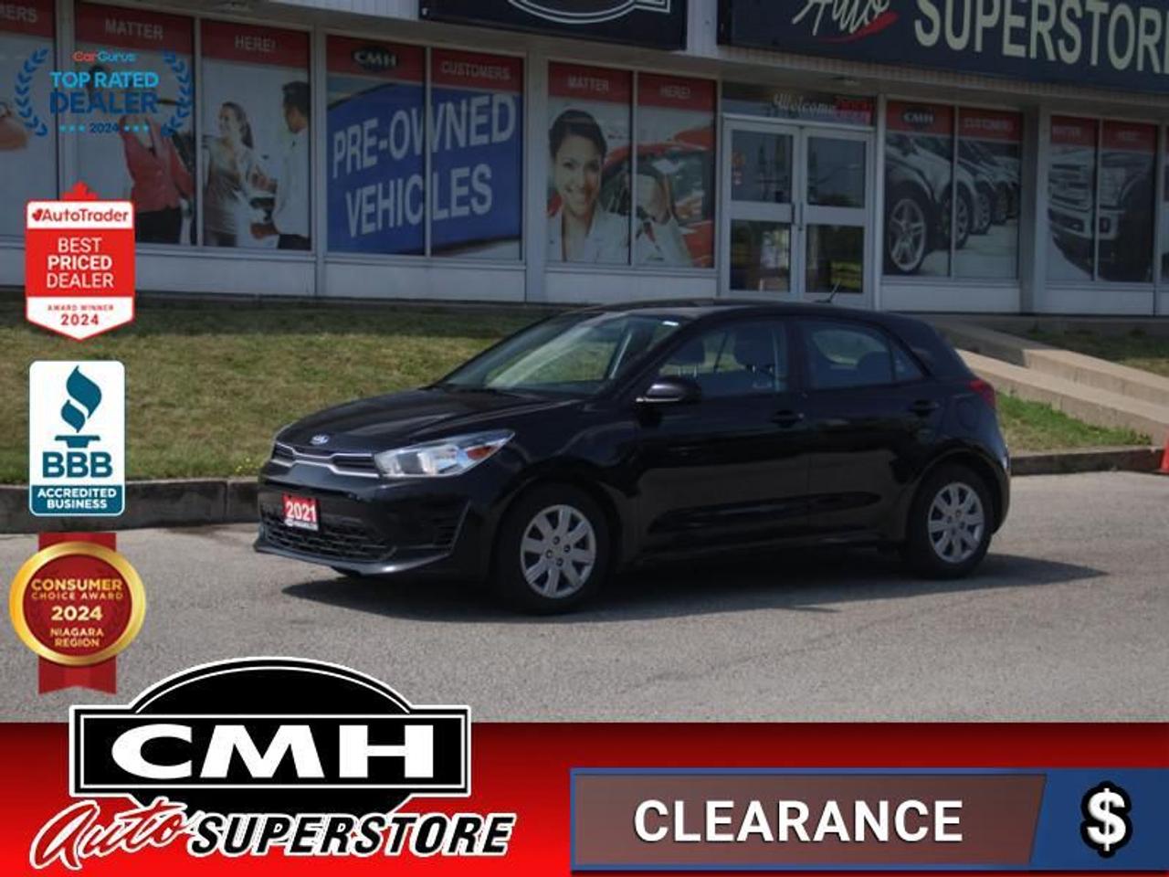 <b>AUTOMATIC HATCHBACK !! REAR CAMERA, APPLE CARPLAY, ANDROID AUTO, BLUETOOTH, STEERING WHEEL CONTROLS, CRUISE CONTROL, AUXILIARY PORT, POWER WINDOWS, POWER LOCKS, POWER MIRRORS, AIR CONDITIONING, 15-INCH STEEL WHEELS W/ PLASTIC COVERS</b><br>  <br>CMH certifies that all vehicles meet DOUBLE the Ministry standards for Brakes and Tires<br><br> <br>    This  2021 Kia Rio 5-door is for sale today. <br> <br>This Rio was built to be efficient and affordable, while offering a surprising array of modern features like an infotainment system with a 5 inch display, Bluetooth, aux and USB inputs, and AM/FM/MP3 and satellite radio. Continuing the Kia tradition of high value is a loaded interior featuring heated front seats and steering wheel, leather steering wheel with audio controls, remote keyless entry, power locks and windows, rearview camera, automatic headlights, and heated power side mirrors.This  hatchback has 86,549 kms. Its  black in colour  and is major accident free based on the <a href=https://vhr.carfax.ca/?id=rEeN58+bVVnce+apRs/RlHmGw0IVxa1s target=_blank>CARFAX Report</a> . It has an automatic transmission and is powered by a  120HP 1.6L 4 Cylinder Engine. <br> <br> Our Rio 5-doors trim level is LX+. This LX+ adds some awesome features to modernize your Rio5 with cruise control, air conditioning and Bluetooth connectivity with streaming audio. Additional features include amazing tech like a large 8 inch touch screen display with wireless Android Auto and Apple CarPlay AUX and USB inputs and satellite radio. Continuing the Kia tradition of high value, this Rio5 is loaded with heated front seats, a leather steering wheel, remote keyless entry, power windows, a rearview camera, automatic headlights and heated power side mirrors. This vehicle has been upgraded with the following features: Heated Seats,  Android Auto,  Apple Carplay,  Remote Keyless Entry,  Satellite Radio,  Touch Screen,  Streaming Audio. <br> <br>To apply right now for financing use this link : <a href=https://www.cmhniagara.com/financing/ target=_blank>https://www.cmhniagara.com/financing/</a><br><br> <br/><br>Trade-ins are welcome! Financing available OAC ! Price INCLUDES a valid safety certificate! Price INCLUDES a 60-day limited warranty on all vehicles except classic or vintage cars. CMH is a Full Disclosure dealer with no hidden fees. We are a family-owned and operated business for over 30 years! o~o