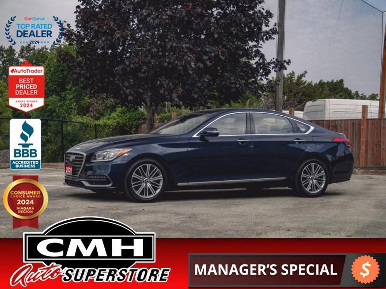 <b>ONLY 57,000 KMS !! AWD !! NAVIGATION, 360 CAMERA, PARK SENSORS, ADAPTIVE CRUISE, LANE KEEP, COLLISION SENSORS, BLIND SPOT, WIRELESS PHONE CHARGER, RAIN SENSING WIPERS, PANO ROOF, CARAMEL LEATHER, POWER SEATS, COOLED/HEATED SEATS, HEATED STEERING WHEEL<br></b><br>  <br>CMH certifies that all vehicles meet DOUBLE the Ministry standards for Brakes and Tires<br><br> <br>    This  2020 Genesis G80 is for sale today. <br> <br>Designed and created to be one of the most refined luxury sedans in the world, this Genesis G80 packs a punch with its potent engines, refined quality interiors, and supremely comfortable ride. Created to price out the luxury sedan segment, it easily beats the competitor offerings with its high value for money and made-as-standard long list of options not usually found in other vehicles of its nature. This low mileage  sedan has just 56,869 kms. Its  blue in colour  . It has an automatic transmission and is powered by a  311HP 3.8L V6 Cylinder Engine. <br> <br> Our G80s trim level is 3.8 Technology. As the trim suggests, this Genesis G80 Technology AWD trim has multiple added high tech options as well as a full time all wheel drive system for added safety and confidence. Options include a revised infotainment system with a 9.2 inch display, a 63 GB solid state storage disc, Apple Car Play and Android Auto connectivity, Bluetooth hands free, a quantum logic surround sound 17 speaker audio system, a head up display, heated and cooled front seats, heated rear seats, a heated steering wheel wrapped in leather upholstery, dual zone automatic air conditioning, distance pacing cruise control, a Homelink garage door transmitter, front and rear cameras and much more. This vehicle has been upgraded with the following features: Navigation,  Sunroof,  Leather Seats,  Cooled Seats,  Heated Seats,  Premium Sound Package,  Power Tailgate. <br> <br>To apply right now for financing use this link : <a href=https://www.cmhniagara.com/financing/ target=_blank>https://www.cmhniagara.com/financing/</a><br><br> <br/><br>Trade-ins are welcome! Financing available OAC ! Price INCLUDES a valid safety certificate! Price INCLUDES a 60-day limited warranty on all vehicles except classic or vintage cars. CMH is a Full Disclosure dealer with no hidden fees. We are a family-owned and operated business for over 30 years! o~o