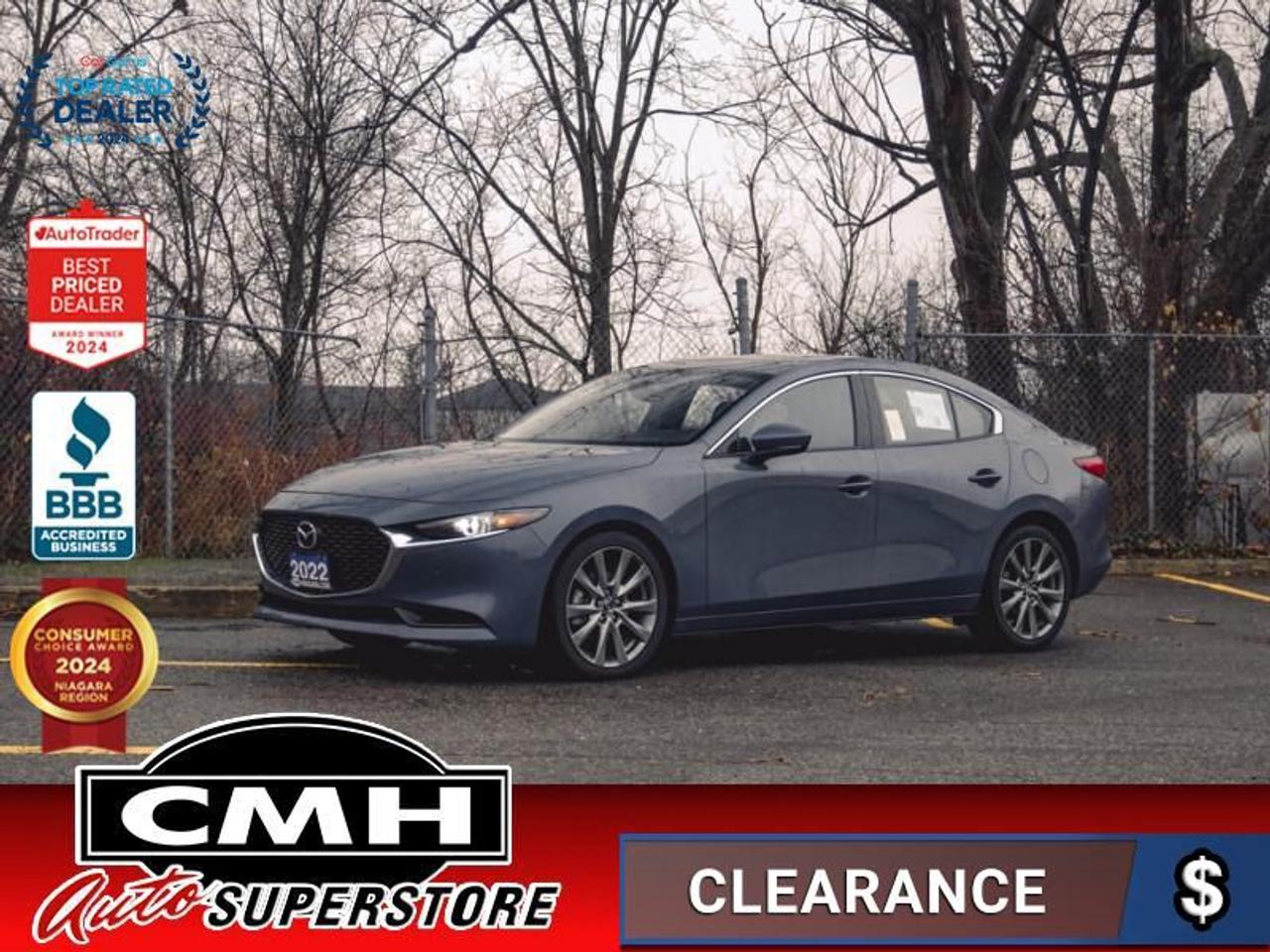 <b>ONLY 24,000 KMS !! AWD !! NAVIGATION, 360 CAMERA, PARK SENSORS, ADAPTIVE CRUISE CONTROL, BLIND SPOT, LANE DEPARTURE, RAIN SENSING WIPERS, APPLE CARPLAY, SUNROOF, LEATHER, POWER SEAT W/ MEMORY, HEATED SEATS, HEATED STEERING WHEEL, BOSE AUDIO, 18-IN ALLOYS</b><br>  <br>CMH certifies that all vehicles meet DOUBLE the Ministry standards for Brakes and Tires<br><br> <br>    This  2022 Mazda Mazda3 is for sale today. <br> <br>Like all Mazdas, this 2022 Mazda3 was built with one thing in mind: you. Born from our obsession with creating beautiful vehicles and expressed through our design language called Kodo: which means Soul of Motion Mazda aimed to capture movement, even while standing still. Stepping inside its elegant and airy cabin, youll feel right at home with ultra comfortable seats, a perfectly positioned steering wheel, and top notch technology for the modern era.This low mileage  sedan has just 23,948 kms. Its  gray in colour  and is major accident free based on the <a href=https://vhr.carfax.ca/?id=cKnLeUj9x16vF3R1BtRKBKW6N04khZom target=_blank>CARFAX Report</a> . It has an automatic transmission and is powered by a  186HP 2.5L 4 Cylinder Engine. <br> <br> Our Mazda3s trim level is GT. Upgrading to this ultra premium Mazda3 GT is a great choice that includes a power sunroof, heads up display, leather heated seats, a luxurious heated steering wheel, dual-zone climate control and larger aluminum wheels. It also includes an adaptive headlight system, advanced keyless entry, and a 8.8 inch wide colour display that is paired with built in navigation, Android Auto, Apple CarPlay and Mazda Connect. Additional features includes SiriusXM, smart city brake support, lane-keep assist with lane departure warning, advanced blind spot monitoring with rear cross traffic alert, a 360 degree camera, forward collision braking, front and rear park assist, and a 10 way power driver seat to add safety and convenience. This vehicle has been upgraded with the following features: Head Up Display,  Sunroof,  Navigation,  Leather Seats,  Heated Steering Wheel,  Lane Keep Assist,  Adaptive Cruise. <br> <br>To apply right now for financing use this link : <a href=https://www.cmhniagara.com/financing/ target=_blank>https://www.cmhniagara.com/financing/</a><br><br> <br/><br>Trade-ins are welcome! Financing available OAC ! Price INCLUDES a valid safety certificate! Price INCLUDES a 60-day limited warranty on all vehicles except classic or vintage cars. CMH is a Full Disclosure dealer with no hidden fees. We are a family-owned and operated business for over 30 years! o~o