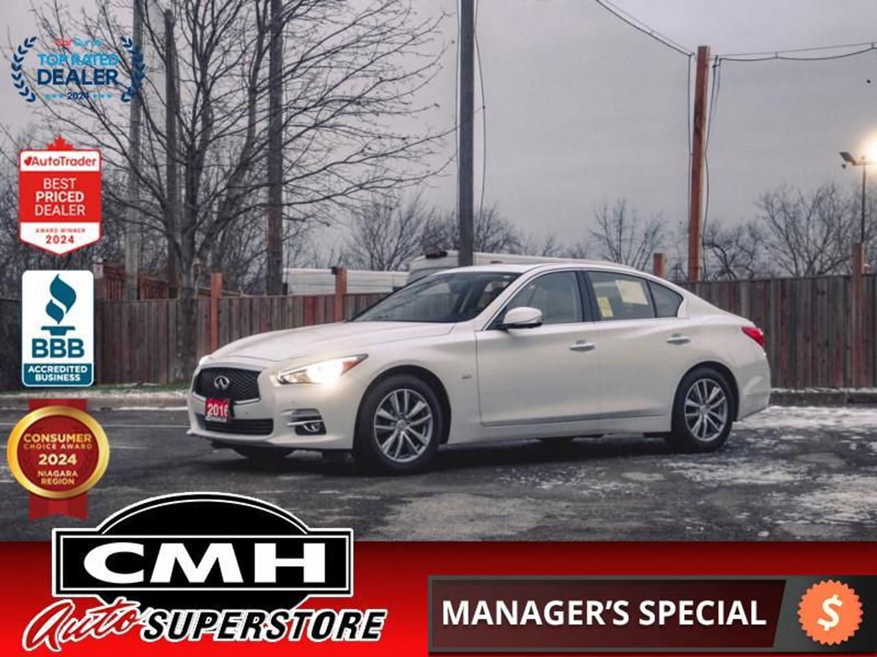 <b>ONLY 26,000 KMS !! AWD !! NAVIGATION, 360 CAMERA, PARKING SENSORS, COLLISION SENSORS, BLIND SPOT, RAIN SENSING WIPERS, BLUETOOTH, SUNROOF, LEATHER, POWER SEATS W/ DRIVER MEMORY, HEATED SEATS/STEERING WHEEL, DUAL CLIMATE CONTROL, 17-INCH ALLOY WHEELS</b><br>  <br>CMH certifies that all vehicles meet DOUBLE the Ministry standards for Brakes and Tires<br><br> <br>    This  2016 INFINITI Q50 is for sale today. <br> <br>Make a powerful statement with this beautiful Infiniti Q50. Its head-turning design is backed up by impressive performance from the responsive engine to the competent handling. Inside, youll be welcomed with premium materials and modern technology. If you want a luxury sedan that wont blend in with the mundane, this exciting, yet dignified Infiniti Q50 is a top choice. This low mileage  sedan has just 26,476 kms. Its  white in colour  . It has an automatic transmission and is powered by a  208HP 2.0L 4 Cylinder Engine. <br> <br> Our Q50s trim level is 2.0t. This curvaceous performance sedan by Infiniti, the Q50 2.0t is a very capable sports sedan with a high aspect on comfort and luxury. Options include a power sunroof with sunshade, heated side mirrors with turn signals, front fog lamps, twin 7 and 8 inch displays, Bluetooth connectivity, SiriusXM, heated front bucket seats, keyless entry and engine start, cruise control, a heated leather steering wheel, dual zone climate control, leather seat trim, leather door trim, a rear view camera and much more. This vehicle has been upgraded with the following features: Sunroof,  Heated Seats,  Bluetooth,  Siriusxm,  Aluminum Wheels,  Air Conditioning,  Fog Lamps. <br> <br>To apply right now for financing use this link : <a href=https://www.cmhniagara.com/financing/ target=_blank>https://www.cmhniagara.com/financing/</a><br><br> <br/><br>Trade-ins are welcome! Financing available OAC ! Price INCLUDES a valid safety certificate! Price INCLUDES a 60-day limited warranty on all vehicles except classic or vintage cars. CMH is a Full Disclosure dealer with no hidden fees. We are a family-owned and operated business for over 30 years! o~o