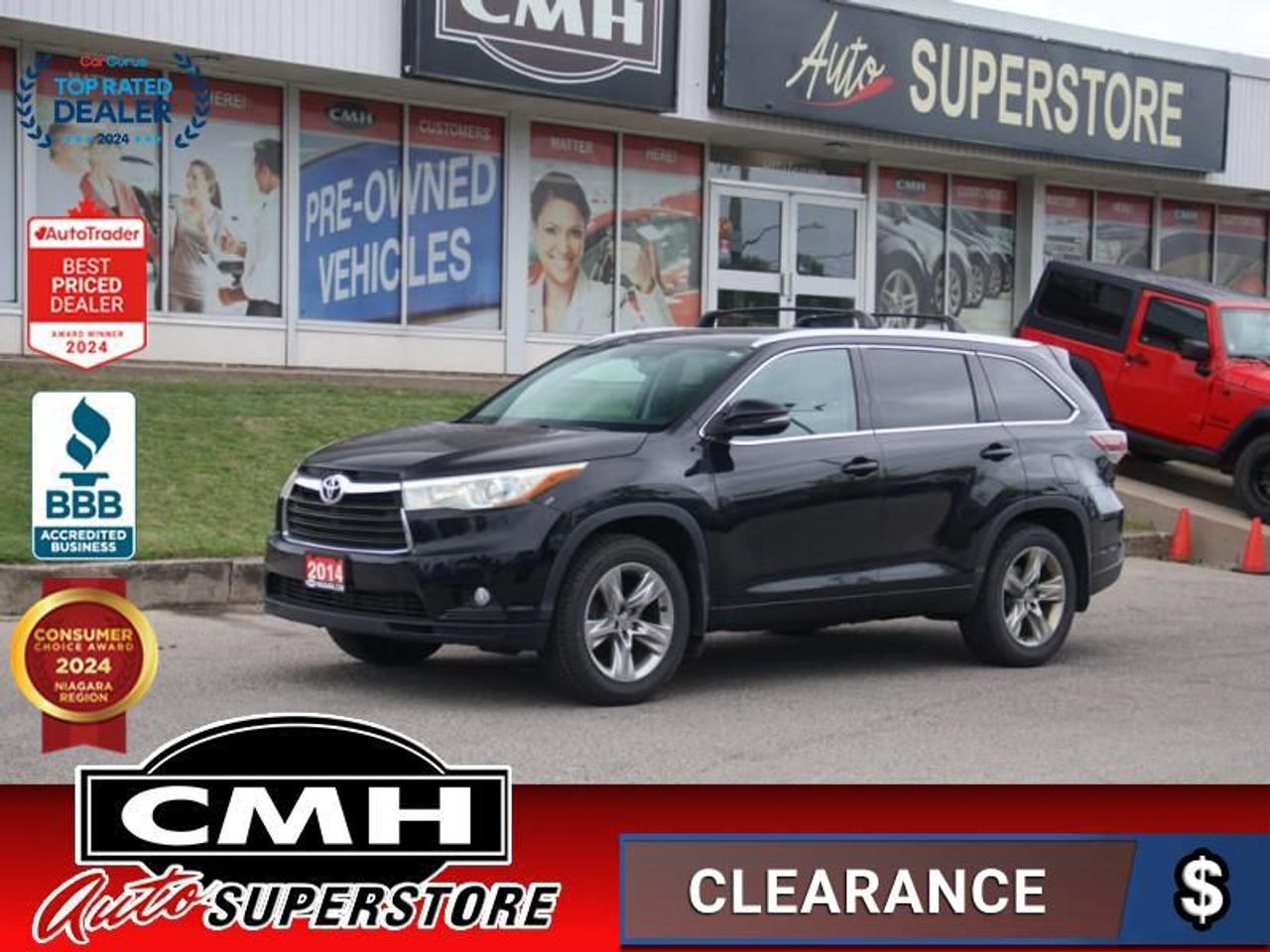 <b>VERY CLEAN UNIT !! NAVIGATION, REAR CAMERA, PARKING SENSORS, BLIND SPOT SENSORS, BLUETOOTH, PANORAMIC SUNROOF, LEATHER, POWER SEATS W/ DRIVER MEMORY, COOLED/HEATED SEATS, HEATED REAR SEATS, HEATED STEERING WHEEL, POWER LIFTGATE, 19-INCH ALLOYS<br></b><br>  <br>CMH certifies that all vehicles meet DOUBLE the Ministry standards for Brakes and Tires<br><br> <br>    This  2014 Toyota Highlander is for sale today. <br> <br>Representing the first year of the third generation, the 2014 Highlander now sports a bolder, more chiseled look. More defined side panels play into the aerodynamic look Toyota was going for when it first sketched this Highlander. The all-new Toyota Highlander SUV boasts a clean interior that was redesigned with horizontal lines throughout the dashboard, stopping at the centralized multimedia screen, and spans all the way to the front passengers side door. Large round knobs allow you to control the Highlanders controls with ease, even when wearing work or winter gloves.This  SUV has 231,472 kms. Its  black in colour  . It has an automatic transmission and is powered by a  270HP 3.5L V6 Cylinder Engine.  This vehicle has been upgraded with the following features: Navigation,  Sunroof,  Leather Seats,  Cooled Seats,  Heated Seats,  Heated Steering Wheel,  Power Tailgate. <br> <br>To apply right now for financing use this link : <a href=https://www.cmhniagara.com/financing/ target=_blank>https://www.cmhniagara.com/financing/</a><br><br> <br/><br>Trade-ins are welcome! Financing available OAC ! Price INCLUDES a valid safety certificate! Price INCLUDES a 60-day limited warranty on all vehicles except classic or vintage cars. CMH is a Full Disclosure dealer with no hidden fees. We are a family-owned and operated business for over 30 years! o~o