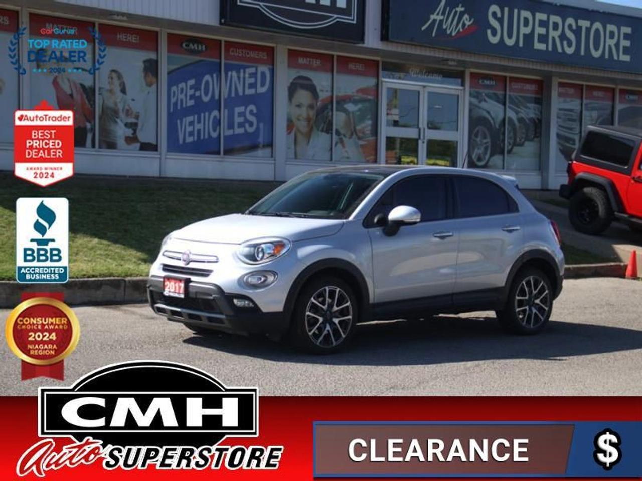 <b>ONLY 83,000 KMS !! REAR CAMERA, BLUETOOTH, AUXILIARY PORT, USB PORT, 5-INCH TOUCH SCREEN, STEERING WHEEL CONTROLS, CRUISE CONTROL, CLOTH SEATS W/ LEATHER TRIM, PANORAMIC SUNROOF, PROXIMITY KEY, BUTTON START, REMOTE START, 18-INCH ALLOY WHEELS</b><br>  <br>CMH certifies that all vehicles meet DOUBLE the Ministry standards for Brakes and Tires<br><br> <br>    This  2017 FIAT 500X is for sale today. <br> <br>The compact crossover that took the world by storm with its bold styling, crazy color schemes and excellent off-road capabilities. The 2017 Fiat 500X has the best of both worlds. It is a capable SUV when needed and a quiet well mannered family car the rest of the time. With a few different trim models and loads of standard features between them, the Fiat 500X is the right choice for any family. This  wagon has 83,962 kms. Its  grey in colour  and is major accident free based on the <a href=https://vhr.carfax.ca/?id=cLGgajZ+7scQQfbcNxexskKS9z+rn76U target=_blank>CARFAX Report</a> . It has an automatic transmission and is powered by a  180HP 2.4L 4 Cylinder Engine. <br> <br> Our 500Xs trim level is Trekking. The 2017 Fiat 500X trekking is a versatile, capable small SUV with plenty of cabin room, great performances and excellent styling. With a large number of options such as aluminum wheels, cornering lights, front fog lights,  fully automatic projector beam halogen headlamps, a powerful 6 speaker stereo with a Uconnect 5 touch display, premium cloth bucket seats, remote key-less illuminated entry, leather steering wheel, air conditioning, cruise control, perimeter alarm and air filtration this Trekking version of the 500X has a lot on the table and then some. This vehicle has been upgraded with the following features: Uconnect,  Aluminum Wheels,  Air Conditioning,  Fog Lamps,  Steering Wheel Audio Control,  Power Windows,  Cruise Control. <br> To view the original window sticker for this vehicle view this <a href=http://www.chrysler.com/hostd/windowsticker/getWindowStickerPdf.do?vin=ZFBCFXCB0HP578395 target=_blank>http://www.chrysler.com/hostd/windowsticker/getWindowStickerPdf.do?vin=ZFBCFXCB0HP578395</a>. <br/><br> <br>To apply right now for financing use this link : <a href=https://www.cmhniagara.com/financing/ target=_blank>https://www.cmhniagara.com/financing/</a><br><br> <br/><br>Trade-ins are welcome! Financing available OAC ! Price INCLUDES a valid safety certificate! Price INCLUDES a 60-day limited warranty on all vehicles except classic or vintage cars. CMH is a Full Disclosure dealer with no hidden fees. We are a family-owned and operated business for over 30 years! o~o