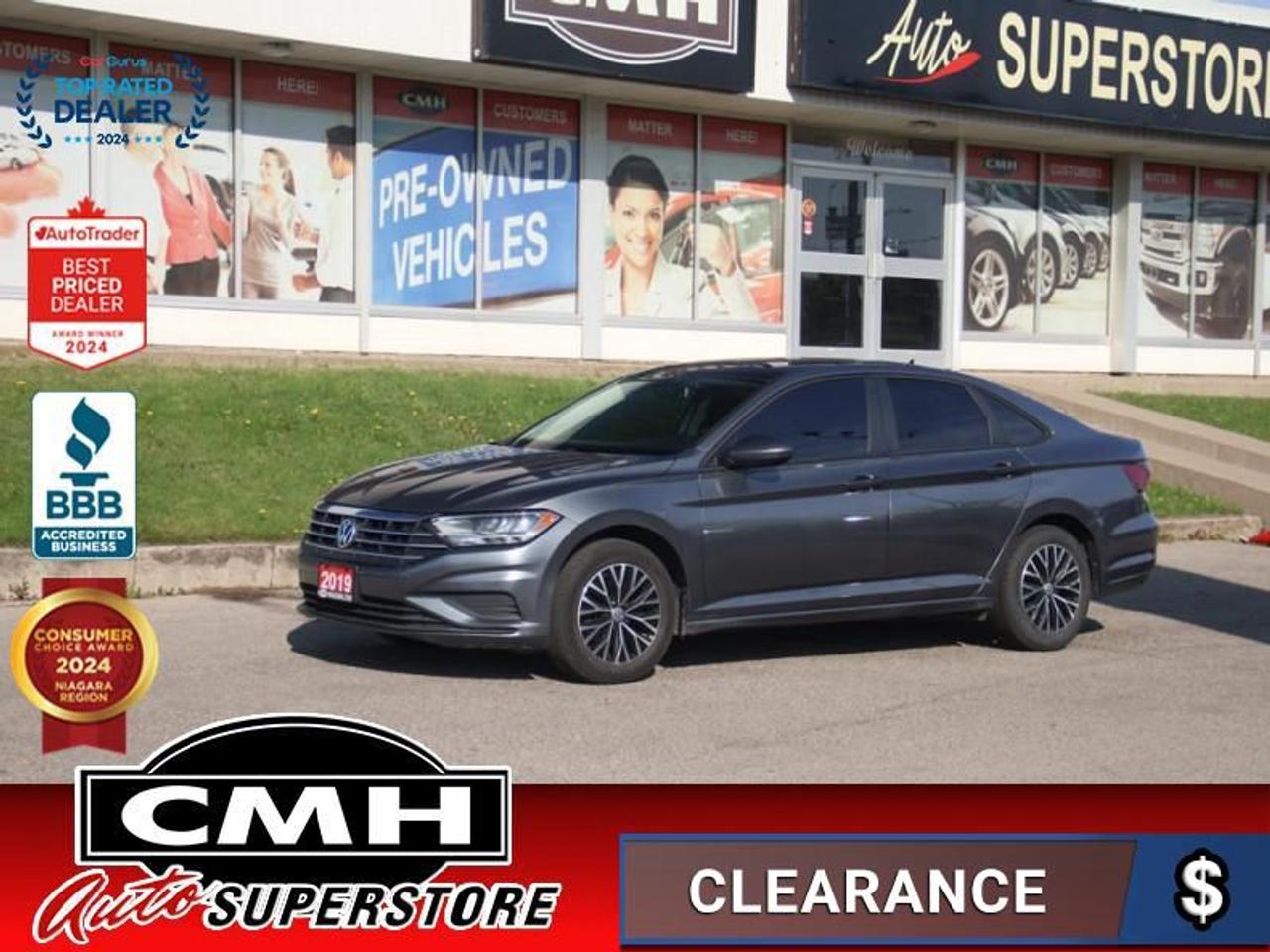 <b>GREAT FEATURES !! REAR CAMERA, BLIND SPOT, LANE KEEPING, CROSS TRAFFIC ALERT, RAIN SENSING WIPERS, APPLE CARPLAY, ANDROID AUTO, BLUETOOTH, STEERING WHEEL CONTROLS, SUNROOF, LEATHER, HEATED SEATS, DUAL CLIMATE CONTROL, BUTTON START, 16-INCH ALLOY WHEELS</b><br>  <br>CMH certifies that all vehicles meet DOUBLE the Ministry standards for Brakes and Tires<br><br> <br>    This  2019 Volkswagen Jetta is for sale today. <br> <br>Redesigned. Not over designed. Rather than adding needless flash, the Jetta has been redesigned for a tasteful, more premium look and feel. One quick glance is all it takes to appreciate the result. Its sporty. Its sleek. It makes a statement without screaming. The overall effect stands out anywhere. Its roomy and well finished interior provides the best of comforts and will help keep this elegant sedan ageless and beautiful for many years to come.This  sedan has 157,590 kms. Its  gray in colour  . It has an automatic transmission and is powered by a  147HP 1.4L 4 Cylinder Engine. <br> <br> Our Jettas trim level is Highline. This Volkswagen Jetta Highline brings in a few more creature comforts such as elegant alloy wheels, body colored heated side mirrors, heated wiper jets, fully automatic LED headlamps, twin dual power sunroofs, a powerful 6 speaker stereo with an 8 inch display and App-Connect smart phone integration, SiriusXM satellite radio, Bluetooth connectivity, a leather multi-functional steering wheel, heated front comfort seats with manual adjustment, dual zone automatic air conditioning, cruise control, proximity keyless entry with push button start, front and rear cup holders, a front center armrest, a rear view camera, blind spot detection sensors, rear cross traffic alert, and much more. This vehicle has been upgraded with the following features: Rail 2 Rail Power Sunroof,  Blind Spot Detection,  Kessy - Keyless Access,  Leatherette Seats,  Heated Seats,  Rama Alloy Wheels,  Android Auto. <br> <br>To apply right now for financing use this link : <a href=https://www.cmhniagara.com/financing/ target=_blank>https://www.cmhniagara.com/financing/</a><br><br> <br/><br>Trade-ins are welcome! Financing available OAC ! Price INCLUDES a valid safety certificate! Price INCLUDES a 60-day limited warranty on all vehicles except classic or vintage cars. CMH is a Full Disclosure dealer with no hidden fees. We are a family-owned and operated business for over 30 years! o~o