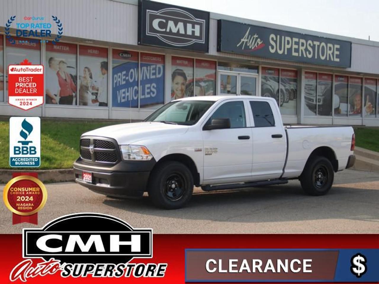 <b>V8 4X4 !! REAR CAMERA, BLUETOOTH, TOUCH DISPLAY SCREEN, STEERING WHEEL CONTROLS, CRUISE CONTROL, POWER WINDOWS, POWER LOCKS, POWER MIRRORS, AIR CONDITIONING, 17-INCH STEEL WHEELS W/ BLACK PLASTIC CAPS</b><br>  <br>CMH certifies that all vehicles meet DOUBLE the Ministry standards for Brakes and Tires<br><br> <br>    This  2021 Ram 1500 Classic is for sale today. <br> <br>The reasons why this Ram 1500 Classic stands above its well-respected competition are evident: uncompromising capability, proven commitment to safety and security, and state-of-the-art technology. From its muscular exterior to the well-trimmed interior, this 2021 Ram 1500 Classic is more than just a workhorse. Get the job done in comfort and style while getting a great value with this amazing full size truck. This  Quad Cab 4X4 pickup  has 62,094 kms. Its  white in colour  and is major accident free based on the <a href=https://vhr.carfax.ca/?id=y46pvvMF3q3pjcpbg6KqRBm3Zgic05nC target=_blank>CARFAX Report</a> . It has an automatic transmission and is powered by a  395HP 5.7L 8 Cylinder Engine. <br> <br> Our 1500 Classics trim level is Tradesman. This highly capable Ram 1500 Classic Tradesman is a serious work truck that comes well equipped with an easy to clean rugged vinyl floor, heavy-duty shock absorbers, electronic stability control and trailer sway control. This Ram 1500 stands ready to serve with a ParkView rear back-up camera, cruise control, air conditioning, an infotainment hub with radio 3.0 and a USB port, automatic headlights, power windows, power doors, and more. This vehicle has been upgraded with the following features: Rear Camera,  Cruise Control,  Air Conditioning,  Power Windows,  Power Doors. <br> To view the original window sticker for this vehicle view this <a href=http://www.chrysler.com/hostd/windowsticker/getWindowStickerPdf.do?vin=1C6RR7FT1MS594560 target=_blank>http://www.chrysler.com/hostd/windowsticker/getWindowStickerPdf.do?vin=1C6RR7FT1MS594560</a>. <br/><br> <br>To apply right now for financing use this link : <a href=https://www.cmhniagara.com/financing/ target=_blank>https://www.cmhniagara.com/financing/</a><br><br> <br/><br>Trade-ins are welcome! Financing available OAC ! Price INCLUDES a valid safety certificate! Price INCLUDES a 60-day limited warranty on all vehicles except classic or vintage cars. CMH is a Full Disclosure dealer with no hidden fees. We are a family-owned and operated business for over 30 years! o~o