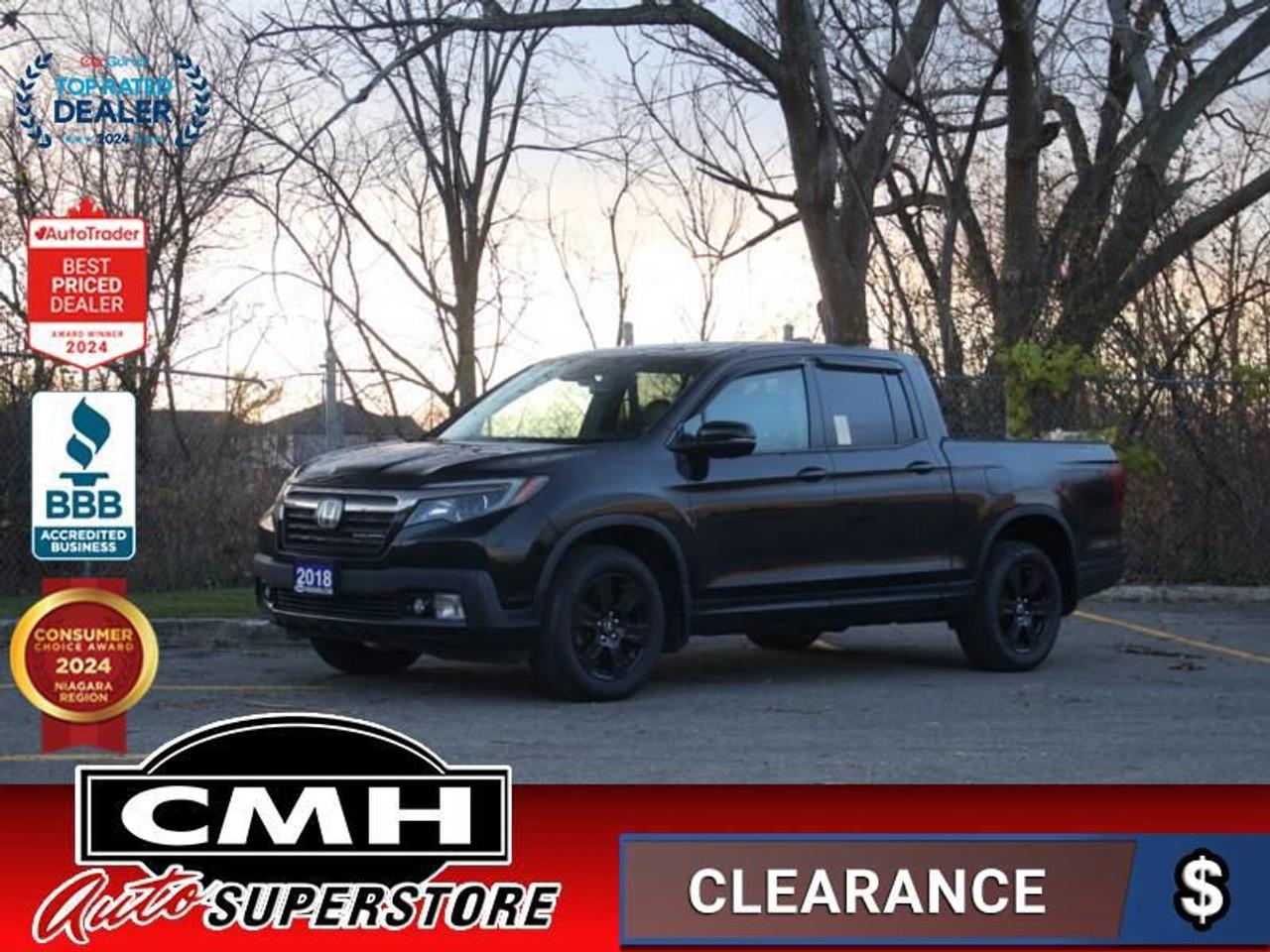 <b>ONLY 78,000 KMS !! NAVIGATION, REAR CAMERA, PARKING SENSORS, BLIND SPOT, ADAPTIVE CRUISE, LANE DEPARTURE, COLLISION SENSORS, LANE KEEPING, RAIN SENSING WIPERS, SUNROOF, LEATHER, POWER SEATS, COOLED/HEATED SEATS, HEATED STEERING WHEEL, REMOTE START</b><br>  <br>CMH certifies that all vehicles meet DOUBLE the Ministry standards for Brakes and Tires<br><br> <br>    This  2018 Honda Ridgeline is for sale today. <br> <br>Honda threw out the rulebook with the latest version of the Ridgeline and made a totally unconventional pickup truck. It has all the utility of a pickup combined with car-like ride quality. Its unique unibody design gives it excellent road manners and a smooth ride while maintaining the hard-working functionality of a truck. Theres never been a pickup thats easier to drive, packed with quirks, versatility, and character making the 2018 Honda Ridgeline one of a kind. This low mileage  Crew Cab 4X4 pickup  has just 77,748 kms. Its  black in colour  . It has an automatic transmission and is powered by a  280HP 3.5L V6 Cylinder Engine. <br> <br> Our Ridgelines trim level is Black Edition. The Ridgeline Black Edition comes with a tough aesthetic and impressive features. Along with its aggressive Black Edition appearance package, it comes with a display audio system with Bluetooth, SiriusXM, navigation, and 8 speaker premium audio, 4 USB ports, a truck bed audio system, heated and ventilated leather seats, memory drivers seat and mirrors, integrated LED bed lights, a power moonroof, a rear view camera, LaneWatch blind spot detection, forward collision warning, adaptive cruise control, and much more. This vehicle has been upgraded with the following features: Navigation,  Premium Sound Package,  Sunroof,  Leather Seats,  Adaptive Cruise Control,  Bluetooth,  Rear View Camera . <br> <br>To apply right now for financing use this link : <a href=https://www.cmhniagara.com/financing/ target=_blank>https://www.cmhniagara.com/financing/</a><br><br> <br/><br>Trade-ins are welcome! Financing available OAC ! Price INCLUDES a valid safety certificate! Price INCLUDES a 60-day limited warranty on all vehicles except classic or vintage cars. CMH is a Full Disclosure dealer with no hidden fees. We are a family-owned and operated business for over 30 years! o~o