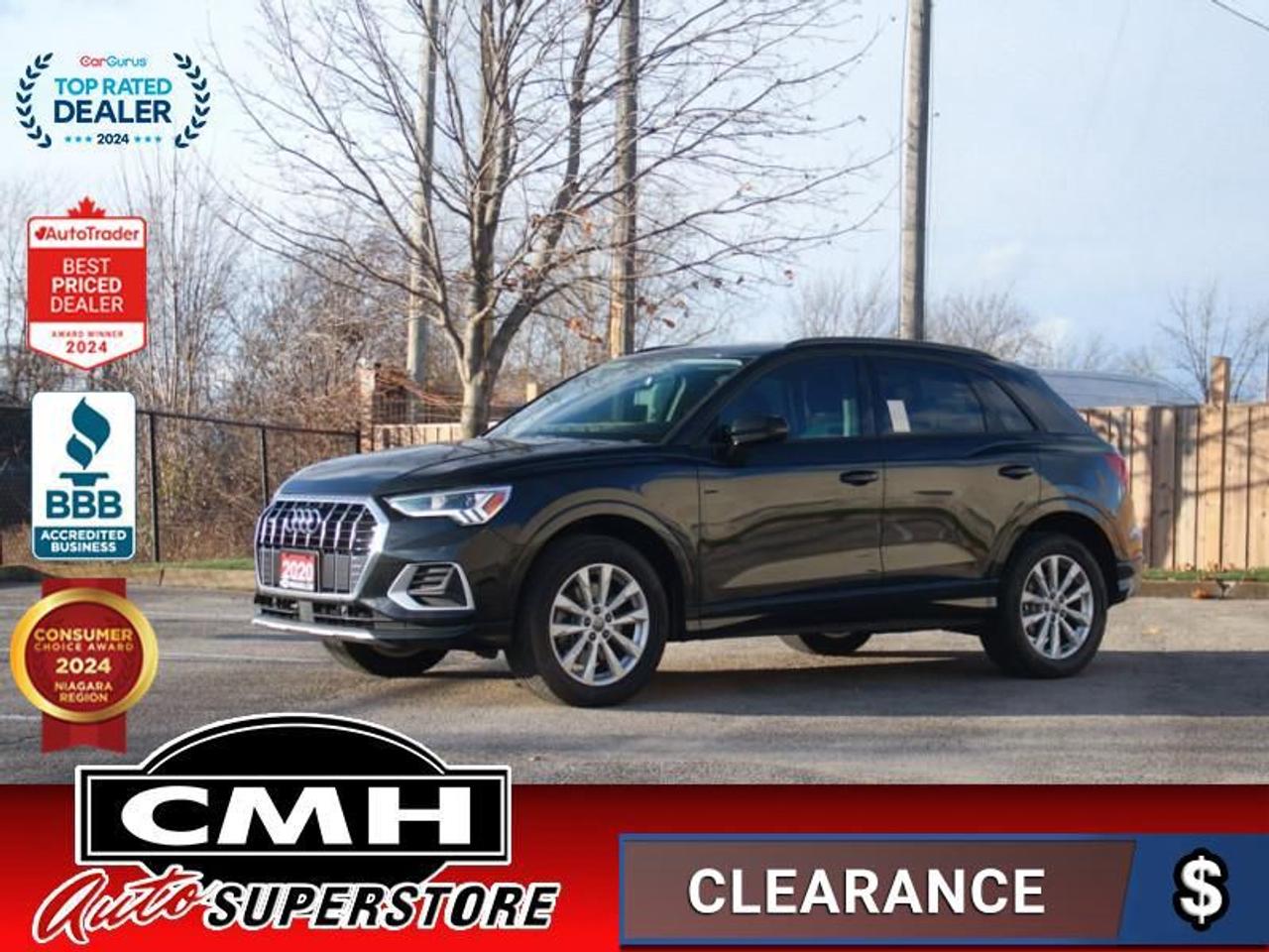<b>ONLY 42,000 KMS !! QUATTRO !! REAR CAMERA, APPLE CARPLAY, ANDROID AUTO, BLUETOOTH, STEERING WHEEL CONTROLS, PANORAMIC SUNROOF, LEATHER, POWER DRIVER SEAT, HEATED SEATS, HEATED STEERING WHEEL, DUAL CLIMATE CONTROL, RAIN SENSING WIPERS, 18-INCH ALLOYS</b><br>  <br>CMH certifies that all vehicles meet DOUBLE the Ministry standards for Brakes and Tires<br><br> <br>    This  2020 Audi Q3 is for sale today. <br> <br>With plenty of style and Audis sporty design language, this aggressive 2020 Q3 is packed full of modern technology and luxurious features. The capability and utility in this compact crossover is second to none, with tons of extra space for all of your passengers. With an improved driving position the Q3s cabin is more luxurious, featuring ambient interior lighting, a fully digital gauge cluster, and contrasting microsuede on the dashboard and doors.This low mileage  SUV has just 41,010 kms. Its  black in colour  and is major accident free based on the <a href=https://vhr.carfax.ca/?id=Y2pxOadJUMn5vUKgvLU5GKp06HRIzUpy target=_blank>CARFAX Report</a> . It has an automatic transmission and is powered by a  228HP 2.0L 4 Cylinder Engine. <br> <br> Our Q3s trim level is Komfort 45 TFSI quattro. This Q3 Komfort packs a big punch in a desirable package with a dual row sunroof, heated leather bucket seats, a heated leather steering wheel, proximity key with push button start, remote cargo access, voice activated LCD touch screen infotainment with Audi smartphone interface, and a rear backup camera. This small crossover does not fall short on style with a dual tailpipe, aluminum alloy wheels, a chrome grille, automatic LED lighting, fog lamps, and perimeter lights. This vehicle has been upgraded with the following features: Sunroof,  Leather Seats,  Heated Seats,  Power Liftgate,  Heated Steering Wheel,  Forward Collision Mitigation,  Led Lights. <br> <br>To apply right now for financing use this link : <a href=https://www.cmhniagara.com/financing/ target=_blank>https://www.cmhniagara.com/financing/</a><br><br> <br/><br>Trade-ins are welcome! Financing available OAC ! Price INCLUDES a valid safety certificate! Price INCLUDES a 60-day limited warranty on all vehicles except classic or vintage cars. CMH is a Full Disclosure dealer with no hidden fees. We are a family-owned and operated business for over 30 years! o~o