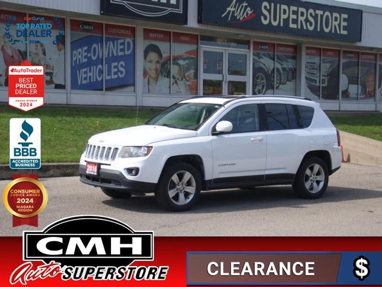 <b>4X4 !! BLUETOOTH, STEERING WHEEL CONTROLS, CRUISE CONTROL, AUXILIARY PORT, SUNROOF, LEATHER, POWER DRIVER SEAT, HEATED SEATS, POWER WINDOWS, POWER LOCKS, POWER MIRRORS, AIR CONDITIONING, 17-INCH ALLOY WHEELS</b><br>  <br>CMH certifies that all vehicles meet DOUBLE the Ministry standards for Brakes and Tires<br><br> <br>    This  2016 Jeep Compass is for sale today. <br> <br>The Jeep Compass provides the capability and off-roading prowess you expect from a Jeep while offering the efficiency and practical size of a compact model. With this kind of capability, youre never left stranded and you never miss out on the fun. Traditional Jeep styling meets modern technology for an enjoyable ride every time. This  SUV has 135,419 kms. Its  white in colour  . It has an automatic transmission and is powered by a  172HP 2.4L 4 Cylinder Engine. <br> <br> Our Compasss trim level is High Altitude. Premium comfort and style are yours for the taking with an impressive array of standard features in the Compass High Altitude. It comes with leather seats which are heated in front, a leather-wrapped steering wheel with audio and cruise control, a power sunroof, Bluetooth streaming audio and phone interface, SiriusXM, power windows, power doors, air conditioning, and more. This vehicle has been upgraded with the following features: Aluminum Wheels,  Fog Lamps,  Cruise Control,  Roof Rails. <br> To view the original window sticker for this vehicle view this <a href=http://www.chrysler.com/hostd/windowsticker/getWindowStickerPdf.do?vin=1C4NJDAB5GD792210 target=_blank>http://www.chrysler.com/hostd/windowsticker/getWindowStickerPdf.do?vin=1C4NJDAB5GD792210</a>. <br/><br> <br>To apply right now for financing use this link : <a href=https://www.cmhniagara.com/financing/ target=_blank>https://www.cmhniagara.com/financing/</a><br><br> <br/><br>Trade-ins are welcome! Financing available OAC ! Price INCLUDES a valid safety certificate! Price INCLUDES a 60-day limited warranty on all vehicles except classic or vintage cars. CMH is a Full Disclosure dealer with no hidden fees. We are a family-owned and operated business for over 30 years! o~o
