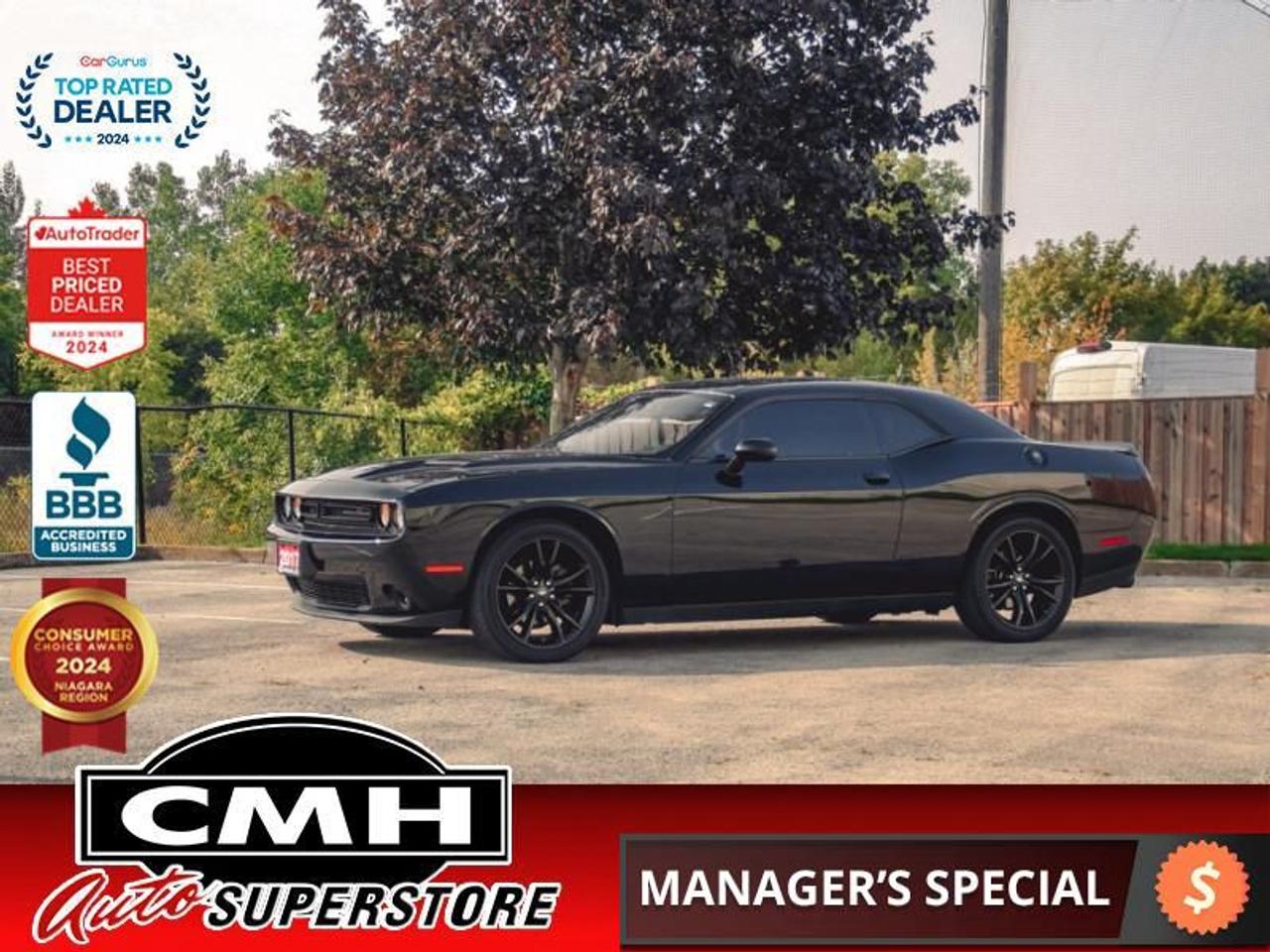 <b>ONLY 74,000 KMS !! BLACKTOP PACKAGE !! REAR CAMERA, BLUETOOTH, AUX + USB PORTS, TOUCH DISPLAY SCREEN, STEERING WHEEL CONTROLS, CRUISE CONTROL, POWER DRIVER SEAT, DUAL CLIMATE CONTROL, QUAD TIP EXHAUST, HOOD SCOOP, LIP SPOILER, 20-IN BLACK ALLOY WHEELS</b><br>  <br>CMH certifies that all vehicles meet DOUBLE the Ministry standards for Brakes and Tires<br><br> <br>    This  2017 Dodge Challenger is for sale today. <br> <br>This Dodge Challenger is the brilliant combination of classic character and modern mechanics. It appeals to die-hards with its signature styling while the latest technology enhancements give this legend the power to uphold the weight of its storied reputation. A roomy back seat gives this muscle car more practicality than its competitors. This Challenger is equal parts icon and modern-day performance machine. This low mileage  coupe has just 73,459 kms. Its  black in colour  . It has an automatic transmission and is powered by a  305HP 3.6L V6 Cylinder Engine. <br> <br> Our Challengers trim level is SXT. This Challenger SXT is the best muscle car value on the market. It comes with a Uconnect infotainment system with Bluetooth, a media hub with an SD card slot, a USB port, and an aux jack, automatic headlights, aluminum wheels, dual exhaust, LED taillights, performance suspension, 60/40 split folding back seats, dual-zone automatic climate control, a leather-wrapped steering wheel with audio and cruise control, and more! This vehicle has been upgraded with the following features: Bluetooth,  Aluminum Wheels,  Steering Wheel Audio Control,  Air Conditioning,  Cruise Control. <br> To view the original window sticker for this vehicle view this <a href=http://www.chrysler.com/hostd/windowsticker/getWindowStickerPdf.do?vin=2C3CDZAG8HH608460 target=_blank>http://www.chrysler.com/hostd/windowsticker/getWindowStickerPdf.do?vin=2C3CDZAG8HH608460</a>. <br/><br> <br>To apply right now for financing use this link : <a href=https://www.cmhniagara.com/financing/ target=_blank>https://www.cmhniagara.com/financing/</a><br><br> <br/><br>Trade-ins are welcome! Financing available OAC ! Price INCLUDES a valid safety certificate! Price INCLUDES a 60-day limited warranty on all vehicles except classic or vintage cars. CMH is a Full Disclosure dealer with no hidden fees. We are a family-owned and operated business for over 30 years! o~o
