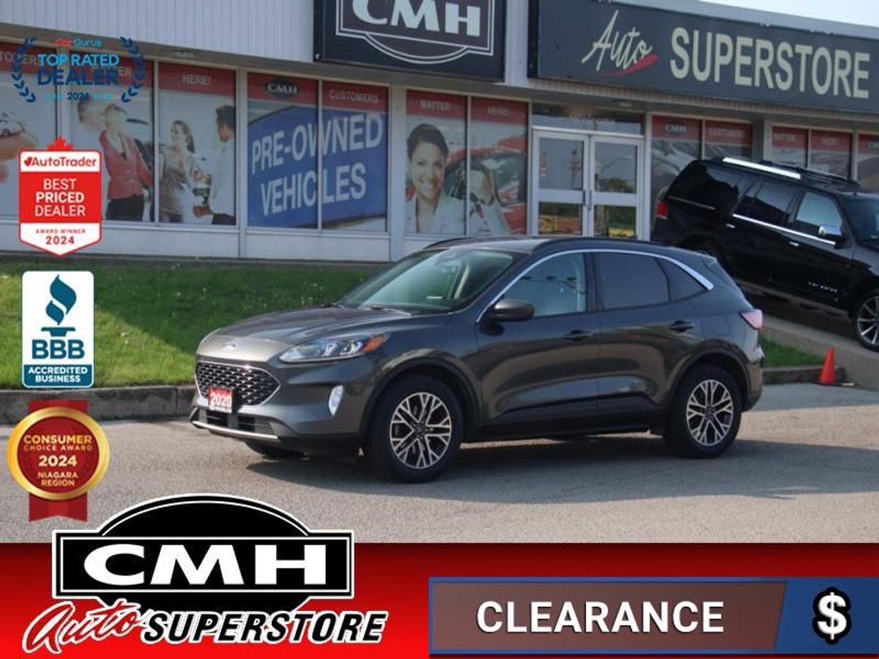<b>NICELY EQUIPPED !! NAVIGATION, REAR CAMERA, PARKING SENSORS, COLLISION SENSORS, LANE KEEPING, BLIND SPOT, ADAPTIVE CRUISE, APPLE CARPLAY, ANDROID AUTO, AUTO HIGH BEAM, POWER LIFTGATE, HEATED SEATS, HEATED STEERING WHEEL, POWER DRIVER SEAT, 18-IN ALLOYS</b><br>  <br>CMH certifies that all vehicles meet DOUBLE the Ministry standards for Brakes and Tires<br><br> <br>    This  2020 Ford Escape is for sale today. <br> <br>All new for 2020, the Ford Escape was built for an active lifestyle and offers plenty of options for you to hit the road in your own individual style. Whether you need a family SUV for soccer practice, a capable adventure vehicle, or both, the versatile Ford Escape has you covered. Built for those who live on the go, the Ford Escape was made to be unstoppable.This  SUV has 184,715 kms. Its  grey in colour  and is major accident free based on the <a href=https://vhr.carfax.ca/?id=RVl1ulL/WDVBzN7JO+Xjr8eK+68EGhAT target=_blank>CARFAX Report</a> . It has an automatic transmission and is powered by a  181HP 1.5L 3 Cylinder Engine. <br> <br> Our Escapes trim level is SEL. Upgrading to this Ford Escape SEL is a wise choice as it comes loaded with heated seats and a power driver seat with premium ActiveX material, unique aluminum wheels and Fords SYNC 3 infotainment system complete with a large touchscreen, Apple CarPlay and Android Auto. Additional features include a power rear liftgate, heated leather steering wheel, SiriusXM radio, FordPass Connect 4G LTE, automatic climate control, a smart device remote starter, plus exterior chrome accents. For added convenience and safety this Ford Escape also comes with a 60-40 split-folding rear seat, remote keyless entry with a proximity key, plus Ford Co-Pilot360 that features lane keep assist, a rear view camera with rear parking sensors , blind spot detection, automatic emergency braking and cross traffic alert. This vehicle has been upgraded with the following features: Power Liftgate,  Park Assist,  Heated Steering Wheel,  Heated Seats,  Aluminum Wheels,  Android Auto,  Apple Carplay. <br> To view the original window sticker for this vehicle view this <a href=http://www.windowsticker.forddirect.com/windowsticker.pdf?vin=1FMCU9H61LUA41163 target=_blank>http://www.windowsticker.forddirect.com/windowsticker.pdf?vin=1FMCU9H61LUA41163</a>. <br/><br> <br>To apply right now for financing use this link : <a href=https://www.cmhniagara.com/financing/ target=_blank>https://www.cmhniagara.com/financing/</a><br><br> <br/><br>Trade-ins are welcome! Financing available OAC ! Price INCLUDES a valid safety certificate! Price INCLUDES a 60-day limited warranty on all vehicles except classic or vintage cars. CMH is a Full Disclosure dealer with no hidden fees. We are a family-owned and operated business for over 30 years! o~o