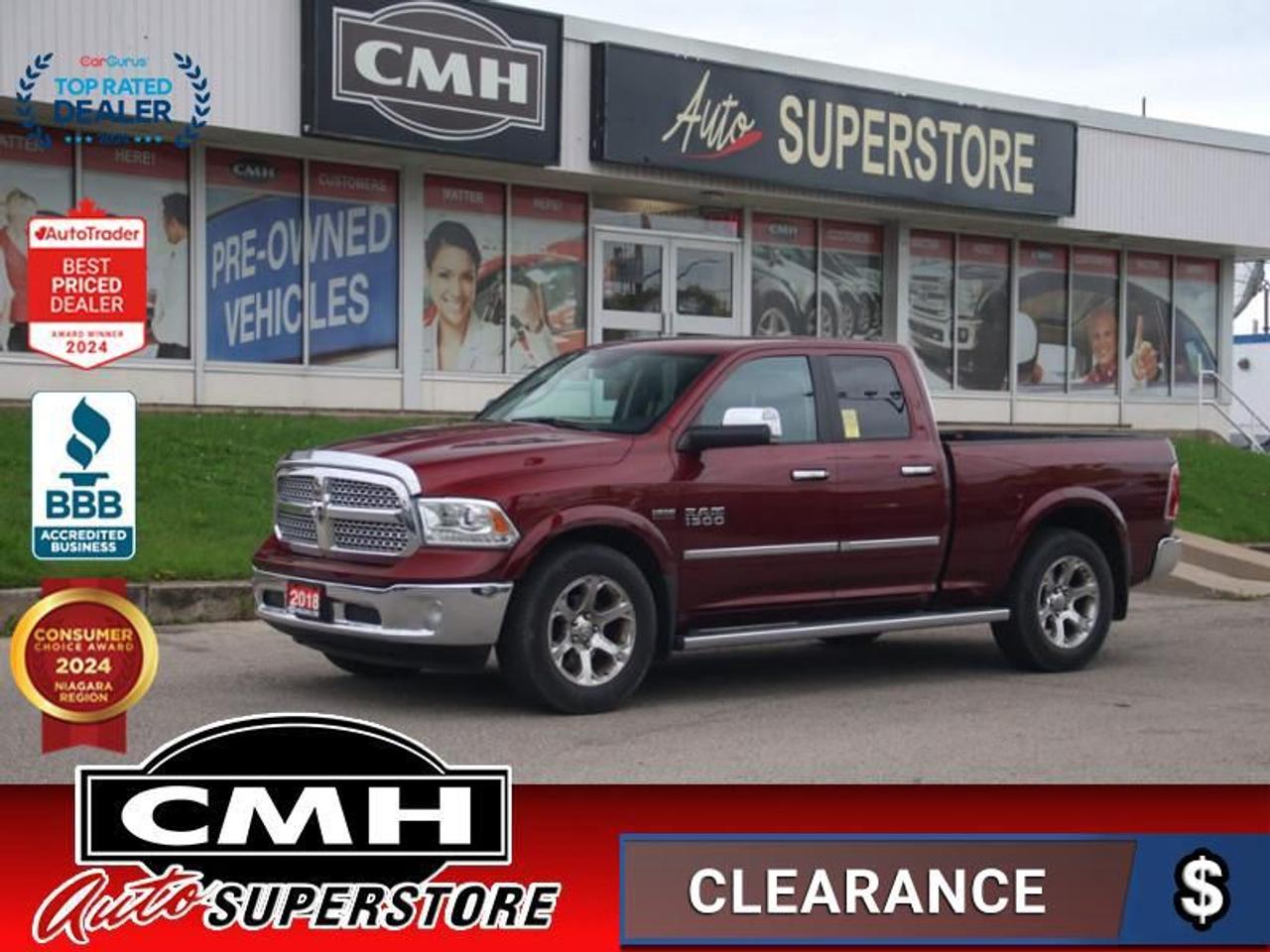 <b>ATTENTION BARGAIN HUNTERS !! 5.7L HEMI !! REAR CAMERA, PARKING SENSORS, APPLE CARPLAY, ANDROID AUTO, STEERING WHEEL CONTROLS, POWER DRIVER SEAT W/ MEMORY, COOLED SEATS, HEATED SEATS, HEATED STEERING WHEEL, DUAL CLIMATE CONTROL, POWER SLIDING REAR WINDOW</b><br>  <br>CMH certifies that all vehicles meet DOUBLE the Ministry standards for Brakes and Tires<br><br> <br>    This  2018 Ram 1500 is for sale today. <br> <br>The reasons why this Ram 1500 stands above the well-respected competition are evident: uncompromising capability, proven commitment to safety and security, and state-of-the-art technology. From its muscular exterior to the well-trimmed interior, this 2018 Ram 1500 is more than just a workhorse. Get the job done in comfort and style with this amazing full size truck. This low mileage  Quad Cab pickup  has just 55,005 kms. Its  red in colour  . It has an automatic transmission and is powered by a  395HP 5.7L 8 Cylinder Engine. <br> <br> Our 1500s trim level is Laramie. Upgrade to a new level of class in a pickup truck with this Ram Laramie. It comes with leather seats which are heated and ventilated in front, a heated steering wheel, dual-zone automatic climate control, a Uconnect infotainment system with Bluetooth, SiriusXM, and 10-speaker audio, chrome exterior trim including chrome-clad aluminum wheels, a rearview camera, rear park assist, and more. This vehicle has been upgraded with the following features: Leather Seats,  Cooled Seats,  Bluetooth,  Premium Sound Package,  Heated Seats,  Heated Steering Wheel,  Rear View Camera. <br> To view the original window sticker for this vehicle view this <a href=http://www.chrysler.com/hostd/windowsticker/getWindowStickerPdf.do?vin=1C6RR6JT6JS330263 target=_blank>http://www.chrysler.com/hostd/windowsticker/getWindowStickerPdf.do?vin=1C6RR6JT6JS330263</a>. <br/><br> <br>To apply right now for financing use this link : <a href=https://www.cmhniagara.com/financing/ target=_blank>https://www.cmhniagara.com/financing/</a><br><br> <br/><br>Trade-ins are welcome! Financing available OAC ! Price INCLUDES a valid safety certificate! Price INCLUDES a 60-day limited warranty on all vehicles except classic or vintage cars. CMH is a Full Disclosure dealer with no hidden fees. We are a family-owned and operated business for over 30 years! o~o