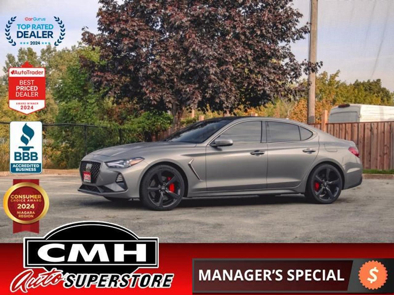 <b>3.3T SPORT !! AWD !! NAVIGATION, 360 CAMERA, PARKING SENSORS, LANE DEPARTURE, ADAPTIVE CRUISE CONTROL, HEADS UP DISPLAY, APPLE CARPLAY, ANDROID AUTO, PANORAMIC SUNROOF, LEATHER, POWER SEATS, COOLED + HEATED SEATS, HEATED STEERING WHEEL, 19-IN ALLOYS</b><br>  <br>CMH certifies that all vehicles meet DOUBLE the Ministry standards for Brakes and Tires<br><br> <br>    This  2021 Genesis G70 is for sale today. <br> <br>Introducing this 2021 Genesis G70. Expressing power that is forceful, yet never feels forced. Engineered to excel not just on paper, but on pavement. Equipped to entertain and inform. Protect and connect. Designed, in every aspect, to celebrate the pure, unbridled fun of sporty driving. This  sedan has 78,931 kms. Its  grey in colour  . It has an automatic transmission and is powered by a  365HP 3.3L V6 Cylinder Engine. <br> <br> Our G70s trim level is 3.3T Sport. Luxury and performance come together perfectly in this stunning Genesis G70 3.3T Sport. Standard features include a sporty exterior, Brembo brakes, dual exhaust, quilted Nappa leather seats which are heated and cooled in front, heated back seats, a heated steering wheel, LED lighting, a multi-view camera system, a heads up display, navigation, Android Auto, Apple CarPlay, Lexicon premium audio, a power sunroof, adaptive cruise control, blind spot assist, lane keep assist, and collision mitigation. This vehicle has been upgraded with the following features: Navigation,  Sunroof,  Leather Seats,  Cooled Seats,  Heated Seats,  Heated Steering Wheel,  Premium Audio. <br> <br>To apply right now for financing use this link : <a href=https://www.cmhniagara.com/financing/ target=_blank>https://www.cmhniagara.com/financing/</a><br><br> <br/><br>Trade-ins are welcome! Financing available OAC ! Price INCLUDES a valid safety certificate! Price INCLUDES a 60-day limited warranty on all vehicles except classic or vintage cars. CMH is a Full Disclosure dealer with no hidden fees. We are a family-owned and operated business for over 30 years! o~o