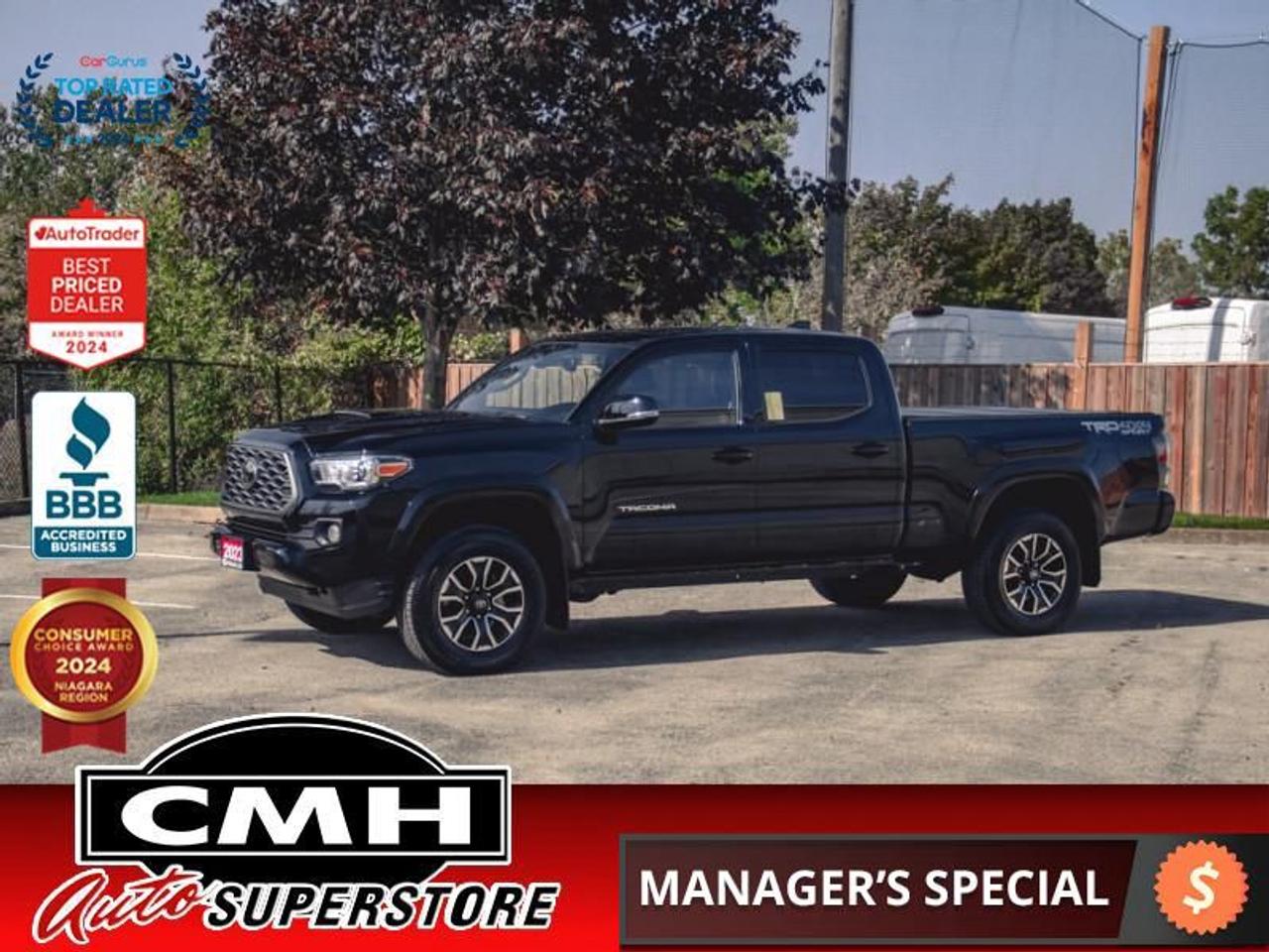 <b>ONLY 12,000 KMS !! 4X4 !! REAR CAMERA, ADAPTIVE CRUISE CONTROL, COLLISION SENSORS, LANE DEPARTURE, APPLE CARPLAY, ANDROID AUTO, SUNROOF, LEATHER, HEATED SEATS, DUAL CLIMATE CONTROL, POWER SLIDING REAR WINDOW, WIRELESS PHONE CHARGER, 17-INCH ALLOY WHEELS</b><br>  <br>CMH certifies that all vehicles meet DOUBLE the Ministry standards for Brakes and Tires<br><br> <br>    This  2023 Toyota Tacoma is for sale today. <br> <br>This 2023 Toyota Tacoma is a result of rich off-roading legacy combined with capable modern technology, in an attractive package. Inside youll find superior comfort and technology to keep you feeling refreshed during those hard-charging expeditions and its advanced off-road suspension makes sure you get home in one piece. If you find yourself ready for a truck that can actually keep up with your on the go lifestyle, then this Tacoma is a great place to start.This low mileage  Crew Cab 4X4 pickup  has just 11,475 kms. Its  black in colour  and is major accident free based on the <a href=https://vhr.carfax.ca/?id=VSaDma8AUMJHnd4ptdYIhDFNyJrUpcT/ target=_blank>CARFAX Report</a> . It has an automatic transmission and is powered by a  278HP 3.5L V6 Cylinder Engine. <br> <br> Our Tacomas trim level is TRD Sport Premium. This desirable Tacoma TRD Sport Premium is an excellent choice as it comes loaded with sport-tuned suspension, leather upholstery, an express open/close power sunroof, unique aluminum wheels, proximity keyless entry, heated front seats, a larger 8 inch touchscreen that features Apple CarPlay, Android Auto, premium speakers, wireless charging, SiriusXM and wireless streaming audio. Additional features include LED running lights, a leather wrapped steering wheel, a power driver seat, dual zone climate control, an easy lift & lower tailgate with a rear step bumper, a sliding rear window and Toyota Safety Sense that includes blind spot detection, lane departure warning, automatic highbeam assist, dynamic radar cruise control and pedestrian detection plus much more. This vehicle has been upgraded with the following features: Sport Suspension,  Leather Seats,  Sunroof,  Heated Seats,  Apple Carplay,  Android Auto,  Adaptive Cruise Control. <br> <br>To apply right now for financing use this link : <a href=https://www.cmhniagara.com/financing/ target=_blank>https://www.cmhniagara.com/financing/</a><br><br> <br/><br>Trade-ins are welcome! Financing available OAC ! Price INCLUDES a valid safety certificate! Price INCLUDES a 60-day limited warranty on all vehicles except classic or vintage cars. CMH is a Full Disclosure dealer with no hidden fees. We are a family-owned and operated business for over 30 years! o~o