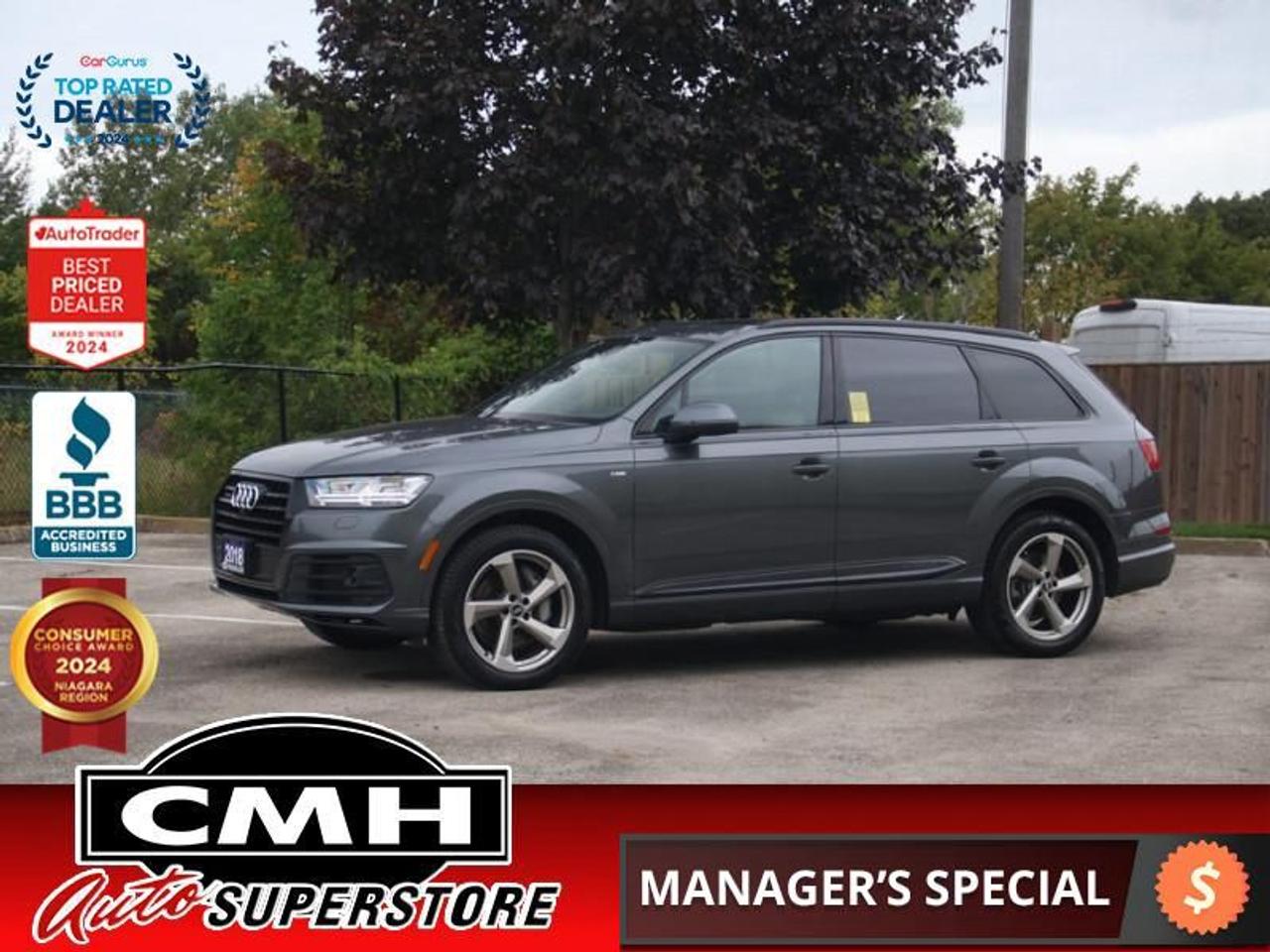 <b>S LINE PACKAGE !! QUATTRO !! NAVIGATION, REAR CAMERA, PARKING SENSORS, LANE KEEPING, BLIND SPOT, ADAPTIVE CRUISE, HEADS UP DISPLAY, APPLE CARPLAY, PANORAMIC SUNROOF, LEATHER, POWER SEATS, COOLED/HEATED SEATS, HEATED STEERING WHEEL, POWER LIFTGATE</b><br>  <br>CMH certifies that all vehicles meet DOUBLE the Ministry standards for Brakes and Tires<br><br> <br>    This  2018 Audi Q7 is for sale today. <br> <br>When designing this Q7 three-row crossover, Audi set out to craft a vehicle that not only has available advanced technologies and luxuries that make for a near perfect sanctuary but is also thoughtfully shaped to transcend trends and remain timeless. The result is a roomy, comfortable, luxurious SUV with a measure of performance that sets it apart from the crowd. This  SUV has 135,122 kms. Its  gray in colour  and is major accident free based on the <a href=https://vhr.carfax.ca/?id=f6AHpOWp2ZPmQv06vAnKTQ5qtxQk9AF5 target=_blank>CARFAX Report</a> . It has an automatic transmission and is powered by a  333HP 3.0L V6 Cylinder Engine. <br> <br> Our Q7s trim level is 3.0 TFSI quattro Technik. This range-topping Audi Q7 Technik delivers everything you could want in a luxury SUV. It comes with navigation, Bluetooth, SiriusXM, 19-speaker premium audio, leather seats which are heated and cooled in front, dual-zone front and rear automatic climate control, a 360-degree camera, blind spot assist, a heated, leather-wrapped steering wheel, a power liftgate, a power sunroof, and more. This vehicle has been upgraded with the following features: Sunroof,  Navigation,  Leather Seats,  Cooled Seats,  Premium Sound Package,  Bluetooth,  Rear View Camera. <br> <br>To apply right now for financing use this link : <a href=https://www.cmhniagara.com/financing/ target=_blank>https://www.cmhniagara.com/financing/</a><br><br> <br/><br>Trade-ins are welcome! Financing available OAC ! Price INCLUDES a valid safety certificate! Price INCLUDES a 60-day limited warranty on all vehicles except classic or vintage cars. CMH is a Full Disclosure dealer with no hidden fees. We are a family-owned and operated business for over 30 years! o~o