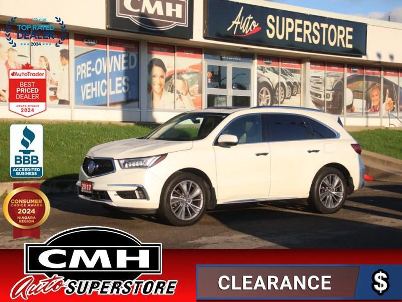 <b>LOADED AWD !! NAVIGATION, REAR CAMERA, ADAPTIVE CRUISE CONTROL, LANE DEPARTURE, COLLISION SENSORS, BLUETOOTH, PANORAMIC SUNROOF, POWER SEATS W/ DRIVER MEMORY, HEATED SEATS, HEATED STEERING WHEEL, DUAL CLIMATE CONTROL, POWER LIFTGATE, 20-INCH ALLOYS</b><br>  <br>CMH certifies that all vehicles meet DOUBLE the Ministry standards for Brakes and Tires<br><br> <br>    This  2017 Acura MDX is for sale today. <br> <br>Precision crafted performance is at the heart of everything Acura does and its in every detail of the MDX crossover. From the bold design to groundbreaking technology, the MDX is pure progress for SUVs, and for drivers. Versatility, technology, and a rewarding driving experience come together seamlessly in the luxurious Acura MDX. This  SUV has 105,059 kms. Its  white in colour  and is major accident free based on the <a href=https://vhr.carfax.ca/?id=ZgdZW56I9iZvSobfd16dJEHoGbzXOnS7 target=_blank>CARFAX Report</a> . It has an automatic transmission and is powered by a  290HP 3.5L V6 Cylinder Engine. <br> <br> Our MDXs trim level is Elite. Upgrade to the MDX Elite and youll be generously rewarded. It comes standard with rear DVD entertainment, navigation, heated and cooled leather seats, Smart Slide second row seat, 50/50 split folding third seat, a heated steering wheel, a power moonroof, Bluetooth, SiriusXM, 8 speaker audio, adaptive cruise control, lane keep assist, automatic emergency braking, forward collision warning, blind spot detection, a rearview camera, a power tailgate, remote start, tri-zone automatic climate control, fog lights, and more. This vehicle has been upgraded with the following features: Sunroof,  Cooled Seats,  Leather Seats,  Navigation,  Rear Entertainment,  Adaptive Cruise Control,  Lane Keep Assist. <br> <br>To apply right now for financing use this link : <a href=https://www.cmhniagara.com/financing/ target=_blank>https://www.cmhniagara.com/financing/</a><br><br> <br/><br>Trade-ins are welcome! Financing available OAC ! Price INCLUDES a valid safety certificate! Price INCLUDES a 60-day limited warranty on all vehicles except classic or vintage cars. CMH is a Full Disclosure dealer with no hidden fees. We are a family-owned and operated business for over 30 years! o~o