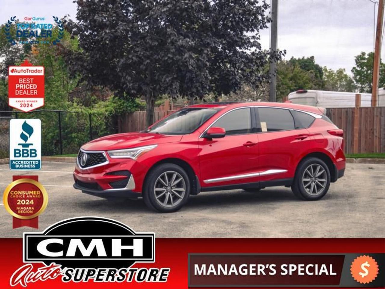 <b>ONLY 40,000 KMS !! NAVIGATION, REAR CAMERA, ADAPTIVE CRUISE, COLLISION SENSORS, BLIND SPOT, KANE KEEPING, APPLE CARPLAY, ANDROID AUTO, PANORAMIC SUNROOF, LEATHER, POWER SEATS, HEATED SEATS, HEATED STEERING WHEEL, POWER LIFTGATE, 19-IN ALLOY WHEELS</b><br>  <br>CMH certifies that all vehicles meet DOUBLE the Ministry standards for Brakes and Tires<br><br> <br>    This  2019 Acura RDX is for sale today. <br> <br>the 2019 Acura RDX is cleaner, sharper, and more distinct, with a modern new take on what a crossover should look and feel like. This Acura RDX has all that it takes to be the best SUV in the Acura line up, and more so one of the best crossovers within its segment. Restyled with a luxurious looking grille and multiple added details, this Acura RDX is no longer just your modern crossover SUV, but more of a statement piece.This low mileage  SUV has just 39,786 kms. Its  red in colour  and is major accident free based on the <a href=https://vhr.carfax.ca/?id=F/QZaCZnoRPwCXHiUFAdakv/MUmVSoUK target=_blank>CARFAX Report</a> . It has an automatic transmission and is powered by a  272HP 2.0L 4 Cylinder Engine. <br> <br> Our RDXs trim level is Elite AWD. This Elite RDX is dressed to impress with leather seats, heated steering wheel, hands free power liftgate, Elite exclusive wheels, auto dimming mirrors, headlamp washers, and perimeter and approach puddle lamps. This RDX is packed with premium features like power moonroof, leatherette seats, driver memory settings, heated seats, power liftgate, 7 inch multi information display, remote start, keyless access, navigation, a premium audio system, 10 inch touchscreen, Bluetooth, SiriusXM, Apple CarPlay, Wi-Fi, HD Radio, Siri EyesFree, USB connectivity, and texting and e-mail assistance. You also get modern driver assistance and active safety features like collision and road departure mitigation with forward collision warning, lane keep assist with departure warning, adaptive cruise control, blind spot information system, front and rear parking sensors, rain sensing wipers, and speed limit information. This vehicle has been upgraded with the following features: Leather Seats,  Sunroof,  Navigation,  Premium Audio,  Heated Seats,  Heated Steering Wheel,  Power Liftgate. <br> <br>To apply right now for financing use this link : <a href=https://www.cmhniagara.com/financing/ target=_blank>https://www.cmhniagara.com/financing/</a><br><br> <br/><br>Trade-ins are welcome! Financing available OAC ! Price INCLUDES a valid safety certificate! Price INCLUDES a 60-day limited warranty on all vehicles except classic or vintage cars. CMH is a Full Disclosure dealer with no hidden fees. We are a family-owned and operated business for over 30 years! o~o