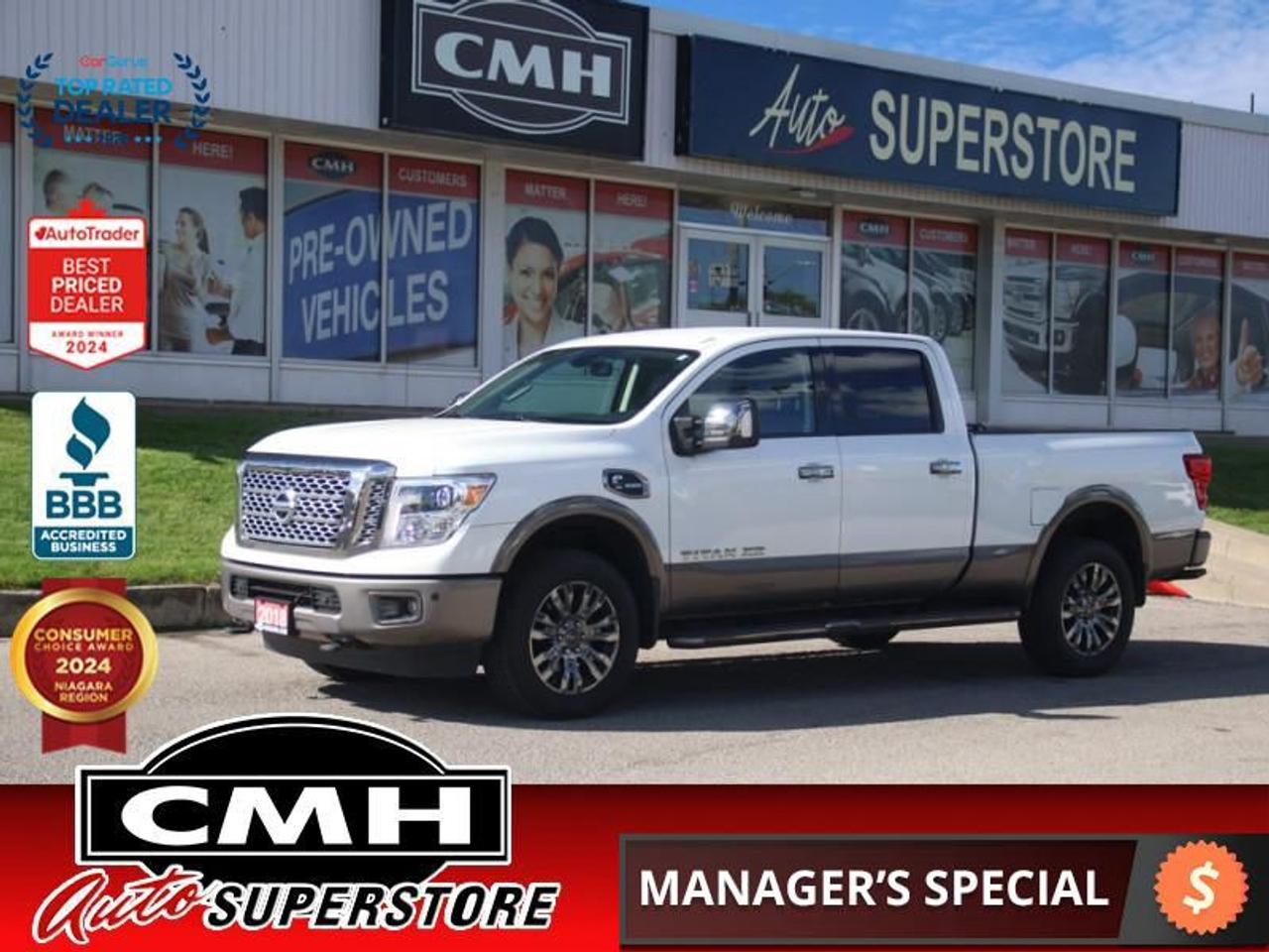 <b>ONLY 44,000 KMS !! CUMMINS TURBO DIESEL !! NAVIGATION, 360 CAMERA, BLIND SPOT, PARKING SENSORS, BLUETOOTH, TRAILER BRAKE CONTROLLER, POWER SLIDING REAR WINDOW, POWER SEATS W/ DRIVER MEMORY, LEATHER, COOLED/HEATED SEATS, REMOTE START, 20-INCH ALLOY WHEELS</b><br>  <br>CMH certifies that all vehicles meet DOUBLE the Ministry standards for Brakes and Tires<br><br> <br>    This  2018 Nissan Titan XD is for sale today. <br> <br>With this Nissan Titan XD, youve got the tools you need for every job. You get awesome capability with epic towing capacity. This truck is held together by a massive chassis and commercially proven components underneath and a smart, spacious cabin up top. This Titan XD has the sense of a light-duty with the heart of a heavy-duty. This low mileage  sought after diesel Crew Cab 4X4 pickup  has just 43,609 kms. Its  white in colour  and is major accident free based on the <a href=https://vhr.carfax.ca/?id=XiVYj65RfKlbCa4nBqcIJwgi0p2NrShV target=_blank>CARFAX Report</a> . It has an automatic transmission and is powered by a  310HP 5.0L 8 Cylinder Engine. <br> <br> Our Titan XDs trim level is Platinum Reserve. Platinum Reserve is the top trim for the Titan and it shows in every detail. It comes with navigation, Bluetooth, SiriusXM, Rockford Fosgate premium audio, premium leather seats which are heated and cooled in front, heated rear seats, a heated, leather-wrapped steering wheel with audio and cruise control, an around view monitor with moving object detection, blind spot warning, and more. This vehicle has been upgraded with the following features: Navigation,  Leather Seats,  Cooled Seats,  Heated Seats,  Bluetooth,  Premium Sound Package,  Rear View Camera. <br> <br>To apply right now for financing use this link : <a href=https://www.cmhniagara.com/financing/ target=_blank>https://www.cmhniagara.com/financing/</a><br><br> <br/><br>Trade-ins are welcome! Financing available OAC ! Price INCLUDES a valid safety certificate! Price INCLUDES a 60-day limited warranty on all vehicles except classic or vintage cars. CMH is a Full Disclosure dealer with no hidden fees. We are a family-owned and operated business for over 30 years! o~o