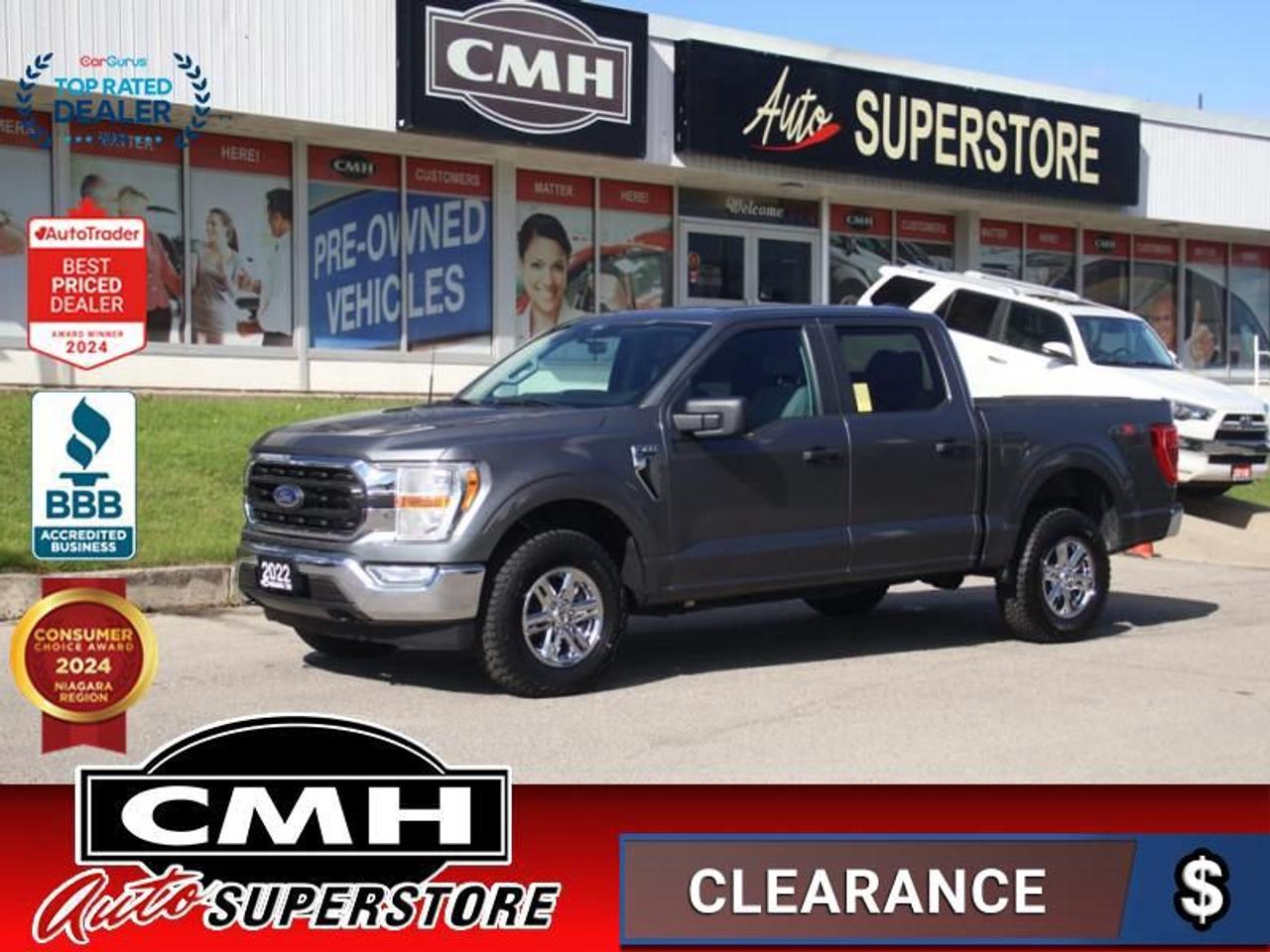 <b>CREW 4X4 !! 5.0L V8 !! REAR CAMERA, PARKING SENSORS, BLIND SPOT DETECTION, LANE KEEPING ASSIST, COLLISION SENSORS, APPLE CARPLAY, ANDROID AUTO, BLUETOOTH, STEERING WHEEL CONTROLS, CRUISE CONTROL, POWER DRIVER SEAT, 17-INCH ALLOY WHEELS</b><br>  <br>CMH certifies that all vehicles meet DOUBLE the Ministry standards for Brakes and Tires<br><br> <br>    This  2022 Ford F-150 is for sale today. <br> <br>The perfect truck for work or play, this versatile Ford F-150 gives you the power you need, the features you want, and the style you crave! With high-strength, military-grade aluminum construction, this F-150 cuts the weight without sacrificing toughness. The interior design is first class, with simple to read text, easy to push buttons and plenty of outward visibility. With productivity at the forefront of design, the F-150 makes use of every single component was built to get the job done right!This  Crew Cab 4X4 pickup  has 69,267 kms. Its  carbonized grey metallic in colour  and is major accident free based on the <a href=https://vhr.carfax.ca/?id=Femh7LCVn5T65FWx1N3i+yJtVUBT3ibn target=_blank>CARFAX Report</a> . It has an automatic transmission and is powered by a  400HP 5.0L 8 Cylinder Engine. <br> <br> Our F-150s trim level is XLT. Upgrading to the class leader, this Ford F-150 XLT comes very well equipped with remote keyless entry and remote engine start, dynamic hitch assist, Ford Co-Pilot360 that features lane keep assist, pre-collision assist and automatic emergency braking. Enhanced features include aluminum wheels, chrome exterior accents, SYNC 3 with enhanced voice recognition, Apple CarPlay and Android Auto, FordPass Connect 4G LTE, steering wheel mounted cruise control, a powerful audio system, cargo box lights, power door locks and a rear view camera to help when backing out of a tight spot. This vehicle has been upgraded with the following features: Remote Start,  Apple Carplay,  Android Auto,  Aluminum Wheels,  Ford Co-pilot360,  Dynamic Hitch Assist,  Lane Keep Assist. <br> To view the original window sticker for this vehicle view this <a href=http://www.windowsticker.forddirect.com/windowsticker.pdf?vin=1FTFW1E57NFB48007 target=_blank>http://www.windowsticker.forddirect.com/windowsticker.pdf?vin=1FTFW1E57NFB48007</a>. <br/><br> <br>To apply right now for financing use this link : <a href=https://www.cmhniagara.com/financing/ target=_blank>https://www.cmhniagara.com/financing/</a><br><br> <br/><br>Trade-ins are welcome! Financing available OAC ! Price INCLUDES a valid safety certificate! Price INCLUDES a 60-day limited warranty on all vehicles except classic or vintage cars. CMH is a Full Disclosure dealer with no hidden fees. We are a family-owned and operated business for over 30 years! o~o