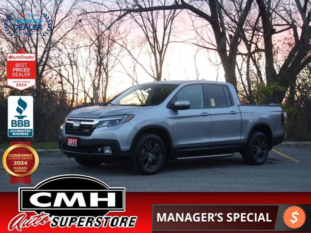 <b>ONLY 69,000 KMS !! AWD !! REAR CAMERA, ADAPTIVE CRUISE CONTROL, LANE KEEPING, COLLISION SENSORS, BLUETOOTH, STEERING WHEEL CONTROLS, SUNROOF, POWER DRIVER SEAT, HEATED SEATS, DUAL CLIMATE CONTROL, REMOTE START, SPRAY LINER, 18-INCH ALLOY WHEELS</b><br>  <br>CMH certifies that all vehicles meet DOUBLE the Ministry standards for Brakes and Tires<br><br> <br>    This  2017 Honda Ridgeline is for sale today. <br> <br>Honda threw out the rulebook with the Ridgeline and made a totally unconventional pickup truck. It has all the utility of a pickup combined with car-like ride quality. Its unique unibody design gives it excellent road manners and a smooth ride while maintaining the hard-working functionality of a truck. Theres never been a pickup thats easier to drive. Packed with quirks, versatility, and character the Honda Ridgeline is one of a kind. This low mileage  Crew Cab 4X4 pickup  has just 69,076 kms. Its  silver in colour  and is major accident free based on the <a href=https://vhr.carfax.ca/?id=/K+BoBJy2h4D/0X02cu5fqAiAp3P12tr target=_blank>CARFAX Report</a> . It has an automatic transmission and is powered by a  280HP 3.5L V6 Cylinder Engine. <br> <br> Our Ridgelines trim level is Sport. The Sport trim adds some nice features to this Ridgeline. It comes with all wheel drive, a display audio system with Bluetooth and 7 speaker audio, 2 USB ports, forward collision warning, adaptive cruise control, heated front seats, remote start, a rear view camera, LaneWatch blind spot detection, tri zone automatic climate control, a power moonroof, fog lights, and much more. This vehicle has been upgraded with the following features: Sunroof,  Bluetooth,  Adaptive Cruise Control,  Rear View Camera,  Remote Start,  Blind Spot Detection. <br> <br>To apply right now for financing use this link : <a href=https://www.cmhniagara.com/financing/ target=_blank>https://www.cmhniagara.com/financing/</a><br><br> <br/><br>Trade-ins are welcome! Financing available OAC ! Price INCLUDES a valid safety certificate! Price INCLUDES a 60-day limited warranty on all vehicles except classic or vintage cars. CMH is a Full Disclosure dealer with no hidden fees. We are a family-owned and operated business for over 30 years! o~o